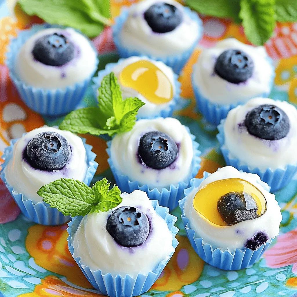 To make Frozen Blueberry Yogurt Bites, you need the following main ingredients: - 2 cups fresh blueberries - 1 cup plain Greek yogurt - 2 tablespoons honey or maple syrup - 1 teaspoon vanilla extract - A pinch of salt These ingredients blend well to create a creamy and tasty treat. The blueberries give a burst of flavor. Greek yogurt adds creaminess and protein. Honey or maple syrup adds sweetness. You can also try these optional ingredients to change things up: - A sprinkle of cinnamon for warmth - Chopped nuts for crunch - Shredded coconut for a tropical twist These optional ingredients allow you to customize your yogurt bites. Feel free to mix and match as you like. To make these yogurt bites, gather the following equipment: - A mixing bowl - A spoon or spatula - Mini paper cupcake liners or a silicone mold - A muffin tin Using the right tools makes the process easy and fun. You’ll enjoy creating these tasty snacks! Want to see the full recipe? Check out the Full Recipe for all the details. To start, grab a mixing bowl. Add 1 cup of plain Greek yogurt. Then, mix in 2 tablespoons of honey or maple syrup for sweetness. Next, add 1 teaspoon of vanilla extract for flavor. Don’t forget a pinch of salt; it enhances the taste. Stir everything until you see a smooth and creamy mix. This yogurt blend is key for your frozen bites. Now, wash 2 cups of fresh blueberries. Gently pat them dry with a paper towel. Line a mini muffin tin with mini paper cupcake liners or use a silicone mold. Place a few blueberries in each liner. Make sure they are spread out well. Then, scoop the yogurt mixture over the blueberries. Fill each liner about three-quarters full. Smooth the top with a spoon so the blueberries are fully covered. After assembling, put the muffin tin in the freezer. Let the yogurt bites freeze for at least 4 hours. Once they are completely solid, take them out. Carefully remove the bites from the liners or molds. Store the frozen yogurt bites in an airtight container in the freezer. They make a great snack or dessert! For a fun touch, serve them on a colorful plate with mint leaves. Enjoy this refreshing treat! To make the best frozen blueberry yogurt bites, start with fresh blueberries. Look for berries that are firm and bright in color. Avoid ones that are mushy or have spots. Fresh blueberries pack a sweet flavor and a juicy bite. You can use frozen blueberries, but they may not hold their shape as well. For a fun twist, try mixing in different types of berries. Texture is key for these yogurt bites. Use full-fat Greek yogurt for a creamy base. If you prefer a lighter option, go for low-fat yogurt. Mix until the yogurt is smooth and creamy. Make sure to cover the blueberries with yogurt. This helps them freeze evenly and stay tasty. If the yogurt is too thick, add a splash of milk to thin it out. You can easily jazz up the flavor of your yogurt bites. Add a pinch of cinnamon for warmth or some lemon zest for a fresh twist. Swap honey for maple syrup for a different sweetness. Try mixing in nut butter for a rich taste. Each variation makes the bites more exciting and fun to eat. For the full recipe, check out the instructions above. {{image_2}} You can change the fruit in your yogurt bites. Strawberries, raspberries, and blackberries work great too. Just pick your favorite berries. You can even use diced peaches or mangoes for a twist. The key is to keep the fruit fresh and ripe. This ensures your yogurt bites taste their best. Try mixing different fruits for fun flavors and colors. If you want a dairy-free option, use coconut yogurt or almond yogurt. These yogurts still give you a creamy texture. They add a nice flavor to the bites. You can also try cashew yogurt for a rich taste. Just make sure the yogurt is thick enough to hold its shape. This way, the bites freeze well and taste delicious. You can switch up the sweeteners in your recipe. Instead of honey, try agave syrup or date syrup. These options give a unique flavor that pairs well with the fruit. You can also use stevia or monk fruit for a low-calorie treat. Adjust the amount based on your taste. A little sweetness goes a long way, so start small and taste as you go. For the full recipe, check out the steps above. To keep your frozen blueberry yogurt bites fresh, use an airtight container. Place a layer of parchment paper between layers if you stack them. This step helps prevent sticking. Make sure the lid seals tight to avoid freezer burn. If you want to keep them even longer, wrap each bite in plastic wrap before placing them in the container. These bites can last up to three months in the freezer. Over time, they may lose some taste and texture. I recommend using them within a month for the best flavor. If they start to develop ice crystals, it's time to toss them out. Always check for any off smells or flavors before enjoying your snack. You can definitely reuse your mini paper cupcake liners or silicone molds! For paper liners, rinse them gently to remove any residue. Silicone molds are easy to clean; just wash them with warm, soapy water. Dry them thoroughly before storing. Reusing these items is a great way to save money and reduce waste. Yes, you can use frozen blueberries. They work well, but fresh berries taste better. Frozen blueberries may have more juice, so drain them before use. This keeps your yogurt bites from getting too watery. Your yogurt bites will last about two months in the freezer. Store them in an airtight container. This keeps them fresh and tasty for your next snack time. You can make yogurt bites without yogurt, but they will taste different. Try using coconut cream or a dairy-free yogurt. This gives a creamy texture while keeping it healthy. Each bite has about 30 calories. They contain protein from yogurt and vitamins from blueberries. You get a healthy treat that is low in fat and high in flavor. For the full recipe, check out the details above! You learned the basics of making Frozen Blueberry Yogurt Bites. We covered the key ingredients, step-by-step instructions, and essential tips. Exploring variations like dairy-free options adds fun. You also saw how to store them for longer life. In conclusion, these bites are easy to make and tasty. Get creative with flavors. Enjoy your healthy snacks!