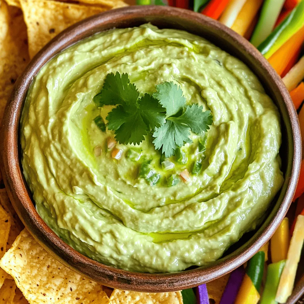 - 2 ripe avocados - 1/2 cup Greek yogurt - 1 small jalapeno, seeded and minced - 2 cloves garlic, minced The main ingredients for Creamy Jalapeno Avocado Dip are fresh and simple. Ripe avocados provide a creamy base. Greek yogurt adds a tangy flavor and boosts creaminess. The jalapeno gives a nice kick, and garlic adds depth. - 1 tablespoon lime juice - 1/4 teaspoon cumin - Salt and pepper to taste - 2 tablespoons fresh cilantro, chopped (optional for garnish) Seasonings elevate the dip's taste. Lime juice brightens the flavor, while cumin adds warmth. Salt and pepper round out the taste. If you like, add cilantro for a fresh touch. - Tortilla chips - Veggie sticks Serve this dip with crunchy tortilla chips for a classic choice. Veggie sticks, like carrots and cucumbers, offer a healthy option. Both pair well with the creamy dip. For the full recipe, check out the complete details on how to make this tasty snack. To start, cut the avocados in half. Remove the pit carefully. Scoop the green flesh into a mixing bowl. This is where the magic begins! Next, add the Greek yogurt, minced jalapeno, minced garlic, and lime juice. These ingredients bring bright flavors to the dip. Sprinkle in the cumin, and add salt and pepper to taste. Mix everything well until you see a beautiful blend of colors. You can use a fork or a food processor for blending. A fork gives a chunkier texture, while a food processor makes it creamy. If you want a smooth dip, go for the food processor. Blend until it reaches your desired texture. I like it creamy but with a little texture. Taste the dip to see if it needs more seasoning. Adjust the salt or lime juice if needed. This makes a huge difference in flavor! For a fresh touch, fold in some chopped cilantro. This step adds a nice pop of color and taste. Finally, transfer your dip to a serving bowl. Garnish with a few sprigs of cilantro on top. Serve right away with tortilla chips or veggie sticks for a tasty snack. For the full recipe, check out the details above! To make the best dip, you need ripe avocados. Ripe avocados are dark green to black. They should feel slightly soft when you press them. Avoid overripe avocados, which feel mushy and may have brown spots. When picking avocados, look for these signs: - Color: Dark green or black skin is best. - Firmness: Gently squeeze; it should yield slightly. To boost flavor, try adding spices or herbs. Here are some great options: - Spices: A pinch of smoked paprika adds depth. - Herbs: Chopped green onions or dill give a fresh taste. Consider pairing the dip with: - Tortilla chips: The crunch complements the creaminess. - Vegetable sticks: Carrots or cucumbers add a refreshing bite. For mixing, use the right tools. A good fork works, but a food processor saves time. Here’s how to get the best results: - Mixing tools: Use a bowl and a fork for a chunky dip. - Food processor tips: Pulse gently for a smooth texture without over-mixing. These tips will help you create a rich and tasty Creamy Jalapeno Avocado Dip. For the full recipe, check out the ingredients and step-by-step instructions! {{image_2}} If you love spice, try adding more jalapenos. You can use two or three jalapenos for a kick. Just remember to adjust the seeds based on how hot you want it. Another option is to add your favorite hot sauce. A few drops will amp up the heat and flavor. Try different sauces to find your favorite. You can make this dip lighter by using Greek yogurt substitutes. Plain low-fat yogurt or silken tofu work well. They still give a creamy texture. You can also use low-fat sour cream. This gives a nice taste while cutting some calories. For a fun twist, try some Southwest-style additions. Chopped tomatoes or corn will add sweetness and color. You can also use different herbs. Fresh parsley or dill can change the flavor. Each herb brings its own unique taste, so feel free to experiment. For the full recipe, check out the Creamy Jalapeno Avocado Dip section above. To keep your creamy jalapeno avocado dip fresh, store it in the fridge. Use an airtight container to prevent air from getting in. This helps keep the dip from turning brown. If you don’t have an airtight container, wrap the bowl tightly with plastic wrap. Can you freeze the dip? Yes, but it may change in texture. To freeze, place the dip in a freezer-safe container. Leave some space at the top for expansion. When you want to use it, move it to the fridge for a night to thaw. Avoid refreezing once it has thawed. How long does it last in the fridge? The dip stays good for about 3 to 5 days. Always check for signs of spoilage. If the dip has an off smell, or if it changes color, toss it out. Remember, fresh is best for taste and safety. Yes, you can use different types of yogurt. If you want a creamier dip, try sour cream. For a lighter option, use regular yogurt or plant-based yogurt. Greek yogurt gives a thicker texture, while regular yogurt is thinner. Choose what fits your taste! You have many tasty options for serving this dip. Here are some ideas: - Tortilla chips - Fresh veggie sticks like carrots and celery - Pita bread slices - Crackers - Toasted baguette slices These sides complement the creamy dip perfectly. Making this dip vegan is simple. Replace Greek yogurt with a plant-based yogurt, like almond or coconut yogurt. You can also use silken tofu blended until smooth as a great substitute. This keeps the dip creamy and delicious without dairy. Yes, this dip is gluten-free! All the ingredients in the recipe, like avocados, yogurt, and spices, do not contain gluten. However, check the labels on yogurt and any chips you serve to ensure they are gluten-free. Enjoy this dip worry-free! This blog covered how to make delicious Creamy Jalapeno Avocado Dip. We discussed key ingredients, step-by-step directions, and serving ideas. You learned how to pick ripe avocados and adjust flavors to suit your taste. Plus, I shared tips for storage and variations. Now, you have everything you need to enjoy this dip at your next gathering. Go ahead and impress your friends with your cooking skills!