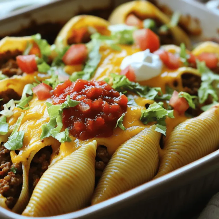 - 12 jumbo pasta shells - 1 lb ground beef (or ground turkey) - 1 tablespoon taco seasoning - 1 can (15 oz) refried beans - 1 cup salsa - 1 cup shredded cheddar cheese - 1 cup shredded lettuce - 1 medium tomato, diced - 1/2 cup sour cream - 2 tablespoons olive oil - Salt and pepper to taste To make crispy taco stuffed shells, you need these main ingredients. Jumbo pasta shells hold the filling well. I like using ground beef, but ground turkey works too. Taco seasoning adds great flavor, while refried beans give a creamy texture. You will need salsa for a juicy base. Shredded cheddar cheese brings richness and melts beautifully. The fresh toppings, like shredded lettuce and diced tomatoes, add crunch and color. Sour cream cools the heat and adds creaminess. Don't forget your olive oil, salt, and pepper for cooking. - Fresh cilantro - Avocado slices - Hot sauce These garnishes can elevate your meal. Fresh cilantro adds brightness. Avocado slices bring creaminess. A drizzle of hot sauce adds spice. Feel free to mix and match for your taste. For the full recipe, check out the Crunchy Taco Stuffed Shells. Enjoy creating this fun dish! - Preheat your oven to 375°F (190°C). - Bring a large pot of salted water to a boil. - Cook 12 jumbo pasta shells until al dente. Drain and set aside. - In a skillet, add 2 tablespoons of olive oil over medium heat. - Brown 1 pound of ground beef or turkey. Season with salt and pepper. - Cook for 5-7 minutes until fully cooked. - Stir in 1 tablespoon of taco seasoning and 1 can of refried beans. - Mix well and heat for 2-3 minutes. - Take a large baking dish. Spread half of 1 cup of salsa on the bottom. - Stuff each pasta shell with the beef mixture. - Place the stuffed shells in the baking dish on top of the salsa. - Pour the remaining salsa over the shells. - Sprinkle 1 cup of shredded cheddar cheese on top. - Cover the baking dish with foil. Bake for 20 minutes. - Remove the foil and bake for another 10 minutes. - Check for bubbly, golden cheese. - Let the dish cool for a few minutes before serving. - Top each serving with 1 cup of shredded lettuce, diced tomatoes, and 1/2 cup of sour cream. This method makes Crispy Taco Stuffed Shells easy and fun to prepare! You can find the Full Recipe for more details. To get that perfect crispy texture, choose cheese wisely. I recommend using sharp cheddar. It melts well and gives a nice crunch. You can also mix in some pepper jack for a twist. When baking, cover the dish with foil first. This helps cook the shells evenly. After 20 minutes, remove the foil and let them bake longer. This step lets the cheese bubble and turn golden brown. One big mistake is overstuffing the shells. If you pack them too tightly, they may burst in the oven. Fill them just enough to keep them intact. Another mistake is not letting the shells cool. If you serve them too hot, they may fall apart. Let them cool for a few minutes before digging in. This helps them hold their shape. A good baking dish makes all the difference. I suggest using a glass or ceramic dish. These materials distribute heat evenly, ensuring the shells cook well. For browning meat, a non-stick skillet works best. It helps prevent sticking and makes clean-up easier. Choose a skillet that is large enough to hold the meat without crowding. This way, it cooks evenly and quickly. {{image_2}} You can switch out ground beef for ground turkey. Turkey keeps the dish leaner while still tasty. For a vegetarian option, try lentils or black beans. Plant-based meat crumbles also work well. These swaps keep the flavor while fitting your diet. For a spicy kick, add jalapeños to the meat mixture. Fresh or pickled jalapeños both work great. You can also use spicy salsa or hot sauce. This twist adds heat and depth to your Crispy Taco Stuffed Shells. Cheese can change the whole dish. Try pepper jack cheese for a creamy, spicy flavor. If you need a dairy-free option, use vegan cheese shreds. This way, everyone can enjoy the meal without missing out. To keep your crispy taco stuffed shells fresh, place them in an airtight container. Make sure to let them cool to room temperature first. This helps prevent moisture build-up. You can store them in the fridge for up to three days. If you plan to eat them later, use glass or plastic containers with tight lids. This keeps them safe from other odors in the fridge. When it's time to enjoy your leftovers, you have two options for reheating: the oven or the microwave. For the best taste, use the oven. Preheat it to 350°F (175°C). Place the shells in a baking dish and cover with foil. Heat for about 15 minutes. This method keeps the shells crispy. If you use the microwave, place the shells on a plate. Heat them for 1-2 minutes. Be careful, as the microwave can make them soggy. If you want to save your stuffed shells for a longer time, freezing is a great option. First, let them cool completely. Place each shell in a single layer on a baking sheet. Freeze them for about two hours. Once frozen, transfer them to a freezer-safe bag or container. This prevents them from sticking together. You can freeze them for up to three months. To cook, thaw them in the fridge overnight. Then, bake in a preheated oven at 350°F (175°C) for about 25-30 minutes. Enjoy your crispy taco stuffed shells even later! For the full recipe, check out the earlier section. To make these shells, start by cooking the pasta. Boil the jumbo shells in salted water until they are al dente. While they cook, brown the ground beef in a skillet. Add taco seasoning and refried beans to the meat. Mix well and let it heat. After the shells cool, stuff them with the beef mixture. Place them in a baking dish with salsa on the bottom. Top with more salsa and cheese. Bake until the cheese is bubbly. This process gives you crunchy, tasty taco stuffed shells. Yes, you can prepare these shells in advance. After cooking the beef and stuffing the pasta, place them in the fridge. Cover the dish with foil. You can bake them later. This makes for a quick meal on busy days. Just add a few extra minutes to the baking time if they are cold. These taco stuffed shells pair well with many sides. You can serve them with a fresh salad or some tortilla chips. A bowl of guacamole or salsa also works great. For drinks, consider iced tea or a fruity soda. These options balance the meal and add fun! In this blog post, I detailed how to make delicious taco stuffed shells. You learned about the main ingredients and step-by-step instructions for preparation and cooking. I shared tips for achieving a crispy texture and highlighted common mistakes to avoid. Plus, I provided variations and storage info for leftovers. These taco stuffed shells are easy to make and fun to eat. Enjoy trying different flavors and sharing with friends and family. Cooking can be simple and tasty when you know how!