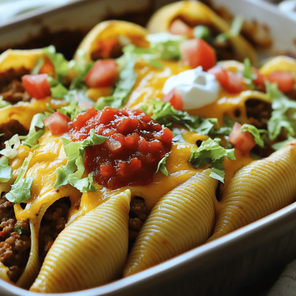 - 12 jumbo pasta shells - 1 lb ground beef (or ground turkey) - 1 tablespoon taco seasoning - 1 can (15 oz) refried beans - 1 cup salsa - 1 cup shredded cheddar cheese - 1 cup shredded lettuce - 1 medium tomato, diced - 1/2 cup sour cream - 2 tablespoons olive oil - Salt and pepper to taste To make crispy taco stuffed shells, you need these main ingredients. Jumbo pasta shells hold the filling well. I like using ground beef, but ground turkey works too. Taco seasoning adds great flavor, while refried beans give a creamy texture. You will need salsa for a juicy base. Shredded cheddar cheese brings richness and melts beautifully. The fresh toppings, like shredded lettuce and diced tomatoes, add crunch and color. Sour cream cools the heat and adds creaminess. Don't forget your olive oil, salt, and pepper for cooking. - Fresh cilantro - Avocado slices - Hot sauce These garnishes can elevate your meal. Fresh cilantro adds brightness. Avocado slices bring creaminess. A drizzle of hot sauce adds spice. Feel free to mix and match for your taste. For the full recipe, check out the Crunchy Taco Stuffed Shells. Enjoy creating this fun dish! - Preheat your oven to 375°F (190°C). - Bring a large pot of salted water to a boil. - Cook 12 jumbo pasta shells until al dente. Drain and set aside. - In a skillet, add 2 tablespoons of olive oil over medium heat. - Brown 1 pound of ground beef or turkey. Season with salt and pepper. - Cook for 5-7 minutes until fully cooked. - Stir in 1 tablespoon of taco seasoning and 1 can of refried beans. - Mix well and heat for 2-3 minutes. - Take a large baking dish. Spread half of 1 cup of salsa on the bottom. - Stuff each pasta shell with the beef mixture. - Place the stuffed shells in the baking dish on top of the salsa. - Pour the remaining salsa over the shells. - Sprinkle 1 cup of shredded cheddar cheese on top. - Cover the baking dish with foil. Bake for 20 minutes. - Remove the foil and bake for another 10 minutes. - Check for bubbly, golden cheese. - Let the dish cool for a few minutes before serving. - Top each serving with 1 cup of shredded lettuce, diced tomatoes, and 1/2 cup of sour cream. This method makes Crispy Taco Stuffed Shells easy and fun to prepare! You can find the Full Recipe for more details. To get that perfect crispy texture, choose cheese wisely. I recommend using sharp cheddar. It melts well and gives a nice crunch. You can also mix in some pepper jack for a twist. When baking, cover the dish with foil first. This helps cook the shells evenly. After 20 minutes, remove the foil and let them bake longer. This step lets the cheese bubble and turn golden brown. One big mistake is overstuffing the shells. If you pack them too tightly, they may burst in the oven. Fill them just enough to keep them intact. Another mistake is not letting the shells cool. If you serve them too hot, they may fall apart. Let them cool for a few minutes before digging in. This helps them hold their shape. A good baking dish makes all the difference. I suggest using a glass or ceramic dish. These materials distribute heat evenly, ensuring the shells cook well. For browning meat, a non-stick skillet works best. It helps prevent sticking and makes clean-up easier. Choose a skillet that is large enough to hold the meat without crowding. This way, it cooks evenly and quickly. {{image_2}} You can switch out ground beef for ground turkey. Turkey keeps the dish leaner while still tasty. For a vegetarian option, try lentils or black beans. Plant-based meat crumbles also work well. These swaps keep the flavor while fitting your diet. For a spicy kick, add jalapeños to the meat mixture. Fresh or pickled jalapeños both work great. You can also use spicy salsa or hot sauce. This twist adds heat and depth to your Crispy Taco Stuffed Shells. Cheese can change the whole dish. Try pepper jack cheese for a creamy, spicy flavor. If you need a dairy-free option, use vegan cheese shreds. This way, everyone can enjoy the meal without missing out. To keep your crispy taco stuffed shells fresh, place them in an airtight container. Make sure to let them cool to room temperature first. This helps prevent moisture build-up. You can store them in the fridge for up to three days. If you plan to eat them later, use glass or plastic containers with tight lids. This keeps them safe from other odors in the fridge. When it's time to enjoy your leftovers, you have two options for reheating: the oven or the microwave. For the best taste, use the oven. Preheat it to 350°F (175°C). Place the shells in a baking dish and cover with foil. Heat for about 15 minutes. This method keeps the shells crispy. If you use the microwave, place the shells on a plate. Heat them for 1-2 minutes. Be careful, as the microwave can make them soggy. If you want to save your stuffed shells for a longer time, freezing is a great option. First, let them cool completely. Place each shell in a single layer on a baking sheet. Freeze them for about two hours. Once frozen, transfer them to a freezer-safe bag or container. This prevents them from sticking together. You can freeze them for up to three months. To cook, thaw them in the fridge overnight. Then, bake in a preheated oven at 350°F (175°C) for about 25-30 minutes. Enjoy your crispy taco stuffed shells even later! For the full recipe, check out the earlier section. To make these shells, start by cooking the pasta. Boil the jumbo shells in salted water until they are al dente. While they cook, brown the ground beef in a skillet. Add taco seasoning and refried beans to the meat. Mix well and let it heat. After the shells cool, stuff them with the beef mixture. Place them in a baking dish with salsa on the bottom. Top with more salsa and cheese. Bake until the cheese is bubbly. This process gives you crunchy, tasty taco stuffed shells. Yes, you can prepare these shells in advance. After cooking the beef and stuffing the pasta, place them in the fridge. Cover the dish with foil. You can bake them later. This makes for a quick meal on busy days. Just add a few extra minutes to the baking time if they are cold. These taco stuffed shells pair well with many sides. You can serve them with a fresh salad or some tortilla chips. A bowl of guacamole or salsa also works great. For drinks, consider iced tea or a fruity soda. These options balance the meal and add fun! In this blog post, I detailed how to make delicious taco stuffed shells. You learned about the main ingredients and step-by-step instructions for preparation and cooking. I shared tips for achieving a crispy texture and highlighted common mistakes to avoid. Plus, I provided variations and storage info for leftovers. These taco stuffed shells are easy to make and fun to eat. Enjoy trying different flavors and sharing with friends and family. Cooking can be simple and tasty when you know how!