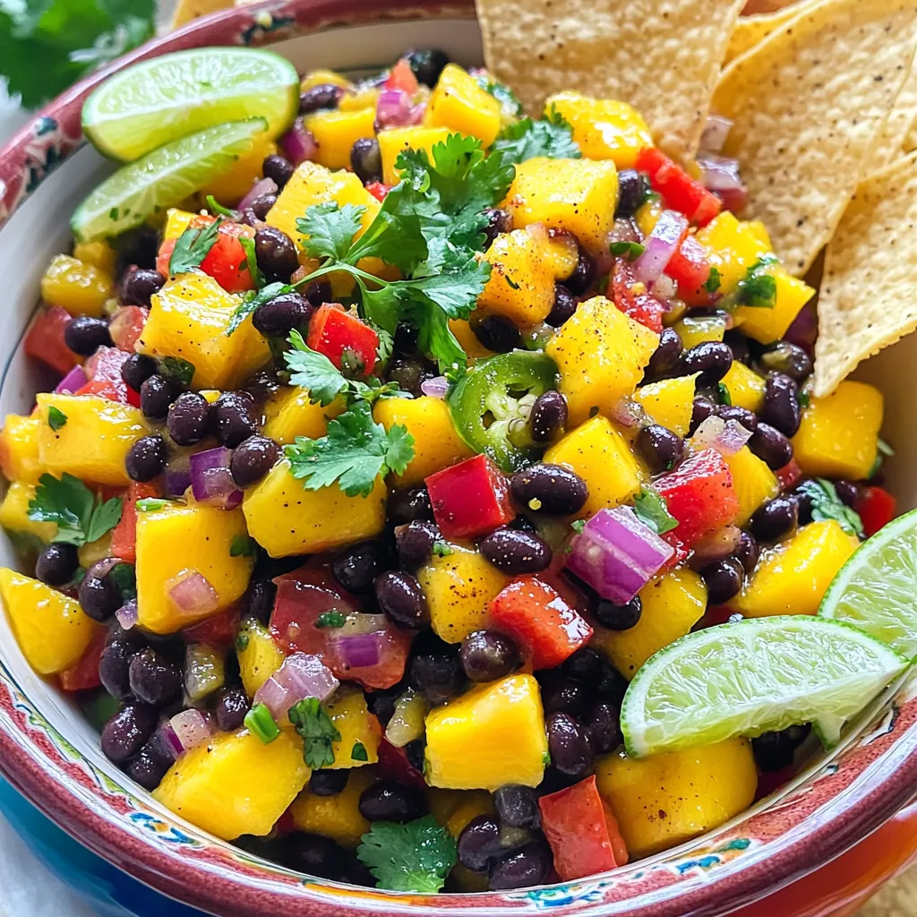 For a delightful Mango Black Bean Salsa, you'll need a few fresh ingredients. Here’s what to gather: - 1 ripe mango, diced - 1 can (15 oz) black beans, rinsed and drained - 1 red bell pepper, diced - 1 small red onion, finely chopped - 1 jalapeño, deseeded and minced - 1/4 cup fresh cilantro, chopped - Juice of 2 limes - Salt and pepper, to taste - 1 tablespoon olive oil - 1 teaspoon ground cumin These ingredients come together to create a bright and tasty dish. The ripe mango adds sweetness, while black beans give it a hearty base. The red bell pepper and onion add crunch and color. The jalapeño offers a little heat, but you can adjust it to your taste. Fresh cilantro brings a burst of freshness. Lime juice and olive oil tie everything together, adding a zesty flair. Lastly, cumin adds a warm, earthy note that enhances the overall flavor. You can find the full recipe for preparation details and serving suggestions. Enjoy making this salsa! To make Mango Black Bean Salsa, start with a large bowl. Combine these diced ingredients: - 1 ripe mango, diced - 1 can (15 oz) black beans, rinsed and drained - 1 red bell pepper, diced - 1 small red onion, finely chopped - 1 jalapeño, deseeded and minced - 1/4 cup fresh cilantro, chopped Next, mix your lime dressing in a smaller bowl. Whisk together: - Juice of 2 limes - 1 tablespoon olive oil - 1 teaspoon ground cumin - Salt and pepper, to taste Once your dressing is ready, pour it over the salsa mix. Gently toss everything together to coat the ingredients well. After mixing, taste the salsa. Adjust the seasoning to your liking. You might want more salt, pepper, or lime juice based on your taste. Cover the bowl with plastic wrap and refrigerate the salsa for at least 30 minutes. This resting time helps all the flavors meld together beautifully. When it’s time to serve, give the salsa another gentle toss. For a colorful presentation, use a bright bowl. Serve it with tortilla chips for dipping. Add lime wedges and extra cilantro on top for a fun touch. This salsa pairs well with grilled chicken or fish, making it a versatile dish to enjoy. For the full recipe, check back to ensure you have everything you need for this tasty treat! To pick the perfect mango, look for a few signs. A ripe mango feels slightly soft when you squeeze it. Its skin should have a nice color, often yellow or red. If it smells sweet near the stem, it’s likely ripe. If you find hard mangoes, leave them at room temperature for a few days. Once ripe, store them in the fridge to slow down ripening. Feel free to swap ingredients based on your taste. You can use black-eyed peas instead of black beans. If you like heat, add more jalapeños or even some diced serrano peppers. For a twist, try adding diced avocado or corn. To enhance flavor, sprinkle in some smoked paprika or chili powder. This adds a fun kick to your salsa. Cut your ingredients in different styles for more interest. Try dicing the bell pepper small and slicing the red onion into thin rings. This adds a nice visual touch. You can also mix in extra veggies like diced cucumber or chopped radishes. These additions bring crunch and color that make your salsa pop. This salsa is delightful and easy to make using the full recipe. Enjoy the vibrant flavors and fresh ingredients! {{image_2}} You can add a fun twist to mango black bean salsa. Try mixing in diced pineapple for a sweet touch. The juicy pineapple enhances the salsa's flavor and adds a tropical feel. You can also swap out black beans for kidney beans or chickpeas. Each legume brings its own taste and texture, making the salsa unique. If you want heat, add more jalapeños or a splash of hot sauce. This will give the salsa a spicy kick. You can also try using chili powder for a different type of heat. Just a pinch can change the flavor. Adjust the spice to fit your taste buds. Herbs can bring freshness to the salsa. Adding fresh mint or basil can brighten the dish. These herbs create a unique flavor that pairs well with the mango. You can also try other herbs like parsley or dill. Each herb gives the salsa a special twist. For more details on creating this flavorful dish, check out the Full Recipe. To store leftover salsa, place it in an airtight container. This helps keep it fresh. You can store it in the fridge for up to three days. After that, the flavors fade, and it may not taste as good. If you want to keep salsa longer, freezing is a good option. Use a freezer-safe container or bag. Be sure to leave some space for the salsa to expand. When you’re ready to eat it, thaw the salsa in the fridge overnight. This method keeps the taste and texture intact. To spot bad salsa, look for changes in color or smell. If it smells sour or has a strange hue, it’s best to throw it away. Always check for mold. To prevent spoilage, use clean utensils when serving and seal it tightly after each use. Keeping it cold also helps it last longer. You can serve Mango Black Bean Salsa with many dishes. It pairs well with grilled chicken or fish. Use it as a topping for tacos or burritos. You can also enjoy it with tortilla chips for a tasty snack. Try adding it to salads for extra flavor and crunch. Homemade salsa stays fresh in the fridge for up to five days. Store it in an airtight container. Always check for any signs of spoilage before eating. If it looks or smells off, it’s best to toss it out. You can use canned mango, but fresh mango tastes better. Canned mango may have added sugar. Always rinse it well before using. Fresh mango gives the salsa a bright taste and firm texture. If you choose canned, look for fruit packed in its own juice. Yes, this salsa is healthy! It is low in calories, and high in fiber and vitamins. Each serving has about 100 calories. The black beans add protein, while the mango provides vitamins A and C. Enjoy it guilt-free as a snack or side dish. You can prepare Mango Black Bean Salsa a day in advance. This allows the flavors to blend well. Just cover it tightly and refrigerate. Give it a gentle stir before serving. It remains fresh for up to five days in the fridge. For the full recipe, check out the details above. This blog post covered how to make a tasty mango black bean salsa. We looked at the needed ingredients, easy steps for prep, and tips to enhance flavor. You learned ways to store salsa and variations to try. Mango black bean salsa is fun to make and share. You can customize it to fit your tastes. Enjoy the fresh flavors and healthy benefits this dish brings to your table. Happy cooking!