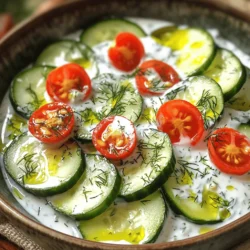 - Fresh cucumbers: You need 3 medium cucumbers. Use firm ones for crunch. - Greek yogurt: One cup is best. It adds creaminess and protein. If you're dairy-free, use plant-based yogurt as a substitute. - Fresh dill: Use 2 tablespoons, chopped. Fresh dill gives a bright flavor. Dried dill lacks the same taste. - Seasonings: You need 1 teaspoon each of salt and garlic powder, plus ½ teaspoon black pepper. These enhance the salad’s flavor. - Red onion: Use ½ small red onion, thinly sliced. It adds sharpness and color. - Olive oil: One tablespoon adds richness. You can replace it with avocado oil if desired. - Cherry tomatoes: Halved cherry tomatoes make a great garnish. They add color and sweetness to the dish. This Cucumber Dill Salad is fresh and simple. You can find the Full Recipe for step-by-step instructions. Enjoy your crunchy salad! To make the dressing, start with a large bowl. Add one cup of plain Greek yogurt. Then, mix in two tablespoons of fresh dill, one tablespoon of lemon juice, one teaspoon of garlic powder, one teaspoon of salt, and half a teaspoon of black pepper. Stir well until everything is smooth. This dressing packs a punch of flavor. Next, it’s time for the cucumbers and onions. Grab three medium cucumbers and slice them thinly. Also, thinly slice half a small red onion. Add these veggies to the bowl with the dressing. Use a gentle tossing technique to coat every slice. This helps ensure an even mix. Lastly, drizzle one tablespoon of olive oil over the salad and give it another gentle toss. Now, let’s talk about the resting period. Allow the salad to chill in the refrigerator for at least 15 minutes. This time lets the flavors meld together beautifully. It makes each bite more delicious. Before serving, taste the salad. Adjust the seasonings if needed. This step is key because it gives you control over the flavor. You want it to be just right. For the full recipe, refer back to the main article. Enjoy your fresh and flavorful cucumber dill salad! - Slicing techniques for cucumbers: To get thin slices, use a sharp knife. Aim for slices that are about 1/8 inch thick. This keeps the cucumbers crisp and allows them to soak in the dressing well. You can also use a mandoline for even slices. - Serving tips: Present your salad in a chilled bowl. This keeps it fresh longer. Garnish with halved cherry tomatoes and a sprinkle of extra dill. This adds color and makes it look more appealing. - Additional herbs: Dill is great, but you can add other herbs too. Mint, parsley, or chives work well. These herbs can give your salad a new twist. - Making it spicy: Want some heat? Add chili flakes or diced peppers. This can boost the flavor and give your salad a kick. Just add a little at a time to find your perfect heat level. {{image_2}} You can easily adapt this cucumber dill salad to fit your needs. For a vegan option, swap out Greek yogurt for a plant-based yogurt. Look for one that's thick and creamy. This keeps the texture nice and smooth while making it dairy-free. If you need a gluten-free version, check the labels on your yogurt and other ingredients. Ensure they are certified gluten-free. This way, everyone can enjoy this fresh dish without worry. Want to make your salad even more exciting? Add extra veggies like bell peppers or shredded carrots. They add a nice crunch and boost the flavor. You can also turn this salad into a full meal. Toss in some cooked chicken or chickpeas. This adds protein and makes it more filling. Enjoy your salad any way you like! For the complete recipe, check out the Full Recipe. To keep your Cucumber Dill Salad fresh, use an airtight container. This helps lock in flavor and prevents odors from other foods. Always store it in the fridge. The salad lasts about three days when stored properly. Watch for signs of spoilage. If you see any water pooling in the container or if the salad smells off, it's time to toss it. Freshness is key when enjoying this dish! Is Cucumber Dill Salad suitable for freezing? Unfortunately, it isn’t the best choice. Freezing changes the texture of cucumbers, making them soggy. The fresh flavors also fade when frozen. If you must freeze it, prepare the salad without cucumbers. Freeze the yogurt mix instead. When ready to eat, thaw it in the fridge overnight, then add fresh cucumbers before serving. This way, you keep the crunch and flavor intact. How long can Cucumber Dill Salad sit out at room temperature? Cucumber Dill Salad should not sit out for more than two hours. Warm temperatures can cause bacteria to grow. Always keep it in the fridge if you are not serving it. Can this salad be made ahead of time? Yes, you can make this salad ahead of time. It tastes even better after chilling for a while. Prepare it a few hours or even a day before. Just remember to stir it again before serving. What to serve with Cucumber Dill Salad for a full meal? Cucumber Dill Salad pairs well with grilled chicken or fish. You can also serve it with pita bread and hummus for a light meal. It adds a refreshing touch to a summer barbecue. What are the health benefits of cucumbers and dill? Cucumbers are low in calories and high in water, helping to keep you hydrated. They also provide vitamins and minerals. Dill has antioxidants that may help your body fight free radicals. It's great for digestion and adds flavor without calories. Is Cucumber Dill Salad low in calories? Provide nutritional facts. Yes, Cucumber Dill Salad is low in calories. One serving has about 80-100 calories. The salad is mostly made of cucumbers and yogurt, which are light and nutritious. Each serving offers protein from the yogurt and fiber from the cucumbers. For the full recipe, check out the details above. Cucumber Dill Salad is fresh and easy to make. You need simple ingredients like cucumbers, Greek yogurt, and dill. Adding options like red onion and cherry tomatoes can enhance the taste. Follow the steps for mixing and chilling to bring out the best flavors. You can customize this salad with vegan swaps and extra veggies. Store it well, and enjoy it for days. This dish is perfect for any meal and fits various diets. Experiment and make it your own!