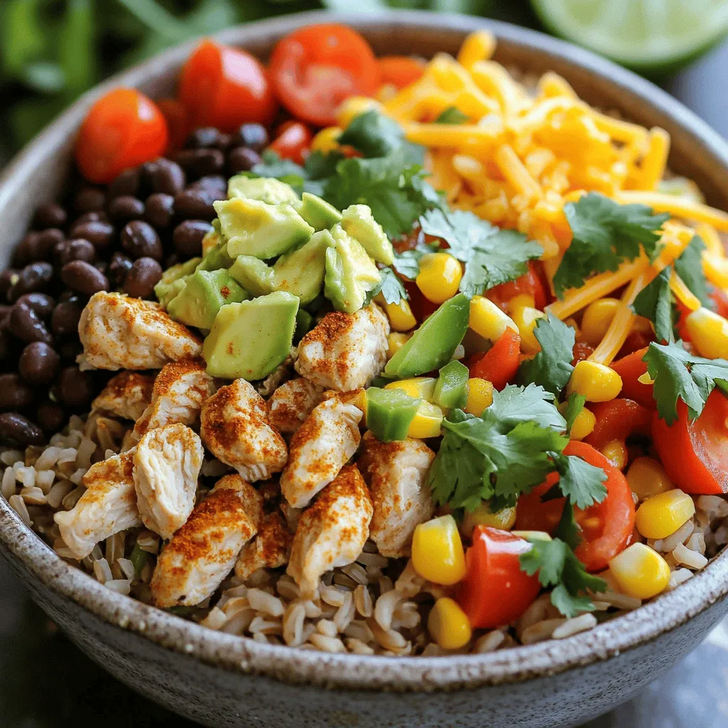 - 2 cups cooked brown rice - 1 lb boneless, skinless chicken breast, diced - 1 tablespoon olive oil - 1 teaspoon chili powder - 1 teaspoon cumin - ½ teaspoon smoked paprika - Salt and pepper to taste - 1 can (15 oz) black beans, rinsed and drained - 1 cup corn kernels - 1 red bell pepper, diced - 1 cup cherry tomatoes, halved - 1 avocado, diced - ½ cup fresh cilantro, chopped - Juice of 1 lime - ½ cup shredded cheese These ingredients come together to create a tasty and colorful dish. The chicken breast gives protein and flavor, while the spices add a warm kick. I love the mix of beans and corn for a hearty base. Fresh veggies like bell pepper and tomatoes bring crunch and color. Don’t forget the avocado; it adds creaminess that ties everything together. Finally, the lime juice brightens up the bowl. Use this list to gather what you need. I recommend preparing everything before you start cooking. It makes the process smooth and fun. For the full recipe, check out the Fiesta Chicken Burrito Bowls. - Heat 1 tablespoon of olive oil in a skillet over medium heat. - Add 1 pound of diced chicken breast to the skillet. - Season the chicken with 1 teaspoon of chili powder, 1 teaspoon of cumin, ½ teaspoon of smoked paprika, salt, and pepper to taste. - Cook the chicken for 6-8 minutes, stirring often. It should turn golden brown and be fully cooked. - Once done, remove the chicken from heat and set it aside. - In a separate bowl, combine 1 can of black beans, 1 cup of corn, 1 diced red bell pepper, and 1 cup of halved cherry tomatoes. - Add ½ cup of chopped cilantro and juice from 1 lime to the mixture. - Stir well to combine all the ingredients. This mix adds freshness and flavor to your bowl. - Start with 2 cups of cooked brown rice as the base in your serving bowls. - Layer the cooked chicken on top of the brown rice. - Next, add the vegetable mixture you prepared. - Finish your bowl with 1 diced avocado and ½ cup of shredded cheese. - You can drizzle more lime juice on top if you like. This recipe makes the perfect Chicken Burrito Bowl. You can find the full recipe above to follow along! To cook chicken just right, start with diced pieces. This helps them cook evenly. Season the chicken well with chili powder, cumin, and smoked paprika. These spices give a punch of flavor. You can adjust the seasoning to your taste. If you like it spicy, add more chili powder. If you prefer mild, cut back on the spices. Always taste as you go. Layering makes your burrito bowl look appealing. Start with a base of brown rice. Add the chicken on top. Next, spoon the black bean and corn mix over the chicken. Top it off with diced avocado and shredded cheese. For a bright touch, garnish with fresh cilantro and a squeeze of lime juice. This adds color and freshness to your dish. Cooking is fun for everyone! Let the kids help with the assembly. They can layer their own bowls. This makes mealtime more exciting for them. You can also customize the bowls to fit picky eaters. Offer options like extra veggies or different proteins. Everyone can build their perfect burrito bowl. This way, everyone enjoys their meal. For the full recipe, check out the link provided. {{image_2}} You can easily make a vegetarian version of chicken burrito bowls. Try swapping chicken for tofu or tempeh. Both options absorb flavors well. This gives you a hearty, protein-rich meal. Add extra vegetables for more flavor and texture. Consider using zucchini, mushrooms, or spinach. These veggies boost nutrients and make your bowl colorful and fun. If you want a low-carb meal, replace brown rice with cauliflower rice. You can make cauliflower rice by grating fresh cauliflower or buying it pre-riced. It has a light texture and absorbs flavors nicely. For toppings, choose carb-friendly options. Try salsa, guacamole, or cheese. These add flavor without the extra carbs. You can also use leafy greens as a base for a fresh twist. To make your burrito bowls pop, try using different spices or sauces. Add smoked chipotle for a spicy kick or lime zest for brightness. These small changes can transform your dish. If you want to switch proteins, consider shrimp or beef. Both add unique flavors and pair well with the other ingredients. You can still follow the Full Recipe for guidance, but feel free to experiment and make it your own! To keep your chicken burrito bowls fresh, refrigerate them in airtight containers. Make sure the containers are clean and dry. If you have leftover components, like chicken or veggies, store them separately. This method helps maintain their flavors and textures. Cooked rice can also dry out, so store it tightly covered. For reheating chicken and rice, the best method is using a microwave. Place the chicken and rice in a microwave-safe bowl. Add a splash of water to keep it moist. Cover with a lid or a damp paper towel. Heat for 1-2 minutes or until hot. Stir halfway to ensure even heating. If you prefer the oven, preheat it to 350°F. Heat for about 15-20 minutes. Check often to avoid drying out the food. You can freeze individual portions of chicken burrito bowls. Use freezer-safe containers or bags for best results. Label each bag with the date. When ready to eat, thaw them overnight in the fridge. For quick thawing, place the bag in cold water. After thawing, reheat using the methods above. This way, your meal stays tasty and safe to eat. To make Chicken Burrito Bowls vegetarian, swap the chicken for tofu or tempeh. These protein-rich options work well in this dish. You can also add extra veggies for flavor. Use bell peppers, zucchini, or mushrooms to boost taste and texture. Another great option is to add lentils or chickpeas for added protein. To enhance flavor, consider adding spices like oregano or cayenne pepper. These spices can give your dish a kick. You can also drizzle hot sauce or salsa over the top for an extra layer of taste. Fresh herbs like cilantro or lime juice can brighten up the flavors too. Yes, you can prep Chicken Burrito Bowls in advance. Cook your chicken and rice, and store them separately. You can keep the components in airtight containers. This will help the ingredients stay fresh. When ready to eat, just assemble your bowl. It makes for a quick and easy meal during busy weeks. This recipe is highly customizable. For gluten-free options, use rice and check your beans for gluten. If you're dairy-free, simply skip the cheese or use a dairy-free alternative. You can also reduce sodium by using low-sodium beans and avoiding added salt. This way, everyone can enjoy their own tasty bowl! Feel free to explore the Full Recipe for more details on creating your perfect Chicken Burrito Bowl! Chicken burrito bowls are easy to make and fun to share. We covered all the essentials, from choosing the best ingredients to perfecting the cooking method. I shared tips for making these bowls family-friendly and how to customize them for dietary needs. Remember, you can switch up ingredients for different flavors. With a bit of prep, you can enjoy delicious bowls at home anytime. Get creative and make it your own!
