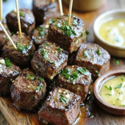 - 1 lb sirloin steak - 4 tablespoons unsalted butter - 4 cloves garlic, minced - Fresh rosemary and thyme - Salt and pepper to taste - Fresh parsley for garnish - Optional: Additional dipping sauce For garlic butter steak bites, you need a few simple ingredients. The main ingredient is sirloin steak. Choose a good quality cut that is tender and flavorful. Cut the steak into 1-inch cubes. This size cooks quickly and evenly. Next, you need butter. I use unsalted butter for this recipe. It allows me to control the salt level. Garlic is a must! Mince four cloves for that great flavor. For seasoning, I love adding fresh rosemary and thyme. You can also use dried herbs if fresh ones are not handy. Don’t forget salt and pepper to taste. They enhance the dish and bring out the meat's natural flavor. When it comes to garnishing, fresh parsley adds a pop of color. You can also serve the steak bites with an extra sauce for dipping if you like. These ingredients come together to create a delicious dish. For a full recipe, check the link above. To start, pat the steak cubes dry using paper towels. This step is key for a good sear. Next, season the steak with salt and pepper. Don’t hold back; you want great flavor! Now, heat 2 tablespoons of butter in a large skillet over medium-high heat. Wait until it melts and gets bubbly. Then add the steak cubes in a single layer. If your skillet is small, do this in batches. Cook for about 2-3 minutes on each side. You want them browned and cooked to your liking. After the steak is cooked, take it out of the skillet and set it aside. In the same skillet, lower the heat to medium. Add the remaining 2 tablespoons of butter along with the minced garlic, rosemary, and thyme. Cook for 1-2 minutes. The garlic should smell great but not burn. Finally, return the steak to the skillet. Toss everything together until coated in that tasty garlic butter. Let it cook for another minute to warm through. Enjoy this savory and simple treat! For more detailed instructions, check the Full Recipe. To get a nice sear on your steak bites, use good seasoning. I like to add salt and pepper, but you can customize it to your taste. Try adding some paprika or garlic powder if you want extra flavor. Remember to avoid overcrowding the skillet. If you add too many steak bites at once, they will steam instead of sear. Cook in batches if needed. Checking the meat's temperature is key to perfect steak bites. Use a meat thermometer for best results. Aim for 130°F for medium-rare, 140°F for medium, and 160°F for well-done. Here are some general times: - Medium-rare: About 2-3 minutes per side. - Medium: About 3-4 minutes per side. - Well-done: About 5 minutes per side. You can add more flavor by using fresh herbs. Try parsley, basil, or even cilantro. They add a fresh taste that brightens the dish. For more fun, mix in some spices. You could try a pinch of chili flakes for a spicy kick. You can also switch up the butter. Use flavored butter or add lemon juice for a zesty twist. For a complete guide, refer to the Full Recipe for Garlic Butter Steak Bites. {{image_2}} You can use many cuts of steak for garlic butter steak bites. Sirloin is great, but try ribeye for more flavor. Tenderloin offers a super soft bite. Flank steak also works well if cut against the grain. Each cut needs a different cooking time. For ribeye or tenderloin, cook for about 2-3 minutes per side. Flank steak may need a minute less. Always check for your desired doneness. Adding vegetables makes these bites even better. Try bell peppers, zucchini, or asparagus. Mushrooms add a nice earthiness too. You can cook veggies alongside the steak. Just cut them into bite-sized pieces. Add them to the skillet after the steak sears. This way, they absorb the garlic butter flavor. Toss them in with the cooked steak for a tasty mix. You can change up the garlic butter flavor. Try adding fresh herbs like basil or cilantro. A pinch of red pepper flakes gives a spicy kick. For a zesty touch, mix in lemon zest. If you want a rich taste, add a splash of Worcestershire sauce. For a spicy garlic butter sauce, mix in chili powder or cayenne pepper. Adjust the heat to your liking. These tweaks make the dish unique. Explore different flavors to find your favorite. For the full recipe, check out the details above. To keep your garlic butter steak bites fresh, store them in an airtight container. Place the bites in the fridge right after they cool down. This method helps lock in flavor and moisture. They stay good for up to three days. If you want to keep them longer, consider freezing. To reheat steak bites, use a skillet over medium heat. Add a small bit of butter to keep them juicy. Stir often for even heating. You can also use the microwave, but this may dry them out. To avoid this, cover the dish with a damp paper towel. Heat in short bursts, checking often. For freezing steak bites, let them cool completely first. Place them in a freezer-safe bag, squeezing out excess air. They can last for up to three months in the freezer. When ready to eat, thaw them in the fridge overnight. For the best results, reheat them in a skillet for that fresh, just-cooked taste. The best cuts for this dish are sirloin and ribeye. These cuts are tender and flavorful. Sirloin is lean and easy to find. Ribeye has more fat, giving it a rich taste. You can also use filet mignon for a melt-in-your-mouth experience. Always choose fresh cuts from a trusted source for the best flavor. Yes, you can make garlic butter ahead of time. Just mix the softened butter with minced garlic and herbs. Store it in an airtight container in the fridge. It will last for a week. You can also freeze it for up to three months. Just scoop it into ice cube trays for easy use later. To lower the fat in this recipe, use less butter. You can cut the butter to two tablespoons. Choose a leaner cut of steak, like flank steak. You can also add more herbs and spices for flavor without added fat. Lastly, consider using olive oil instead of butter for cooking. In this blog post, we explored how to make delicious garlic butter steak bites. We covered the ingredients needed, from sirloin to fresh herbs. You learned step-by-step instructions for preparing and cooking your steak. I also shared tips for achieving the perfect sear and enhancing flavors. Remember, you can store leftovers and even freeze them for future use. Enjoy experimenting with different cuts and flavors. Your steak bites will be a hit at any meal!