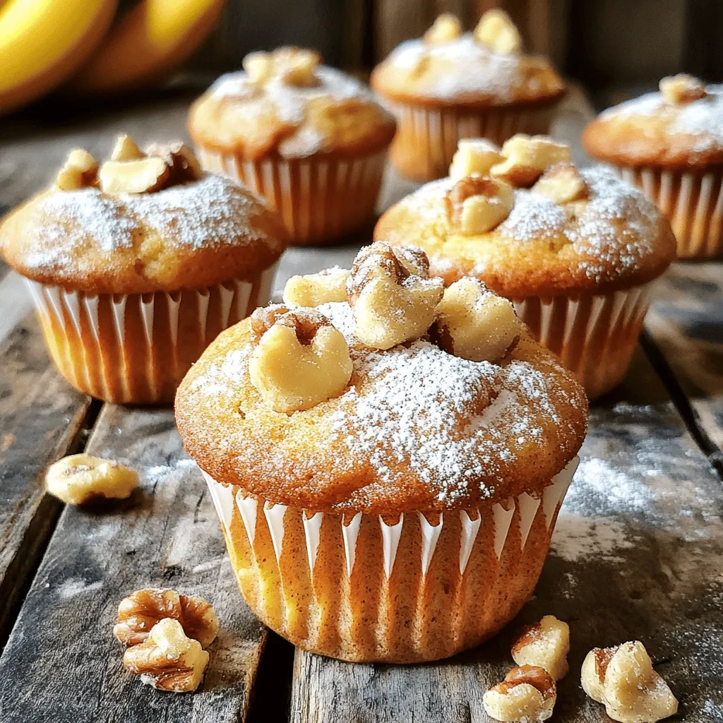 To make the best banana nut muffins, you need fresh ingredients. Each one plays a key role in flavor and texture. Here’s what you'll need: - Ripe Bananas - Unsweetened Applesauce - Sweeteners: Honey or Maple Syrup - Eggs and Vanilla Extract - Flours: Whole Wheat and Almond - Leavening Agents: Baking Soda and Baking Powder - Seasoning: Cinnamon and Salt - Nuts: Chopped Walnuts or Pecans - Optional: Dark Chocolate Chips Ripe bananas give the muffins sweetness and moisture. The applesauce adds a nice texture and keeps them soft. You can choose honey or maple syrup as a natural sweetener. They add extra flavor too. For the best mix of nutrients and taste, I use whole wheat and almond flour. The baking soda and baking powder help the muffins rise well. A pinch of cinnamon brings out the banana flavor, while salt balances the sweetness. Nuts add crunch and healthy fats. I love using walnuts or pecans. If you're feeling adventurous, toss in some dark chocolate chips for a sweet touch. Check the full recipe for all the details! Start by preparing your muffin tin. You can use paper liners or spray it with non-stick spray. Next, preheat your oven to 350°F (175°C). This step is key for even baking. In a large mixing bowl, combine the mashed bananas, applesauce, honey, egg, and vanilla. Stir everything together until it is smooth. The bananas add moisture and sweetness. In another bowl, whisk together the whole wheat flour, almond flour, baking soda, baking powder, cinnamon, and salt. This mix gives the muffins structure and flavor. Make sure there are no lumps. Gradually add the dry ingredients to the wet mixture. Stir gently until just combined. Be careful not to overmix; a few lumps are okay. Next, fold in the chopped walnuts and optional chocolate chips. This adds crunch and sweetness. Divide the batter evenly into the muffin cups. Fill each cup about two-thirds full. Place the muffin tin in the preheated oven. Bake for 15-20 minutes. Check if they are done by inserting a toothpick in the center. If it comes out clean, they are ready. Allow the muffins to cool for 5 minutes before moving them to a wire rack. How to Avoid Overmixing To keep your muffins light, mix just until combined. Stir the batter gently. You want to see some lumps from the flour. Overmixing makes them tough and dry. Perfect Baking Time for Moist Muffins The sweet spot for baking is 15 to 20 minutes. Check with a toothpick. If it comes out clean, they are done. Let them cool in the pan for five minutes. This helps keep them moist. Alternative Sweeteners You can swap honey or maple syrup with agave syrup or coconut sugar. These options bring their own unique flavors. They also add a slight twist to your muffins. Gluten-Free Options To make these muffins gluten-free, use a gluten-free flour blend. Almond flour works well too. Just ensure your baking powder is gluten-free. Presentation Tips Serve your muffins warm for the best taste. Dust with powdered sugar for a touch of sweetness. A sprinkle of chopped nuts adds a nice crunch. Pairing Ideas with Yogurt or Peanut Butter These muffins pair great with yogurt or peanut butter. A dollop of yogurt adds creaminess. Peanut butter gives a savory twist to the sweet muffins. Enjoy your muffins with these tasty sides! {{image_2}} You can change the flavor of your banana nut muffins easily. Try adding coconut for a tropical twist. Just mix in shredded coconut when you add the nuts. Nutmeg is another great option. A pinch of nutmeg can give your muffins a warm, spicy note. If you want a fruity touch, consider adding blueberries or cherries. These fruits pair well with bananas. Just fold them in gently with the nuts. This adds color and flavor to your muffins. Walnuts are a classic choice, but pecans work great too. They add a rich, buttery flavor. Just swap walnuts for pecans in your recipe. You can also add seeds for a nice crunch. Chia seeds or pumpkin seeds are excellent options. Adding seeds makes the muffins even more nutritious. Simply fold them in with the nuts. This will give your muffins a delightful texture. You can make your muffins healthier by reducing sugar. Use less honey or syrup and try natural sweeteners like stevia. This will lower the calories while keeping the flavor. Another option is to swap some flour for oat flour. This adds fiber and makes your muffins more filling. You can also add a bit of Greek yogurt for extra moisture. For more details, check the Full Recipe. To keep your banana nut muffins fresh, store them properly. First, let the muffins cool completely. This step is key. Warm muffins can create moisture in storage, leading to sogginess. Use a container with a tight seal. A plastic or glass container works best. You can also use a zip-top bag. Place parchment paper between muffins to keep them from sticking. Store muffins at room temperature for up to three days. If you want them to last longer, refrigerate them. This can extend freshness for about a week. However, this may change the texture slightly. You can freeze banana nut muffins for long-term storage. To freeze, wrap each muffin tightly in plastic wrap. Then place the wrapped muffins in a freezer-safe bag. This helps prevent freezer burn. Label the bag with the date. Frozen muffins can last up to three months. When you're ready to enjoy them, take them out. To thaw, remove the muffins from the bag and wrap. Let them sit at room temperature for a few hours. You can also use the microwave for a quick thaw. Heat muffins for about 15-20 seconds. Enjoy your tasty treat anytime! For the complete recipe, check out the Full Recipe. Banana nut muffins are soft, flavorful treats made with ripe bananas and nuts. They usually have a sweet taste and a moist texture. The nuts add a nice crunch. These muffins are great for breakfast or snacks. They are easy to make and use simple ingredients. Yes, you can make banana nut muffins without eggs. You can use several options. Here are some egg replacements: - 1/4 cup unsweetened applesauce - 1/4 cup mashed banana - 1 tablespoon ground flaxseed mixed with 2.5 tablespoons water (let it sit for 5 minutes) These options work well to keep your muffins moist and fluffy. To ripen bananas quickly, you can use a few simple tricks: - Place them in a brown paper bag. This traps ethylene gas and speeds up ripening. - Store them near other ripe fruits, like apples. - For a quick method, bake them at 300°F (150°C) for 15-20 minutes until the skin turns black. Let them cool before using. These methods help you get ripe bananas ready for your muffins. Banana nut muffins can last up to a week when stored correctly. Keep them in an airtight container at room temperature. If you want them to last longer, you can refrigerate them for up to two weeks. For longer storage, freeze the muffins for up to three months. Just remember to wrap them well to prevent freezer burn. You can get creative with your banana nut muffins! Here are some fun add-ins: - Chocolate chips for a sweet twist - Dried fruit like raisins or cranberries - Seeds like chia or sunflower for extra crunch - Spices like nutmeg or ginger for extra flavor Feel free to mix and match your favorite ingredients to make your muffins unique! For the full recipe, check out the full recipe. This blog post covered how to make delicious banana nut muffins. You learned the key ingredients and step-by-step instructions for baking. I shared tips for perfecting your muffins and ideas for variations. Storing and freezing methods help keep your muffins fresh. Remember, you can customize these muffins to suit your taste. Enjoy baking and sharing your tasty creations!