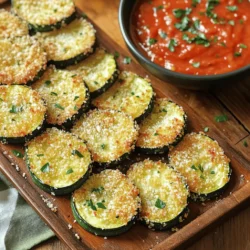 - 2 medium zucchinis - 1 cup breadcrumbs - 1/2 cup grated Parmesan cheese - 1 teaspoon garlic powder - 1 teaspoon onion powder - 1/2 teaspoon paprika - Salt and pepper to taste - 2 large eggs - Olive oil spray Gather these ingredients before you begin. The zucchinis are the star of this dish. I love using medium zucchinis because they have a great texture. The breadcrumbs create a crunchy coating. I recommend panko breadcrumbs for extra crunch. Parmesan cheese adds a salty and rich flavor, making the slices even better. The seasonings bring the dish to life. Garlic powder and onion powder add depth. Paprika gives a nice hint of warmth. Adjust the salt and pepper to your taste. You need two eggs to help the coating stick. The olive oil spray is key for crispiness. It keeps the zucchini from getting soggy while baking. For the full recipe, check out the complete instructions above. - Preheat the oven to 425°F (220°C). - Prepare a baking sheet with parchment paper. To get started, warming the oven is key. This helps the zucchini slices crisp up nicely. The parchment paper makes cleanup easy and keeps the slices from sticking. - Mix breadcrumbs and seasonings in a bowl. - Beat the eggs in another bowl. In a shallow bowl, combine the breadcrumbs with garlic powder, onion powder, paprika, salt, and pepper. This blend adds great flavor. In a separate bowl, beat the eggs until smooth. The eggs help the breadcrumbs stick well. - Dip zucchini slices in egg, coat with breadcrumbs. - Bake for 20-25 minutes, flipping halfway. Now, take each zucchini slice, dip it in the egg, and let the extra drip off. Then, coat it in the breadcrumb mix, pressing lightly. Lay the slices on the baking sheet in a single layer. Spray the tops with olive oil for extra crispiness. Bake for 20 to 25 minutes until they turn golden brown. Flip the slices halfway through to cook evenly. For the full recipe, check the instructions above. Enjoy your crispy baked zucchini slices! To get that perfect crunch, I always use Panko breadcrumbs. They add extra texture and flavor. Before baking, I lightly spray the zucchini slices with olive oil. This helps them crisp up nicely in the oven. I love serving these crispy zucchini slices with marinara sauce for dipping. It adds a nice tang. For a pop of color, I garnish them with fresh parsley. This makes the dish look even more appealing. One mistake is overcrowding the baking sheet. This traps steam and makes the zucchini soggy. Also, remember to flip the slices halfway through baking. This ensures they cook evenly and get crispy all around. {{image_2}} You can make your crispy baked zucchini slices even tastier. Add Italian seasoning to the breadcrumb mix. This simple step gives a burst of flavor. If you want a vegan option, swap out the cheese. Use nutritional yeast instead. It adds a cheesy taste without dairy. If you want a faster way to cook, try air frying. It cooks the slices quickly while keeping them crispy. You can also grill the slices. Grilling adds a nice smoky flavor that’s hard to beat. Both methods are fun to try! Zucchini is great, but you can switch it up. Eggplant makes a wonderful substitute. Sweet potatoes also work well, giving a sweet twist. Another fun idea is to use spiralized zucchini. It creates a unique texture that kids love. You can find many options to suit your taste! For the full recipe, check the earlier section. After making crispy baked zucchini slices, let them cool down. This step is key. Once cool, place them in an airtight container. Store this container in the fridge. They will stay fresh for a few days. To enjoy that crispy texture again, reheat them in the oven. Set the oven to 350°F (175°C) and bake for about 10 minutes. This method keeps them crunchy. If you need a quick option, use the microwave. But remember, the crunch may fade. You can freeze the zucchini slices for longer storage. Make sure they cool completely first. Place them in a freezer-safe bag or container. When you’re ready to eat, reheat them directly from frozen in the oven. This way, they stay crisp and tasty. - Follow the detailed instructions provided above. First, preheat the oven to 425°F. Slice 2 medium zucchinis into 1/4-inch rounds. Mix breadcrumbs, Parmesan cheese, garlic powder, onion powder, paprika, salt, and pepper in a bowl. In another bowl, beat 2 large eggs. Dip each zucchini slice in the egg, then coat with the breadcrumb mix. Arrange them on a baking sheet and lightly spray with olive oil. Bake for 20-25 minutes until golden. - Yes! Substitute regular breadcrumbs with gluten-free options. Look for gluten-free panko for extra crunch. This makes the dish safe for those with gluten allergies. - They last up to 3-4 days in the refrigerator. For longer storage, freeze them. When frozen, they can stay good for a couple of months. - They pair great with marinara sauce for dipping. You can also use them as a topping for salads. They add a nice crunch and flavor to your meal. This blog post shared how to make tasty crispy baked zucchini slices. We covered the key ingredients, step-by-step instructions, and helpful tips. You can enjoy them with marinara sauce or try different veggies. Remember to store any leftovers properly for the best taste. Baking these slices is simple and fun. Try swapping ingredients for more flavors or different cooking methods. Enjoy your crunchy snack!
