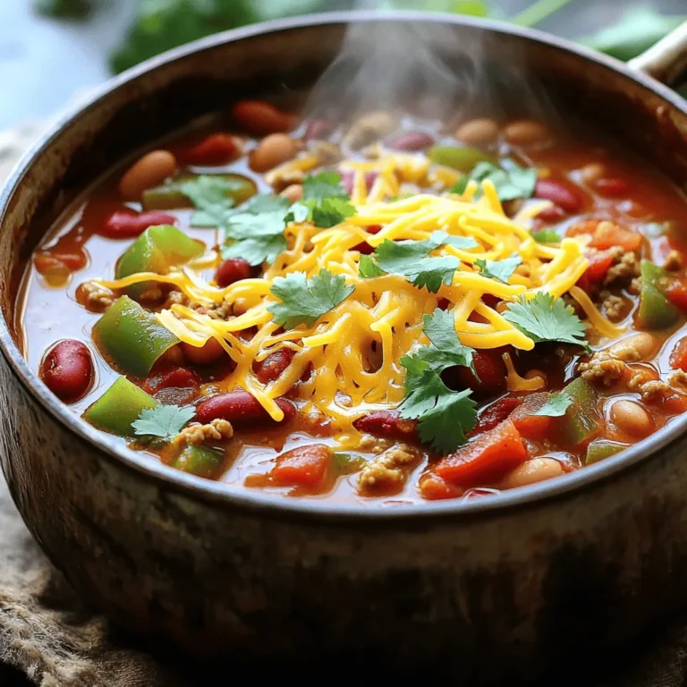 To make Easy Turkey Chili, you need some key ingredients. Here’s what you need: - 1 lb ground turkey - 1 can (15 oz) black beans, drained and rinsed - 1 can (15 oz) kidney beans, drained and rinsed - 1 can (14.5 oz) diced tomatoes, with juice - 1 red bell pepper, chopped - 1 green bell pepper, chopped - 1 medium onion, diced - 3 cloves garlic, minced - 2 tablespoons chili powder - 1 teaspoon cumin - 1 teaspoon smoked paprika - Salt and pepper to taste - 2 tablespoons olive oil - 1 cup chicken broth These ingredients give your chili rich flavor and texture. The ground turkey is lean and cooks well with the beans and veggies. You can add fun toppings to your chili. Here are some tasty options: - Shredded cheese - Sour cream - Fresh cilantro These toppings add creaminess and freshness to each bowl. You can also mix in jalapeños or hot sauce for a spicy kick. If you have dietary needs, you can swap out some ingredients. Here are a few ideas: - Use plant-based ground meat for a vegetarian version. - Swap chicken broth with vegetable broth for a vegan option. - Replace black beans with pinto beans if you prefer. These swaps keep the flavor and make the chili fit your needs. For the full recipe, check out the main instructions above. Start by heating 2 tablespoons of olive oil in a large pot over medium heat. Add 1 diced onion to the pot. Sauté this for 3 to 4 minutes. You want the onion to become soft and clear. Next, add 3 cloves of minced garlic. Sauté for another 1 to 2 minutes until it smells great. This builds a strong base for your chili. Now, raise the heat to medium-high. Add 1 pound of ground turkey to the pot. Break it up with a spoon as it cooks. Cook the turkey for about 5 to 7 minutes. You want it browned all over. After that, stir in 1 chopped red bell pepper and 1 chopped green bell pepper. Cook these for an extra 3 to 4 minutes until they soften. It's time to add the spices. Sprinkle in 2 tablespoons of chili powder, 1 teaspoon of cumin, and 1 teaspoon of smoked paprika. Add salt and pepper to taste. Stir everything well to mix. Next, pour in 1 can of diced tomatoes (with juice), 1 can of black beans, and 1 can of kidney beans. Don't forget 1 cup of chicken broth! Stir again to blend all the ingredients. Bring the chili to a simmer, then lower the heat. Cover the pot and let it simmer for 20 to 30 minutes. This step allows the flavors to blend and grow. Stir occasionally. Finally, taste your chili and adjust the seasoning if needed. Serve hot with your favorite toppings. For the full recipe, check the details above! To make your chili burst with flavor, use fresh spices. Fresh spices pack a punch. I like to toast whole spices for a minute before adding them. This step releases their oils and makes the taste pop. Adjust the chili powder to your heat level. A bit more can really spice things up. Taste as you go! This ensures the chili is just right for you. The cooking time is key for good chili. Simmering for at least 20-30 minutes helps the flavors blend. If you have time, let it simmer longer. You can even make it a day ahead. This gives the flavors a chance to deepen. The texture should be thick and hearty. If it’s too thin, let it cook uncovered for a bit. If it’s too thick, add a splash more broth. Serving your chili is where the fun begins! I love topping it with shredded cheese. Sour cream adds creaminess, and fresh cilantro gives a nice touch. You can also serve it with cornbread or over rice. For a twist, try it in a baked potato. The options are endless! Check out the Full Recipe for more ideas. {{image_2}} If you like heat, add more spice. Use jalapeños or hot sauce for a kick. You can also add a pinch of cayenne pepper to the pot. This boosts the chili's heat without changing its flavor too much. Just remember to taste as you go! You can make this chili meatless. Replace the ground turkey with sautéed mushrooms or lentils. These options add great texture. You can also use extra beans for protein. Try black beans, pinto beans, or chickpeas as tasty substitutes. They keep the dish filling and satisfying. Using a slow cooker is easy. Just add all your ingredients and let it cook on low for 6-8 hours. If you're in a hurry, use an Instant Pot. Cook on high pressure for about 15 minutes, then let it release naturally. Both methods make great chili with deep flavors. You can find the full recipe for more details on cooking methods and tips. After you enjoy your meal, store any leftover chili in a safe way. First, let it cool down to room temperature. Then, transfer the chili to an airtight container. Make sure to seal it well. Label the container with the date. This helps you know when you made it. If you want to keep your chili for a long time, freezing is a great option. Use freezer-safe bags or containers. Pour the chili into the bags, leaving some space at the top. The chili will expand as it freezes. Seal it tightly and label with the date. It can stay in the freezer for up to three months. To enjoy your chili again, you can reheat it easily. If it's frozen, thaw it in the fridge overnight. For quick reheating, use a microwave. Place the chili in a microwave-safe bowl. Heat it in short bursts, stirring often. If you prefer the stove, pour the chili into a pot. Heat it over medium heat, stirring until it’s hot. Always check the heat before serving. Enjoy your hearty meal once more! For more details, check the Full Recipe. You can use ground chicken or lean beef. Both options work well. If you need a meat-free choice, try lentils or black beans. These options add texture and flavor. Each substitute brings its unique taste. Adjust your spices to match your chosen meat or beans. This way, you keep the chili's great flavor. Easy Turkey Chili stays fresh for about 3 to 5 days in the fridge. Store it in an airtight container. This keeps it safe and tasty. If you want to enjoy it later, label the container with the date. This helps you remember when you made it. Absolutely! Making chili in advance is smart and tasty. You can prepare it a day or two ahead. The flavors deepen and blend over time. After cooking, let it cool before storing. Keep it in the fridge or freezer for later use. If frozen, it can last for up to 3 months. Reheat it on the stove or in the microwave when you're ready to eat. Enjoy the ease of a quick meal! In this blog post, we covered essential ingredients for easy turkey chili, from base flavors to tasty toppings. I offered tips for perfecting your dish and explored various adaptations, including vegetarian options. Storage and reheating advice ensures you can enjoy your chili later. Make this recipe your own with simple tweaks. Whether it's for a cozy night or meal prep, easy turkey chili always satisfies. You can easily create a delicious, comforting meal right at home. Enjoy your cooking journey!