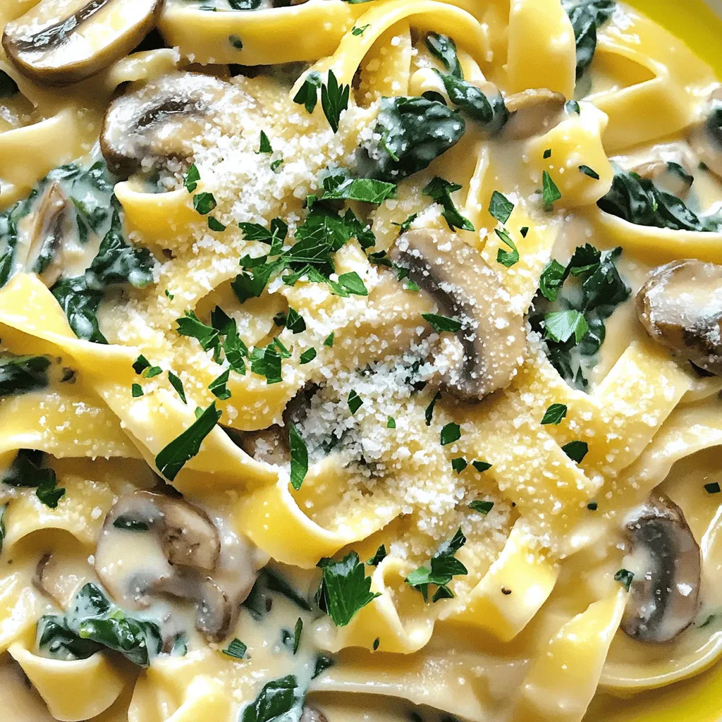 For a great creamy mushroom and spinach pasta, you need a few key items: - Pasta choices: You can use fettuccine, penne, or any pasta you like. - Key vegetables: Mixed mushrooms like button, cremini, and shiitake add depth. Fresh spinach gives a nice color and taste. - Essential dairy: Heavy cream creates that rich, creamy texture. Grated Parmesan cheese adds flavor and creaminess. These ingredients work together to make a dish that feels hearty and satisfying. The mushrooms give a nice earthy taste, while the spinach brightens each bite. The heavy cream and Parmesan create a sauce that clings to the pasta perfectly. Seasoning is vital in making your dish pop. Here’s what you need: - Herbs: Dried Italian herbs, like basil and oregano, add warmth and flavor. - Salt and pepper: Simple but essential for enhancing all the flavors. - Fresh parsley: This adds a fresh touch and color on top. Drizzling olive oil adds a lovely shine and rich flavor. Using these seasonings and garnishes makes your pasta not only taste better, but look beautiful too. You can find the full recipe [here](#). To cook pasta to al dente, bring a large pot of salted water to a rolling boil. Add your pasta and cook according to the package instructions. For most types, this is usually around 8 to 10 minutes. You want it to be firm but not hard. Before draining, reserve about 1 cup of the pasta water. This water is full of starch, and it helps thicken the sauce later. In a large skillet, heat olive oil over medium heat. Add finely chopped onion and sauté for about 3 to 4 minutes. You want them soft and translucent. Next, stir in minced garlic and sliced mushrooms. Cook these for about 5 to 7 minutes. The mushrooms should become soft and golden. To avoid burning the garlic, add it after the onions have started to soften. If it starts to brown too quickly, reduce the heat. Once your vegetables are ready, reduce the heat to low. Pour in the heavy cream and stir well. Next, add grated Parmesan cheese and mix until it melts and becomes creamy. If the sauce looks too thick, add the reserved pasta water a little at a time. Keep stirring until you reach the desired consistency. Now, add the cooked pasta to the skillet with the sauce. Toss everything together until the pasta is well-coated. Season with salt, pepper, and dried Italian herbs. For a beautiful presentation, serve the pasta in shallow bowls. Drizzle with extra olive oil and sprinkle fresh parsley on top. You can also add a bit more grated Parmesan for extra flavor. For the complete recipe, check the Full Recipe. To avoid mushy pasta, cook it until al dente. This means the pasta should be firm when bitten. Make sure to salt the water well before adding the pasta. This adds flavor and helps keep it from sticking. Remember to reserve some pasta water. You can add a bit to your sauce if it gets too thick. For mushrooms, choose a mix like button and cremini. This adds depth. Cook them until they are golden brown. This keeps their texture nice and firm. If you add them to the pan too soon, they may turn soggy. To boost flavor, consider adding a pinch of red pepper flakes or some fresh thyme. These spices can bring out the richness of the cream. You can also add a splash of white wine after cooking the mushrooms. This adds a nice depth to the sauce. Using homemade broth instead of water can enhance the dish. It adds more flavor than plain water. If you have leftover broth, use it to cook the pasta. This makes the pasta tasty from the start. To make the dish vegetarian or vegan, swap the heavy cream for coconut cream or cashew cream. These options give a similar rich texture. For cheese, use nutritional yeast or vegan cheese. If you need gluten-free pasta, look for options made from rice or chickpeas. They work well in this recipe and taste great. Just follow the cooking instructions on the package closely. {{image_2}} You can easily switch up the veggies in this dish. For example, try using kale instead of spinach. Kale adds a nice crunch and is very healthy. Zucchini is another tasty option. It has a mild flavor and cooks quickly. If you want to make this dish dairy-free, there are great substitutes for cream and cheese. Use coconut cream or cashew cream instead of heavy cream. Both options add creaminess without dairy. Nutritional yeast can replace Parmesan cheese for a cheesy flavor. Want to add more protein? Chicken is a great choice. Simply cook it in the skillet before adding the veggies. Shrimp is another fun option. It cooks fast and adds a nice touch to the pasta. You can also play with flavors by using different herbs or spices. Try adding thyme or rosemary for extra depth. A pinch of red pepper flakes can bring a bit of heat. Experimenting with these flavors can make your creamy mushroom and spinach pasta unique. For the full recipe, check out the section above. To keep your creamy mushroom and spinach pasta fresh, store it in an airtight container. This prevents moisture loss and keeps flavors intact. Place the leftovers in the fridge within two hours of cooking. Generally, the dish stays fresh for about three to four days. If you notice any off smells or changes in texture, it’s best to toss it. You can freeze this pasta dish if you want to keep it longer. First, let it cool completely. Then, transfer portions into freezer-safe bags or containers. Squeeze out excess air to avoid freezer burn. When you’re ready to eat, thaw the pasta overnight in the fridge. To reheat, warm it gently on the stove. Add a splash of cream or pasta water to restore its creamy texture. This way, you can enjoy a delicious meal anytime! For the complete recipe, check out the Full Recipe. You can make this dish earlier in the day. Cook the pasta and the sauce separately. Store them in containers. Keep the sauce in the fridge to keep it fresh. When ready to eat, heat the sauce. Mix it with the cooked pasta. This way, you enjoy a fresh meal without much fuss. Yes, you can use dried mushrooms. Just remember to rehydrate them first. Soak them in warm water for about 20 minutes. This will help them regain some moisture. Dried mushrooms add a rich flavor, but fresh mushrooms offer a nice texture. Choose based on your taste preference. This pasta pairs well with a simple green salad. A light Caesar salad or arugula salad works great. For wine, try a crisp white like Sauvignon Blanc. It balances the creamy sauce nicely. Garlic bread is also a tasty side to soak up any leftover sauce. Yes, this recipe is perfect for meal prep. Portion the pasta and sauce separately in containers. You can reheat them easily in the microwave. The dish stays tasty for up to three days in the fridge. It makes for quick lunches or dinners during the week. For the full recipe, check out the earlier section. In this blog post, we explored the key ingredients that make creamy mushroom and spinach pasta irresistible. We discussed cooking techniques that help you prepare each element perfectly and shared tips for enhancing flavor and accommodating dietary needs. Now, you have a solid recipe and suggestions for variations. This dish is not just about taste; it's about making cooking easy and fun. Use these tips to create your own version and enjoy a delicious meal that impresses every time.