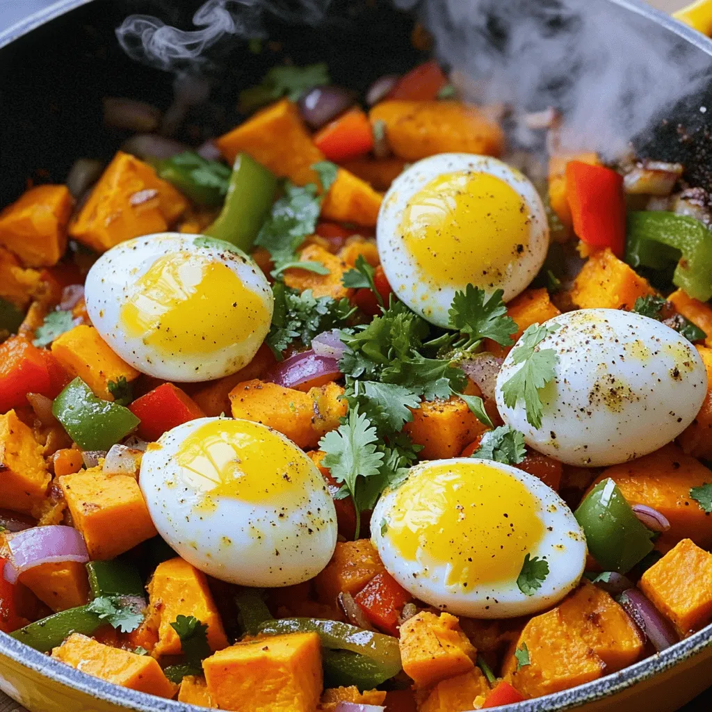 To make a tasty savory sweet potato hash, you need a few simple ingredients. Each one adds great flavor and texture. Here’s what you’ll need: - Sweet potatoes - Bell peppers - Onion and garlic - Spices and seasonings - Eggs and garnish Sweet potatoes are the star of this dish. They bring a natural sweetness and a creamy texture when cooked. I prefer using medium-sized sweet potatoes. They cook well and are easy to dice. Bell peppers add color and crunch. Using both red and green bell peppers gives a nice balance of sweetness and freshness. Dice them into small pieces to help them cook evenly. Onion and garlic are essential for depth of flavor. I like using a small red onion because it adds a bit of sweetness. Minced garlic boosts the taste and aroma of the dish. Spices make this dish sing! Smoked paprika gives a warm, smoky flavor. Cumin adds earthiness, while cayenne pepper brings heat. Adjust the cayenne to match your taste. Eggs are the finishing touch. They add protein and richness. I use large eggs, cracking them right into the hash. For garnish, fresh cilantro or parsley adds a pop of color and freshness. For the full recipe, check out the detailed instructions to bring this delicious dish to life! Prepping the sweet potatoes First, peel two medium sweet potatoes. Then, dice them into small cubes. Make sure the pieces are even. This helps them cook at the same rate. Chopping the vegetables Next, dice one red bell pepper and one green bell pepper. Chop one small red onion finely. Mince two cloves of garlic. Keep these pieces separate for easy cooking later. Cooking the hash In a large skillet, heat two tablespoons of olive oil over medium heat. Add the sweet potatoes and season with salt and pepper. Cook for 10-12 minutes. Stir occasionally until they soften and start to brown. Sautéing the sweet potatoes Once the sweet potatoes are tender, add the chopped onion and bell peppers. Stir well and cook for another 5-7 minutes. This will make the vegetables soft and flavorful. Adding the remaining vegetables Now, stir in the minced garlic, smoked paprika, cumin, and cayenne pepper. Cook for 1-2 minutes until the garlic smells great. This adds depth to your savory sweet potato hash. Cooking and adding eggs Create four small wells in the hash. Crack one egg into each well. Cover the skillet with a lid. Cook for 4-6 minutes, or until your eggs are done the way you like. Enjoy your delicious meal! For the full recipe, check out the recipe list above. To ensure even cooking, cut the sweet potatoes into uniform pieces. This way, they cook at the same rate. If some pieces are larger, they will take longer to soften. Stir the mix often to help everything cook evenly. Adjusting spice levels is easy. Start with the recommended amount of cayenne pepper. After cooking, taste the hash. If you like it spicier, add more cayenne. You can also try adding chili powder or hot sauce for different flavors. Garnishing makes your dish pop. Use fresh cilantro or parsley for color and taste. Chop the herbs finely and sprinkle them on top just before serving. This adds a fresh touch. For serving suggestions, place the hash on a large plate. Make a small well in the center for the eggs. This gives a nice look and helps keep the eggs in place. You can also serve it with toast or avocado for a complete meal. For the full recipe, check out the details above. {{image_2}} You can easily modify this dish to fit your needs. For a vegan option, swap eggs for tofu. Firm tofu works best. Just crumble it before adding to the hash. Cook it until it warms through and gets a bit crispy. This gives you a nice texture and flavor. If gluten is a concern, you’re in luck! This recipe is naturally gluten-free. Just check that any spices you use are gluten-free. This way, you can enjoy the hash without worry. Get creative with your spices! You can change the whole taste with different blends. Try adding curry powder for a warm flavor. Or use Italian herbs for a fresh twist. The options are endless. You can also add other vegetables to your hash. Spinach or kale adds a nice green touch. Mushrooms bring an earthy flavor that pairs well. Just make sure to cook them until they are soft. This dish is all about your taste, so have fun with it! For the complete recipe, check out the [Full Recipe]. To keep your sweet potato hash fresh, store it in an airtight container. Place it in the fridge within two hours of cooking. It will stay good for up to four days. Make sure to let it cool down before sealing. If you want to keep it longer, you can freeze it. Just pack it in freezer-safe bags. It will remain tasty for about three months in the freezer. When you are ready to enjoy your leftovers, use a skillet for reheating. Heat it on medium-low to keep the hash from drying out. You can also use the microwave for a quick option. If you choose this method, cover the dish with a damp paper towel. This keeps moisture in. Stir the hash halfway through to heat it evenly. For the best texture, try not to overcook it. You want those sweet potatoes to stay soft and delicious. For the full recipe, check out the Savory Sweet Potato Hash section. Can I use other types of potatoes? Yes, you can use regular potatoes. Russet or Yukon Gold work well. They will change the taste slightly. Sweet potatoes add a nice sweetness. Experiment with what you like best. How do I make it spicier? To spice it up, add more cayenne pepper. You can also include diced jalapeños. Hot sauce is another great option. Taste as you go to find your perfect heat level. Can this dish be prepared in advance? Yes, you can prep it ahead of time. Cook the hash and store it in the fridge. Just reheat it in a skillet when ready. You can add fresh eggs for a nice touch. What to serve with savory sweet potato hash? This hash goes great with avocado slices or fresh fruit. You can also pair it with toast or breakfast sausage. A side of salad adds a nice crunch too. How long does the hash last in the fridge? The hash lasts about 3 to 4 days in the fridge. Make sure to store it in a sealed container. It's easy to reheat and enjoy again. - Full Recipe Reference: For the complete cooking steps, check the Full Recipe. In this blog post, we covered how to make a delicious sweet potato hash. We explored key ingredients like sweet potatoes, bell peppers, and spices. Step-by-step instructions guided you through preparation and cooking. Helpful tips ensured even cooking and great presentation. We also touched on dietary variations, storage, and reheating methods. With these insights, you can create a tasty dish that fits your needs. Enjoy making this meal again and again!