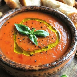 - 3 lbs ripe tomatoes, quartered - 1 large onion, peeled and quartered - 4 cloves garlic, unpeeled - Fresh basil leaves Fresh ingredients make this soup shine. Ripe tomatoes are the star. Their sweetness adds depth. Choose firm, red tomatoes for the best flavor. The large onion brings a nice balance. Roasting it softens its bite and adds sweetness. Garlic, when roasted, becomes creamy and mild. Toss in fresh basil for a fragrant touch. - Olive oil - Salt - Pepper - Sugar Pantry staples are key to this dish. Olive oil helps to caramelize the veggies. It also adds richness to the soup. Salt and pepper enhance the flavors, making them pop. A bit of sugar balances the acidity of the tomatoes. These staples are simple but essential. - 1 tablespoon balsamic vinegar - ½ cup heavy cream Optional add-ins can elevate the soup. Balsamic vinegar adds a tangy depth. It brings a complex flavor that impresses. Heavy cream makes the soup rich and velvety. Adding cream is great if you enjoy a creamy texture. Experiment with these to find your perfect bowl. For the full recipe, refer to the detailed instructions provided. To start, you need fresh tomatoes and onion. I like to use ripe tomatoes for the best taste. Quarter them and place them on a baking sheet. Next, peel the onion and quarter that too. Toss those on the sheet as well. Now, we have garlic. I keep the garlic unpeeled. Just place the cloves in between the tomatoes and onion. This method keeps the garlic sweet and mild when we roast it. Set your oven to 400°F (200°C). This heat allows the vegetables to caramelize well. Roast the tomatoes, onion, and garlic for 30 to 35 minutes. You want them soft and a little browned. This adds great flavor to your soup. After roasting, let the vegetables cool a bit. Squeeze the garlic out of its skin into a blender. Add the roasted tomatoes and onion. Pour in the vegetable broth and blend until smooth. If you want a chunkier soup, blend a bit less. Next, pour the blended mixture into a pot. Heat it on medium. Now, add fresh basil and balsamic vinegar if you want a deeper taste. Let it simmer for 10 to 15 minutes. This time helps all the flavors mix well. If you like a creamier soup, add heavy cream in the last few minutes. Make sure to stir well. Lastly, taste your soup and adjust salt and pepper as needed. You’ll find that this roasted tomato basil soup is a warm hug in a bowl. For the full recipe, check back in the ingredients section. To make the best roasted tomato basil soup, you need to balance the flavors. Tomatoes can be acidic, so I often add a teaspoon of sugar. This helps to calm that sharp taste. If you want deep flavor, try a splash of balsamic vinegar. It adds a nice touch! For creaminess, you can stir in heavy cream at the end. This gives the soup a rich texture. If you want a lighter version, skip the cream. The soup still tastes great! Roasting your veggies is key to great flavor. I like to roast tomatoes and onions until they are soft and caramelized. This brings out their natural sweetness. Spread them out on a baking sheet and don’t crowd them. This way, they roast evenly. When it comes to blending, you can use either a blender or a food processor. A blender makes the soup silky smooth. If you prefer some chunks, use a food processor. Blend just a little, and you’ll have a heartier soup! Garnishing your soup makes it look fancy. I love adding a fresh basil sprig on top. A drizzle of olive oil also adds a nice shine. For a complete meal, serve the soup with crusty bread or homemade croutons. The crunch adds a nice contrast to the smooth soup. You can find the Full Recipe above to guide you in making this delicious dish! {{image_2}} You can easily make roasted tomato basil soup gluten-free. Just check your broth. Most vegetable broths are gluten-free. Choose one that states it clearly on the label. For dairy-free options, skip the heavy cream. Instead, use coconut milk for a creamy touch. Almond or oat milk also works, but they change the flavor. Adjust the seasoning to match your taste. Adding beans or lentils makes the soup heartier. White beans blend well into the soup. They add protein without changing the taste much. If you like lentils, use cooked green or brown lentils. Stir them in just before serving for added texture and nutrition. You can add herbs and spices for more flavor. Try a pinch of red pepper flakes for heat. Thyme or oregano pairs well with tomato. Fresh herbs like parsley can brighten the dish. Experiment with your favorite spices to find the best mix. For the full recipe, check the main article. To store leftover soup, let it cool first. Pour the soup into a clean, airtight container. Seal it tightly to keep out air. Place it in the fridge right away. This helps keep it fresh. Use the soup within 3 to 5 days. When you are ready to eat, just reheat it on the stove. You can freeze roasted tomato basil soup for later. Start by letting the soup cool down completely. Pour it into freezer-safe containers or bags. Leave some space at the top for expansion. Label the bags with the date. This makes it easy to track. When you want to eat it, take it out of the freezer. Thaw it in the fridge overnight. Reheat it on the stove, stirring often until hot. Roasted tomato basil soup lasts well in the fridge for about 3 to 5 days. In the freezer, it can last up to 3 months. However, for the best taste, eat it within 1 to 2 months. Enjoy it while it's fresh! For the full recipe, refer to the earlier section. Tomato basil soup has many health benefits. It is low in calories and rich in vitamins. Tomatoes are high in vitamin C, which helps your immune system. They also contain lycopene, a powerful antioxidant. This helps protect your cells from damage. Basil adds flavor and has anti-inflammatory properties. The soup also provides hydration, thanks to its high water content. Yes, you can use canned tomatoes instead of fresh ones. Canned tomatoes are often picked at their peak ripeness. They can be just as tasty and save time. However, fresh tomatoes have a brighter flavor. Canned tomatoes may have added salt or preservatives, so check the label. For the best taste, choose whole canned tomatoes for your soup. There are several ways to thicken your soup. You can blend it less to keep some chunks. Adding a bit of heavy cream makes it creamy and rich. You can also stir in some cooked rice or lentils. Another option is to simmer the soup longer to reduce it. This concentrates the flavors and thickens the texture. In this blog post, we explored how to make a delicious roasted tomato basil soup. We discussed the fresh ingredients you'll need and pantry staples that enhance flavor. I shared step-by-step cooking instructions, along with tips for perfecting taste and presentation. You can also adapt the soup to fit gluten-free or dairy-free diets. Finally, we covered storage tips and answered common questions about health benefits and thickness. Enjoy creating this tasty dish—it's simple and satisfying!