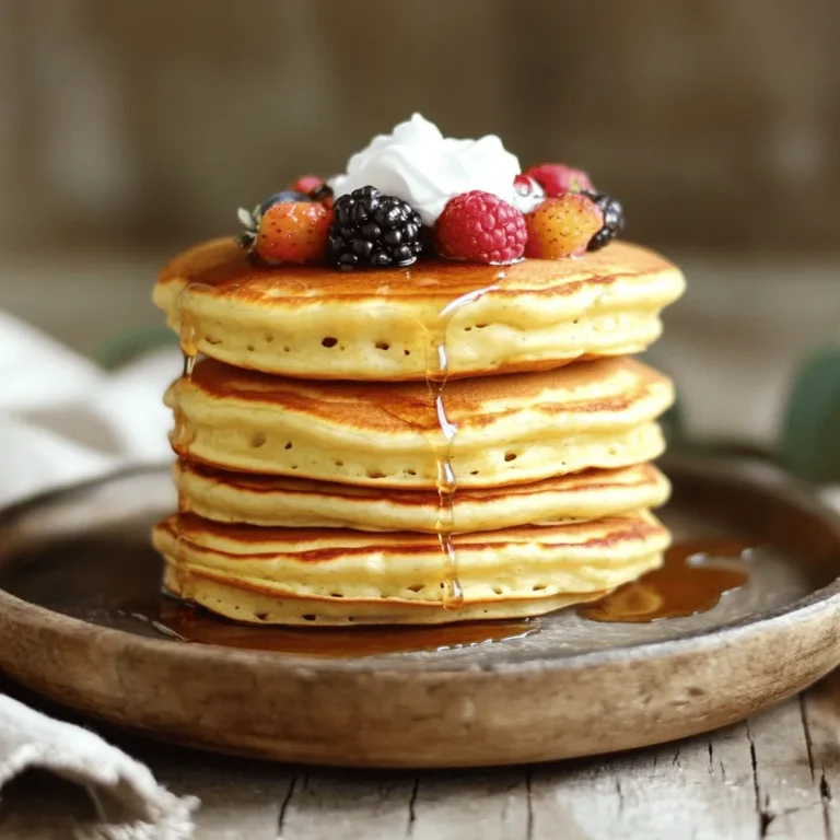 - 1 cup all-purpose flour - 1 tablespoon baking powder - 1/2 teaspoon baking soda - 1/4 teaspoon salt - 1 cup Greek yogurt - 1/2 cup whole milk - 2 large eggs - 2 tablespoons honey - 1 teaspoon vanilla extract - 2 tablespoons melted butter (plus extra for cooking) - Fresh berries - Maple syrup Greek yogurt pancakes are a great choice for breakfast. They are fluffy and full of flavor. The dry ingredients include flour, baking powder, baking soda, and salt. These help the pancakes rise and become light. For the wet ingredients, Greek yogurt adds creaminess and protein. Whole milk keeps the batter smooth. Eggs give structure, while honey and vanilla add sweetness. Melted butter makes the pancakes rich and tasty. When you serve these pancakes, add fresh berries and maple syrup. This combination makes each bite special. You can find the full recipe to guide you through this tasty dish. Start by whisking together the following in a large bowl: - 1 cup all-purpose flour - 1 tablespoon baking powder - 1/2 teaspoon baking soda - 1/4 teaspoon salt Mix these well until you see no lumps. This step is key to fluffy pancakes. In another bowl, combine these ingredients until smooth: - 1 cup Greek yogurt - 1/2 cup whole milk - 2 large eggs - 2 tablespoons honey - 1 teaspoon vanilla extract - 2 tablespoons melted butter Make sure everything is mixed well. This mixture gives the pancakes moisture and great flavor. Now, pour the wet mixture into the dry ingredients. Stir gently until just combined. It’s okay to have a few lumps. This helps keep the pancakes light and fluffy. If you overmix, they can turn out tough. These steps come together to create the perfect batter for your Greek yogurt pancakes. For the full process, check out the Full Recipe. First, you need to heat a non-stick skillet or griddle. Set it over medium heat. I like to add a bit of butter to the pan. This helps the pancakes not stick and adds flavor. Now, it is time to cook the pancakes. Pour 1/4 cup of the batter for each pancake onto the skillet. Cook them until bubbles form on the surface, which takes about 2-3 minutes. When you see bubbles, it is time to flip them. Cook the other side for about 1-2 minutes until golden brown. Keep cooking the pancakes until you use all the batter. Serve the pancakes warm. I love to add fresh berries and a drizzle of maple syrup. These toppings make the pancakes even more delicious. You can also stack them high on a plate for a nice look. Don't forget to enjoy your tasty Greek yogurt pancakes! If you want the full recipe, you can refer to the Full Recipe mentioned earlier. {{image_2}} To get those fluffy Greek yogurt pancakes, mix gently. Overmixing can make them tough. After mixing, let the batter rest for a few minutes. This helps the ingredients blend well and adds air, making your pancakes light and airy. The right skillet temperature is key. Heat your non-stick skillet over medium heat. If it’s too hot, your pancakes will burn. If it’s too cold, they will undercook. You want a nice golden brown on both sides. To test, sprinkle a drop of water on the skillet. If it dances and sizzles, you’re good to go! Presentation matters! Stack your pancakes high on a plate. Add a dollop of Greek yogurt on top for creaminess. Sprinkle fresh berries for color and flavor. A drizzle of maple syrup will make it all shine. This way, your pancakes not only taste great but also look amazing. For the full recipe, refer to the earlier section. You can make Greek yogurt pancakes even better by swapping a few ingredients. Try using whole wheat flour instead of all-purpose flour. It adds fiber and nutrients. You can also use low-fat yogurt. This keeps the pancakes light while still giving them that creamy texture. These changes make your meal a bit healthier without losing flavor. Want to jazz up your pancakes? Mix in some cinnamon for warmth. Nuts like walnuts or pecans add crunch. If you have a sweet tooth, chocolate chips are a great choice. Just fold these extras into the batter before cooking. Each bite will surprise you with new flavors! Make your pancakes fit the season. In summer, top them with fresh peaches or berries. In fall, try pumpkin puree and a sprinkle of nutmeg. Winter calls for warm maple syrup or spiced apples. Each season brings a new twist to your pancakes, keeping breakfast exciting all year round. Don't forget to check the Full Recipe for the base pancake mix that you can adapt! To make Greek yogurt pancakes from scratch, gather your ingredients. You need flour, baking powder, baking soda, salt, Greek yogurt, milk, eggs, honey, vanilla extract, and melted butter. Follow the provided steps and ingredient list for homemade pancakes. Mix dry ingredients in one bowl. In another bowl, mix wet ingredients until smooth. Combine both mixtures gently. Cook them in a preheated skillet. Flip when bubbles form. Enjoy your fluffy pancakes! Yes, you can freeze Greek yogurt pancakes. First, let them cool completely. Once cool, stack them with parchment paper in between each pancake. Store in an airtight container or freezer bag. They can last for up to two months in the freezer. To reheat, just pop them in the toaster or microwave. Enjoy them fresh anytime! To make these pancakes dairy-free, use alternatives. Replace Greek yogurt with a dairy-free yogurt. You can also use almond milk, coconut milk, or oat milk instead of whole milk. This way, you still get fluffy pancakes without dairy. Just follow the same steps in the recipe. Enjoy your delicious dairy-free Greek yogurt pancakes! You now have a simple guide to make delicious Greek yogurt pancakes. We covered the right ingredients, step-by-step instructions, and cooking tips. Fluffy pancakes are just a mix away! Use fresh berries or maple syrup to enjoy a tasty finish. Feel free to make them your own with healthy swaps or seasonal toppings. Don't hesitate to try various flavors and share them. Your breakfast will impress everyone, and you’ll love every bite!