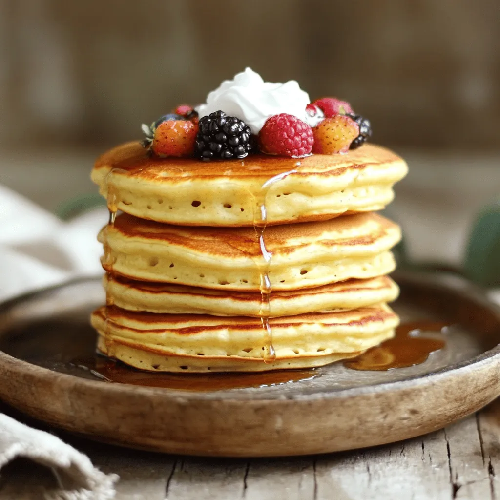 - 1 cup all-purpose flour - 1 tablespoon baking powder - 1/2 teaspoon baking soda - 1/4 teaspoon salt - 1 cup Greek yogurt - 1/2 cup whole milk - 2 large eggs - 2 tablespoons honey - 1 teaspoon vanilla extract - 2 tablespoons melted butter (plus extra for cooking) - Fresh berries - Maple syrup Greek yogurt pancakes are a great choice for breakfast. They are fluffy and full of flavor. The dry ingredients include flour, baking powder, baking soda, and salt. These help the pancakes rise and become light. For the wet ingredients, Greek yogurt adds creaminess and protein. Whole milk keeps the batter smooth. Eggs give structure, while honey and vanilla add sweetness. Melted butter makes the pancakes rich and tasty. When you serve these pancakes, add fresh berries and maple syrup. This combination makes each bite special. You can find the full recipe to guide you through this tasty dish. Start by whisking together the following in a large bowl: - 1 cup all-purpose flour - 1 tablespoon baking powder - 1/2 teaspoon baking soda - 1/4 teaspoon salt Mix these well until you see no lumps. This step is key to fluffy pancakes. In another bowl, combine these ingredients until smooth: - 1 cup Greek yogurt - 1/2 cup whole milk - 2 large eggs - 2 tablespoons honey - 1 teaspoon vanilla extract - 2 tablespoons melted butter Make sure everything is mixed well. This mixture gives the pancakes moisture and great flavor. Now, pour the wet mixture into the dry ingredients. Stir gently until just combined. It’s okay to have a few lumps. This helps keep the pancakes light and fluffy. If you overmix, they can turn out tough. These steps come together to create the perfect batter for your Greek yogurt pancakes. For the full process, check out the Full Recipe. First, you need to heat a non-stick skillet or griddle. Set it over medium heat. I like to add a bit of butter to the pan. This helps the pancakes not stick and adds flavor. Now, it is time to cook the pancakes. Pour 1/4 cup of the batter for each pancake onto the skillet. Cook them until bubbles form on the surface, which takes about 2-3 minutes. When you see bubbles, it is time to flip them. Cook the other side for about 1-2 minutes until golden brown. Keep cooking the pancakes until you use all the batter. Serve the pancakes warm. I love to add fresh berries and a drizzle of maple syrup. These toppings make the pancakes even more delicious. You can also stack them high on a plate for a nice look. Don't forget to enjoy your tasty Greek yogurt pancakes! If you want the full recipe, you can refer to the Full Recipe mentioned earlier. {{image_2}} To get those fluffy Greek yogurt pancakes, mix gently. Overmixing can make them tough. After mixing, let the batter rest for a few minutes. This helps the ingredients blend well and adds air, making your pancakes light and airy. The right skillet temperature is key. Heat your non-stick skillet over medium heat. If it’s too hot, your pancakes will burn. If it’s too cold, they will undercook. You want a nice golden brown on both sides. To test, sprinkle a drop of water on the skillet. If it dances and sizzles, you’re good to go! Presentation matters! Stack your pancakes high on a plate. Add a dollop of Greek yogurt on top for creaminess. Sprinkle fresh berries for color and flavor. A drizzle of maple syrup will make it all shine. This way, your pancakes not only taste great but also look amazing. For the full recipe, refer to the earlier section. You can make Greek yogurt pancakes even better by swapping a few ingredients. Try using whole wheat flour instead of all-purpose flour. It adds fiber and nutrients. You can also use low-fat yogurt. This keeps the pancakes light while still giving them that creamy texture. These changes make your meal a bit healthier without losing flavor. Want to jazz up your pancakes? Mix in some cinnamon for warmth. Nuts like walnuts or pecans add crunch. If you have a sweet tooth, chocolate chips are a great choice. Just fold these extras into the batter before cooking. Each bite will surprise you with new flavors! Make your pancakes fit the season. In summer, top them with fresh peaches or berries. In fall, try pumpkin puree and a sprinkle of nutmeg. Winter calls for warm maple syrup or spiced apples. Each season brings a new twist to your pancakes, keeping breakfast exciting all year round. Don't forget to check the Full Recipe for the base pancake mix that you can adapt! To make Greek yogurt pancakes from scratch, gather your ingredients. You need flour, baking powder, baking soda, salt, Greek yogurt, milk, eggs, honey, vanilla extract, and melted butter. Follow the provided steps and ingredient list for homemade pancakes. Mix dry ingredients in one bowl. In another bowl, mix wet ingredients until smooth. Combine both mixtures gently. Cook them in a preheated skillet. Flip when bubbles form. Enjoy your fluffy pancakes! Yes, you can freeze Greek yogurt pancakes. First, let them cool completely. Once cool, stack them with parchment paper in between each pancake. Store in an airtight container or freezer bag. They can last for up to two months in the freezer. To reheat, just pop them in the toaster or microwave. Enjoy them fresh anytime! To make these pancakes dairy-free, use alternatives. Replace Greek yogurt with a dairy-free yogurt. You can also use almond milk, coconut milk, or oat milk instead of whole milk. This way, you still get fluffy pancakes without dairy. Just follow the same steps in the recipe. Enjoy your delicious dairy-free Greek yogurt pancakes! You now have a simple guide to make delicious Greek yogurt pancakes. We covered the right ingredients, step-by-step instructions, and cooking tips. Fluffy pancakes are just a mix away! Use fresh berries or maple syrup to enjoy a tasty finish. Feel free to make them your own with healthy swaps or seasonal toppings. Don't hesitate to try various flavors and share them. Your breakfast will impress everyone, and you’ll love every bite!