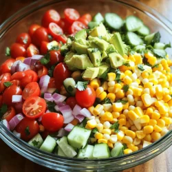 Let's gather all the tasty ingredients for this fresh corn salad. Each one adds flavor and color, making your dish vibrant and fun! - 4 ears of fresh sweet corn, husked - 1 large red bell pepper, diced - 1 cup cherry tomatoes, halved - 1/2 cup red onion, finely chopped - 1 cup cucumber, diced - 1/4 cup fresh cilantro, chopped - 1 jalapeño, seeded and minced - 3 tablespoons lime juice - 2 tablespoons olive oil - Salt and pepper to taste - 1 avocado, diced (for topping) Fresh corn is the star of this dish. It should be sweet and juicy. Look for corn with bright green husks and plump kernels. The other vegetables and herbs add crunch and color. Each ingredient plays a role in creating a balanced flavor. The dressing combines lime juice and olive oil. This bright and tangy mix ties everything together. It brings out the sweetness of the corn and the freshness of the veggies. You can find the full recipe for this salad at the end. Enjoy making your fresh corn salad! Cooking the Corn Start by husking the corn. Remove all the silk. Next, bring a large pot of water to a boil. Add the corn once the water boils. Cook it for 5 to 7 minutes. You want it tender, but still crisp. After cooking, drain the corn. Let it cool for a few minutes. Once cool, slice the kernels off the cob. Place the kernels in a large mixing bowl. Chopping Vegetables Now, it’s time to chop your veggies. Dice one large red bell pepper. Halve one cup of cherry tomatoes. Finely chop half a cup of red onion. Dice one cup of cucumber. Lastly, chop a quarter cup of fresh cilantro. For some heat, seed and mince one jalapeño. Mixing Ingredients Add all the chopped vegetables into the bowl with corn. Mix them gently to combine. This colorful mix will make your salad vibrant. Combining Lime Juice and Olive Oil In a small bowl, whisk together three tablespoons of lime juice and two tablespoons of olive oil. This will be your zesty dressing. Tossing with Vegetables Pour the dressing over your vegetable mix. Toss everything gently to coat the veggies well. Season with salt and pepper to taste. Let the salad sit for 10 minutes. This lets the flavors blend nicely. Gently Folding in Avocado Before serving, gently fold in the diced avocado. This adds a creamy texture to the salad. Letting the Salad Rest Allow the salad to rest for a few minutes. This gives time for the flavors to develop. Your fresh corn salad is now ready to serve! For the full recipe, check out the Sunny Fresh Corn Fiesta Salad. To choose the best corn, look for bright green husks. They should feel firm and moist. Check the silk at the top; it should be brown and sticky. If the silk is dry, the corn may not be fresh. The kernels should be plump and tightly packed. When you press a kernel, it should release a milky juice. The best time to buy fresh corn is in the summer months. Corn is usually at its peak in July and August. However, you can often find sweet corn at farmers' markets earlier in June. To boost flavor, marinate your salad for about 30 minutes. This allows the veggies to soak up the dressing. You can also add a splash of hot sauce for a spicy kick. If you want a sweet twist, try adding diced mango or pineapple. If you don’t have some ingredients, you can swap them. For example, replace red onion with green onions. You can also use lemon juice instead of lime juice if you prefer a different taste. When serving the salad, use a large glass bowl. This lets the vibrant colors shine. Arrange the salad in layers for a beautiful look. You can also serve it on a bed of mixed greens. For garnishing, add extra cilantro on top. Thin lime wedges on the side make a pretty addition. You can even sprinkle some feta cheese for a touch of creaminess. {{image_2}} You can change things up with fresh corn salad. Try different vegetables if you want. Here are some fun swaps: - Alternative Vegetables: Use zucchini, green beans, or radishes for a crunch. - Cheese and Protein Additions: Feta cheese adds tang. Grilled chicken or black beans boost protein. These swaps keep your salad exciting and fresh. Dressing makes a big difference in flavor. You can try other options: - Vinegar-Based Dressings: A simple balsamic or apple cider vinegar makes it zesty. - Creamy Dressings Options: A yogurt-based dressing adds a smooth touch. You can also use ranch for a twist. Choose a dressing that fits your taste and mood. Fresh corn salad shines in every season. Here are ways to change it based on what’s available: - Summer Additions: Toss in fresh herbs like basil or mint for a bright taste. - Fall Flavor Twists: Add roasted butternut squash or diced apples for sweetness. Mixing in seasonal ingredients enhances flavor and keeps it fun. For a complete guide, check the Full Recipe. To keep your fresh corn salad tasty, store it right. First, put it in the fridge. This keeps it cool and safe. Use an airtight container to hold in the flavors. Glass or BPA-free plastic containers work best. They seal tightly and prevent spills. How long does the salad last? If you store it well, it can stay good for 3-4 days. After this time, the flavors may fade. Look for signs of spoilage. If the salad smells sour or the veggies look mushy, it’s time to toss it. Got leftovers? You can use them in many ways. Mix the salad into tacos or burritos for a fresh crunch. You can also add it to soups for extra flavor. Want to transform it? Blend the salad into a salsa. This gives a new twist and great taste. You can enjoy your fresh corn salad in creative ways! Check out the Full Recipe for more ideas. Yes, you can use frozen corn. Frozen corn is quick and easy. It cooks faster than fresh corn, which saves time. However, fresh corn has a sweeter taste. Frozen corn may lose some crunch. If you use frozen corn, thaw it first and drain any excess water. This will help keep your salad crisp. You can use lemon juice or orange juice. Both add a nice citrus flavor. Lemon juice gives a tart taste, while orange juice brings sweetness. If you want a different twist, try grapefruit juice. Each option will change the taste slightly, but all work well in this salad. To keep avocado fresh, use lime juice on it. Lime juice slows down browning. Cut the avocado just before serving. You can also place it in water or cover it tightly with plastic wrap. This reduces air exposure. These steps help keep your salad looking fresh and vibrant. This blog post covered a fresh corn salad that highlights simple ingredients and straightforward steps. You learned how to choose fresh corn, chop vegetables, and make a tasty dressing. I shared tips on flair and variations to keep things exciting. Remember, the key is in the fresh ingredients and how you mix them. Enjoy this salad at any gathering or meal. It’s easy to make, and fun to share. Embrace your creativity and make it your own.
