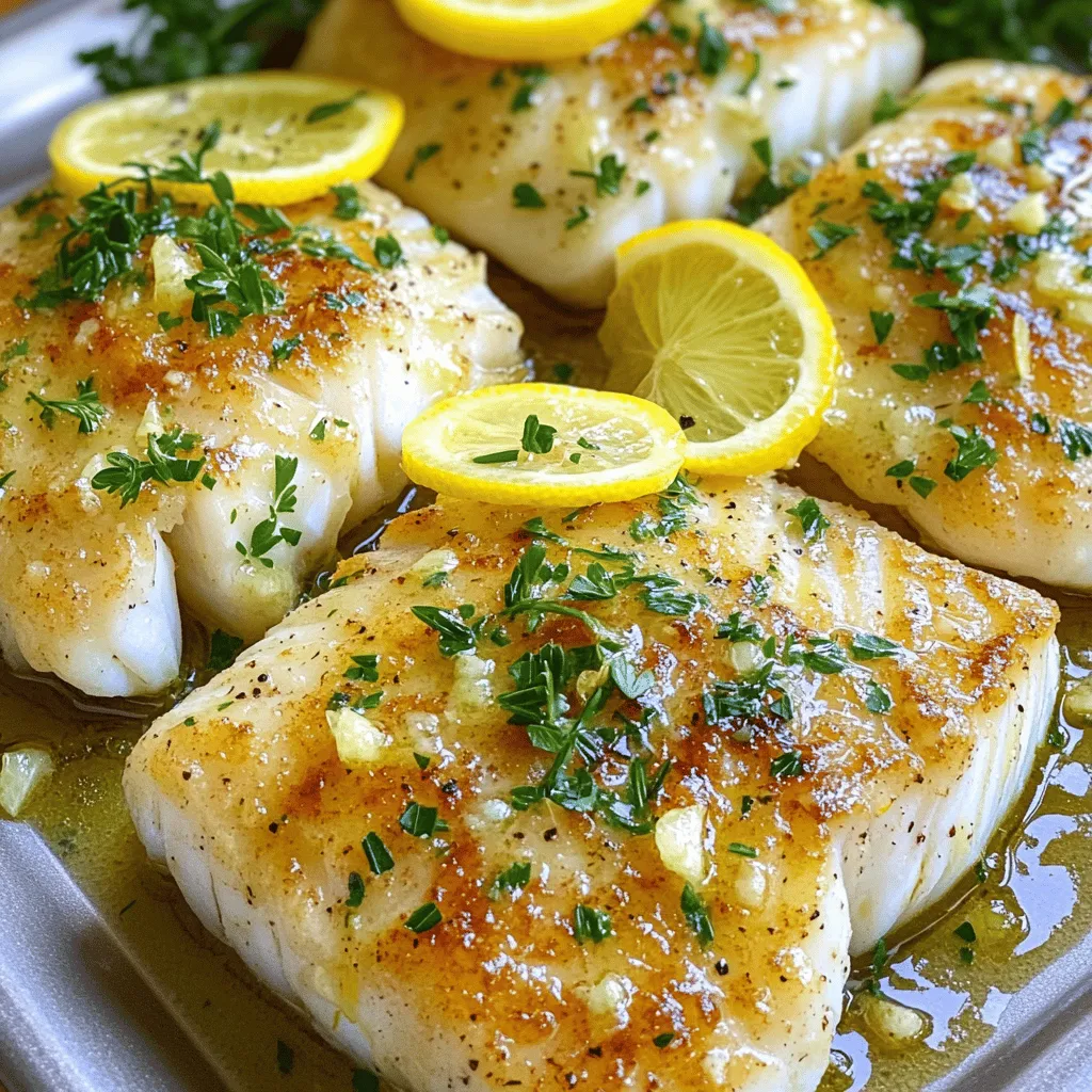 To make Lemon Butter Garlic Cod, you need the following ingredients: - 4 cod fillets (approximately 6 oz each) - 3 tablespoons unsalted butter - 4 cloves garlic, minced - Zest and juice of 1 large lemon - 1 teaspoon dried thyme - 1 teaspoon dried parsley - Salt and pepper to taste - Fresh parsley, chopped (for garnish) - Lemon slices (for garnish) These ingredients come together to create a bright and zesty flavor. The cod is mild and flaky, which pairs well with the rich butter and tangy lemon. When choosing cod, fresh is best. Look for fillets with a clean, ocean-like smell. They should be firm to the touch and have a moist appearance. If you can, buy wild-caught cod for better taste and texture. For the garlic, use fresh cloves instead of pre-minced or jarred. Fresh garlic has a stronger flavor. Choose a lemon that feels heavy for its size, as this means it is juicy. If you can’t find cod, you can use other fish like haddock or tilapia. Both will work well with the lemon butter sauce. For a little twist, try olive oil instead of butter for a healthier option. You can also replace lemon with lime for a different taste. If you don't have dried thyme and parsley, fresh herbs are great. Just use three times the amount of fresh herbs to get the same flavor. For a full recipe, check out the detailed steps to make this dish shine! Start by rinsing your cod fillets under cold water. Pat them dry with paper towels. This step helps remove any extra moisture. Next, season both sides of the fillets with salt and pepper. This simple seasoning enhances the fish's natural flavor. 1. Preheat your skillet over medium heat. Add 2 tablespoons of unsalted butter. Let it melt until it bubbles slightly. 2. Add 4 cloves of minced garlic to the skillet. Sauté for about 30 seconds. The goal is to make the garlic fragrant, not burnt. 3. Stir in the zest and juice of 1 large lemon. Then add 1 teaspoon of dried thyme and 1 teaspoon of dried parsley. Mix it all together and let it simmer for one more minute. 4. Now, carefully place the seasoned cod fillets in the skillet. Cook for about 4-5 minutes on each side. The fish should become opaque and flake easily with a fork. 5. In the last minute, add the remaining tablespoon of butter. Let it melt and coat the fillets for extra flavor. 6. Once the cod is cooked, carefully lift it out of the skillet. Place it on a serving platter. 7. Drizzle the garlic lemon butter sauce over the cod. For the finishing touch, garnish with chopped fresh parsley and lemon slices. Serve the cod fillets on a nice platter. Add fresh lemon slices on the side for color. A sprinkle of chopped parsley makes it look fresh. Drizzle some extra lemon butter sauce over the top for an appetizing finish. This will make your dish not just tasty, but also beautiful! For the full recipe, check the section above. When making Lemon Butter Garlic Cod, avoid these pitfalls for the best dish. - Overcooking the fish: Cod cooks quickly. Keep an eye on it. Cook it just until it flakes easily. - Burning the garlic: Garlic burns fast. Sauté it for only 30 seconds. Watch it closely to keep it fragrant. - Skipping seasoning: Don’t forget to season both sides of the cod. Salt and pepper enhance the flavor. You can easily boost the taste of your cod. Here are some ideas: - Add herbs: Fresh herbs like dill or basil can add a bright touch. - Citrus variations: Try using lime or orange juice instead of lemon for a twist. - Spicy kick: A pinch of red pepper flakes can add some heat to the dish. A few simple tools will help you create this meal: - Skillet: A non-stick skillet works best for cooking the cod. - Spatula: Use a spatula to flip the fish without breaking it. - Measuring spoons: Accurate measurements ensure the flavors balance well. For the full recipe, check out the Lemon Butter Garlic Cod section above. Enjoy your cooking experience! {{image_2}} For a fresh twist, try lemon herb butter cod. Use the same base recipe. Just mix in fresh herbs like basil or dill. The herbs add a bright flavor that pairs well with the lemon and garlic. You can even add a pinch of red pepper flakes for a slight kick. If you prefer baking, this method works great. Preheat your oven to 400°F. Prepare the cod fillets as in the full recipe. Place them in a greased baking dish. Pour the lemon butter garlic sauce over the top. Bake for about 15-20 minutes. The cod will be flaky and delicious. You can make this dish a full meal by adding vegetables. As the cod cooks, toss in some asparagus, green beans, or cherry tomatoes. The veggies soak up the lemon butter flavor. They add color and nutrition to your plate. This option makes dinner easy and healthy. To store your leftover Lemon Butter Garlic Cod, let it cool first. Place the cooled cod in an airtight container. You can keep it in the fridge for up to three days. Make sure the container is sealed well to keep the fish fresh. If you want to store it longer, freezing is a great option. Wrap the cod tightly in plastic wrap and then foil. This helps prevent freezer burn. You can freeze it for up to two months. When you’re ready to eat it, thaw it in the fridge overnight. Reheating cod can be tricky. You want to avoid drying it out. The best way to reheat it is in the oven. Preheat your oven to 350°F (175°C). Place the cod on a baking dish and cover it with foil. Heat for about 10-15 minutes until it’s warm. You can also reheat it in a skillet over low heat with a bit of butter. This keeps it moist and tasty. For more details, check the Full Recipe. Yes, you can use frozen cod. Just make sure to thaw it first. Place the frozen cod in the fridge overnight or use cold water for a quick thaw. Once thawed, pat the cod dry with paper towels. This helps the fish absorb the flavors better in the recipe. Lemon Butter Garlic Cod pairs well with many sides. Here are some ideas: - Steamed broccoli - Garlic mashed potatoes - Rice pilaf - Roasted asparagus - A fresh garden salad These sides add color and flavor to your meal. They also balance the richness of the cod. You can tell cod is cooked when it turns opaque. Use a fork to check if it flakes easily. The internal temperature should reach 145°F. If you have a food thermometer, this is a great tool to ensure it's done. Cooking cod just right gives you a tender, moist fish. For a delicious experience, try the Full Recipe. This blog post covered key ingredients, step-by-step cooking, and storage tips for cod. We explored ways to enhance flavor and shared common mistakes to avoid. You can also try fun variations to make each meal unique. Remember to store leftovers properly and know how to reheat them. With these tips, cooking cod can be simple and delicious. Enjoy your cooking journey, and keep experimenting!
