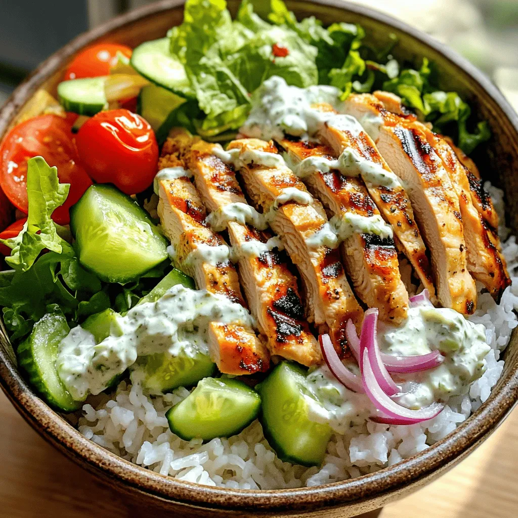 To make a tasty chicken gyro bowl, gather these items: - 2 cups cooked rice or quinoa - 2 chicken breasts, grilled and sliced - 1 medium cucumber, diced - 1 large tomato, diced - 1/2 red onion, thinly sliced - 1 cup mixed greens (e.g., lettuce, spinach) - 1/2 cup tzatziki sauce - 1 tablespoon olive oil - 1 teaspoon dried oregano - Salt and pepper to taste - Fresh parsley or dill for garnish (optional) You will need some basic items from your pantry: - Olive oil: This adds flavor and helps cook the chicken. - Dried oregano: This herb gives the chicken a nice taste. - Salt and pepper: These make your dish taste better. Fresh ingredients make this bowl special: - Chicken breasts: Use fresh ones for the best flavor. - Vegetables: Choose ripe tomatoes and crunchy cucumbers. - Greens: Fresh lettuce or spinach adds color and crunch. Now you have everything you need for a delicious chicken gyro bowl. Enjoy cooking! First, cook your rice or quinoa. Follow the package instructions to make it right. Once done, fluff it with a fork and set it aside. This will be the base of your gyro bowl. A warm, fluffy base makes everything taste better. Now, let’s get to the chicken. Season your chicken breasts with olive oil, oregano, salt, and pepper. This step adds great flavor. Heat your grill or pan to medium-high. Cook each side for about 6-7 minutes. You want the juices to run clear. Once cooked, let the chicken rest for a few minutes. This helps keep it juicy. After resting, slice it into strips. Now for the fun part—assembling your bowl! Start with your base of rice or quinoa in a bowl. Next, add the sliced grilled chicken on top. Then, layer in the diced cucumber, tomatoes, and sliced red onion. Top it off with a handful of mixed greens. Finally, drizzle tzatziki sauce over everything. For a fresh touch, sprinkle parsley or dill on top. Enjoy your easy chicken gyro bowl now! If you want the full recipe, check out the detailed steps above. To get juicy chicken, start with good seasoning. I recommend using olive oil, oregano, salt, and pepper. This mix adds great flavor. Grill or pan-sear on medium-high heat. Cook for about 6-7 minutes per side. The chicken is done when the juices run clear. Let it rest for a few minutes before slicing. This keeps it tender. For a complete meal, serve the chicken gyro bowl with grilled pita bread. You can also add feta cheese for extra taste. Pair it with a light salad or some roasted veggies. The fresh flavors of cucumber and tomato enhance the dish nicely. If you want some heat, add sliced jalapeños or a sprinkle of chili flakes. Having the right tools makes cooking easier. Use a good chef's knife for cutting veggies and chicken. A cutting board is key for prep work. A grill pan or outdoor grill works best for chicken. Don't forget a mixing bowl for your tzatziki sauce. A set of measuring spoons and cups will help you get the right amounts. These tools make cooking fun and simple! {{image_2}} You can make this gyro bowl meat-free. Use grilled halloumi cheese or marinated tofu instead of chicken. Both options provide a nice texture. You can also add chickpeas for protein. They add a great crunch and flavor. Use your favorite veggies, like bell peppers or zucchini. Top with tzatziki to keep the classic taste. To make this dish gluten-free, simply skip any gluten-filled items. Use rice or quinoa as your base. Most tzatziki sauces are gluten-free, but check the label. For the veggies, all fresh options like cucumber and tomato are safe. You can even swap in gluten-free pita chips for crunch. To add more flavor, try different spices. A touch of smoked paprika or cumin gives a nice twist. You can also mix in fresh herbs like mint or cilantro for brightness. If you like heat, add sliced jalapeños or a dash of hot sauce. Experimenting can make your gyro bowl unique and exciting. For the full recipe, check out the Easy Chicken Gyro Bowl. To keep your chicken gyro bowl fresh, store it in an airtight container. Make sure it cools down before sealing. Leftovers last up to three days in the fridge. For the best taste, separate the chicken, veggies, and sauce. This way, each ingredient stays fresh and flavorful. When you're ready to eat, reheat your chicken gyro bowl in the microwave. Heat it for 1-2 minutes on medium power. Check that the chicken is warm throughout. You can also reheat it in a skillet over low heat. This keeps the chicken juicy and the veggies crisp. If you want to save your gyro bowl for later, you can freeze it. Store the chicken and rice or quinoa together in a freezer-safe bag. Avoid freezing the fresh veggies and sauce, as they don't freeze well. Your frozen chicken gyro bowl can last up to three months. When you're ready to eat, thaw it in the fridge overnight before reheating. Enjoy your meal anytime! If you don’t have tzatziki sauce, try plain yogurt mixed with herbs. You can add garlic, lemon juice, and cucumber for a similar taste. Hummus is also a great option. It adds creaminess and pairs well with chicken. You can even use a yogurt-based ranch dressing for a twist! Yes, you can grill or pan-sear the chicken ahead of time. Just cook it fully, slice it, and store it in the fridge. It stays fresh for about three days. Reheat the chicken before adding it to your bowl. This saves time for busy days! To make this chicken gyro bowl healthier, use brown rice or quinoa as a base. Add more veggies like bell peppers or spinach for extra nutrients. You can also reduce the amount of tzatziki sauce or use a low-fat version. This keeps the flavor while cutting down on calories! A chicken gyro bowl goes well with a fresh Greek salad or roasted veggies. You can also serve pita bread on the side. For a light dessert, try yogurt with honey and nuts. These options balance flavors and make a complete meal! For the full recipe, check out the Easy Chicken Gyro Bowl section. This blog post has covered everything you need for a chicken gyro bowl. We explored the key ingredients, from pantry staples to fresh items. I shared step-by-step instructions and cooking tips to help you grill chicken like a pro. We also discussed fun variations and storage tips. In closing, enjoy creating your own gyro bowl. Discover your favorite flavors and customize it. Cooking can be a fun and rewarding experience. Dive in and enjoy your meal!