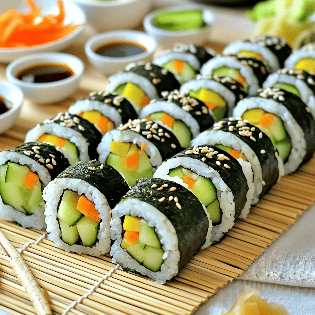 - 2 cups sushi rice - 2 1/2 cups water - 4 tablespoons rice vinegar - 1 tablespoon sugar - 1 teaspoon salt - 4 sheets nori (seaweed) - 1 avocado, sliced - 1 cucumber, julienned - 1 carrot, julienned - 1 bell pepper, thinly sliced (any color) - Soy sauce for dipping - Pickled ginger (optional) - Sesame seeds for garnish (optional) I love making easy veggie sushi rolls because they are fresh and fun. First, gather all your ingredients. You'll need sushi rice, water, rice vinegar, sugar, and salt. These will make your rice nice and sticky. Next, grab some nori, which is the seaweed that wraps the sushi. For fillings, I suggest using avocado, cucumber, carrot, and bell pepper. These veggies add great flavor and color. Don't forget soy sauce for dipping. Pickled ginger and sesame seeds can add a nice touch too. These ingredients make the rolls tasty and colorful. Have fun mixing and matching your favorite fillings! You can find the full recipe in the article above. To start, you need to rinse the rice. Rinse the sushi rice under cold water. Keep rinsing until the water runs clear. This step removes excess starch and helps the rice cook well. Next, it’s time to cook the rice. In a medium saucepan, combine the rinsed rice and water. Bring it to a boil over medium heat. Then, reduce to low, cover, and simmer for about 20 minutes. The rice should absorb the water and become tender. While the rice is cooking, prepare the vinegar mixture. In a small bowl, mix rice vinegar, sugar, and salt. Stir until the sugar and salt dissolve. This mixture will add flavor to the rice. Once the rice is cooked, remove it from heat. Let it sit covered for 10 minutes. Then, transfer the rice to a large bowl. Gently fold in the vinegar mixture. Let the rice cool to room temperature. Now, let’s assemble the sushi rolls. Place a bamboo sushi mat on a clean surface. Lay one sheet of nori on the mat, shiny side down. Wet your hands with water to prevent sticking. Grab a handful of sushi rice and spread it evenly over the nori. Leave about 1 inch of space at the top edge. Next, add the filling. Arrange slices of avocado, cucumber, carrot, and bell pepper in a line across the middle of the rice. You can use your favorite vegetables here! Now, it's time to roll the sushi. Starting from the edge of the mat closest to you, carefully roll the sushi away from you. Press gently but firmly to keep the filling in place. Roll until you reach the exposed edge of the nori. Wet that edge with a little water to seal the roll. Use a sharp knife to slice the roll into bite-sized pieces. Wipe the knife with a damp cloth between cuts. This ensures clean slices. Repeat the process with the remaining nori and filling ingredients until all the rice is used. If you want to know more, check the Full Recipe for all the details. Using a bamboo sushi mat helps you roll the sushi tight and even. Place it on a clean surface. Lay a sheet of nori, shiny side down, on the mat. Wet your hands with water to stop the rice from sticking. Grab a handful of sushi rice and spread it evenly over the nori, leaving about one inch at the top. When rolling, apply gentle but even pressure. This keeps the filling in place. Start rolling from the edge closest to you. As you roll, tuck the filling in tightly. Wet the top edge of the nori with water to seal the roll. If your hands or mat stick, sprinkle a little water on them. This simple trick keeps everything smooth. For dipping, soy sauce is perfect. You can also add pickled ginger for a fresh kick. Garnish your rolls with sesame seeds for a nice touch. To make your sushi look great, slice it neatly with a sharp knife. Wipe the knife with a damp cloth between cuts. This keeps the slices clean and pretty. One big mistake is overfilling the rolls. Less is more when you add your veggies. If you add too much, the roll may fall apart. Another issue is not sealing the nori properly. Wet the edge well to make sure it sticks. When cutting the sushi, use a sharp knife. Cut straight down, not with a sawing motion. This keeps the rolls from squishing. Following these tips will help you make great sushi rolls every time. Check out the Full Recipe for more details! {{image_2}} You can get creative with your sushi rolls. Besides the classic veggies, you can use many other ingredients. Here are some tasty options: - Additional Vegetable Options: - Spinach adds a nice color and flavor. - Zucchini brings a fresh crunch. - Radishes offer a spicy kick. - Sweet potatoes can add sweetness when roasted. - Using Fruits in Sushi: - Mango gives a sweet and tropical touch. - Pineapple adds a juicy burst. - Strawberries can make sushi look fun and colorful. These fillings can spice up your sushi rolls and make them unique. You don’t have to stick to just one style of rolling. Here are two fun methods to try: - Inside-Out Rolls: - For this technique, put the rice on the outside. - Spread the rice over the nori, then flip it over. - Fill with veggies and roll it up. - You can sprinkle sesame seeds on the outside for extra flavor. - Sushi Cones (Temaki): - This style is simple and fun. - Take a piece of nori and shape it into a cone. - Fill it with rice and your favorite veggies. - You can hold it in your hand and eat right away. Sushi can fit many diets. Here are some options: - Vegan-Friendly Options: - All the ingredients in veggie sushi are plant-based. - You can use tofu for extra protein. - Just avoid any fish or seafood. - Gluten-Free Considerations: - Make sure to use gluten-free soy sauce. - Check that your nori does not have added gluten. - Most of the fillings are naturally gluten-free. These adjustments ensure everyone can enjoy sushi rolls without worry. For the full recipe, check out the Easy Veggie Sushi Rolls section. To keep leftover sushi fresh, store it in the fridge. Place the sushi in an airtight container. This helps keep moisture in and prevents it from drying out. If you have a few rolls, wrap them in plastic wrap before putting them in the container. To prevent sogginess, do not store sushi with soy sauce. Soy sauce can make the sushi wet and mushy. Keep it on the side for dipping. If you have pickled ginger or sesame seeds, store them separately as well. You can warm sushi, but it’s best to eat it cold. If you want to heat it, use a microwave. Place sushi on a plate and cover it with a damp paper towel. Heat it for about 10-15 seconds. This keeps the rice moist. If your sushi has seafood, make sure to eat it soon. Leftover seafood sushi can spoil fast. Always check for any strange smells or colors before eating. Sushi stays fresh in the fridge for 1-2 days. After that, the rice can dry out or become hard. If you see any changes in color or smell, it’s best to throw it away. Signs of spoilage include: - A sour smell - Discoloration on the rice or veggies - A sticky or slimy texture Following these tips will help you enjoy your Easy Veggie Sushi Rolls even after making them! For the full recipe, check out the earlier section. To make sushi rice sticky, rinse the rice well. Rinsing removes excess starch. This helps the rice stick together. After cooking, mix in vinegar, sugar, and salt. The vinegar adds flavor and stickiness. You can use regular rice, but it won't taste the same. Sushi rice is short-grain. It has more starch, making it sticky. Regular rice may fall apart and not hold its shape. If you use it, expect a different texture. You can serve veggie sushi with many sides. Traditional options include soy sauce and pickled ginger. You can add wasabi for some spice. Non-traditional sides like edamame or a fresh salad work well too. Yes, you can prepare sushi ahead of time. Make the rolls and keep them in the fridge. Wrap them in plastic to keep them fresh. Enjoy them within a day for the best taste. To make easy veggie sushi rolls, start with fresh ingredients. Prepare your sushi rice, assemble your rolls, and roll them with care. Use our tips for perfect rolling and avoid common mistakes for the best results. In the end, sushi is fun and creative. Experiment with different fillings and techniques. Enjoy your homemade sushi rolls, and always share with friends and family! Your sushi adventure is just beginning.