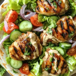 To make Easy Chicken Shawarma Wraps, you need just a few key items: - 1 lb boneless, skinless chicken thighs - 2 tablespoons olive oil - 2 teaspoons ground cumin - 2 teaspoons ground coriander - 1 teaspoon smoked paprika - 1 teaspoon garlic powder - 1 teaspoon onion powder - 1/2 teaspoon cayenne pepper (optional for heat) - Salt and pepper to taste These ingredients create a rich marinade that makes the chicken flavorful and juicy. When you’re ready to serve, gather these fresh toppings: - 4 large pita or flatbreads - 1 cup lettuce, shredded - 1 medium tomato, diced - 1/2 cucumber, sliced - 1/4 red onion, thinly sliced - 1/2 cup tahini sauce or garlic yogurt sauce These fresh ingredients add crunch and creaminess to your wraps. You can change the marinade to suit your taste. Here are some ideas: - Use lemon juice instead of olive oil for a tangy twist. - Add fresh herbs like parsley or cilantro for a fresh taste. - Swap smoked paprika for regular paprika if you prefer less smoke. These small changes can make each wrap unique and exciting. For the complete recipe, check the Full Recipe. To start, gather your ingredients for the marinade. In a large bowl, mix: - 2 tablespoons olive oil - 2 teaspoons ground cumin - 2 teaspoons ground coriander - 1 teaspoon smoked paprika - 1 teaspoon garlic powder - 1 teaspoon onion powder - 1/2 teaspoon cayenne pepper (if you want heat) - Salt and pepper to taste Stir these ingredients well. This mix gives the chicken its bold flavor. Next, add 1 lb of boneless, skinless chicken thighs to the marinade. Make sure every piece is well-coated. Cover the bowl and place it in the fridge. Let it marinate for at least 30 minutes. For even more taste, you can marinate it for up to 2 hours. Now, it’s time to cook the chicken. Preheat your grill or skillet to medium-high heat. Cook the marinated chicken for about 6-7 minutes on each side. You want it fully cooked and slightly charred. Once cooked, remove it from the heat and let it rest for 5 minutes. After resting, slice the chicken thinly against the grain. While the chicken is resting, warm 4 large pita or flatbreads on the grill or in a skillet for a few seconds. This makes them soft and easy to wrap. Now, it’s assembly time! On each pita, place: - Shredded lettuce - Diced tomato - Sliced cucumber - Thinly sliced red onion Then, add the sliced chicken on top. Drizzle with 1/2 cup of tahini sauce or garlic yogurt sauce. Finally, roll the wraps tightly, tucking in the ends as you go. Serve these wraps right away or wrap them in parchment paper for a tasty meal on the go. For the full recipe, refer to the instructions above. Enjoy your delicious Easy Chicken Shawarma Wraps! You can cook chicken shawarma in several ways. The grill gives a smoky flavor. A skillet works well for a quick meal. An oven also produces great results. If you want that charred taste, grilling is best. Just remember to preheat the grill or skillet. This step ensures even cooking. Cook the chicken until it reaches 165°F for safety. Cutting the chicken right boosts its taste. Always slice against the grain. This method makes the meat tender and juicy. Start with cooked chicken that has rested. Letting it rest for a few minutes keeps the juices inside. Use a sharp knife to make clean cuts. Thin slices work best for wraps. Aim for pieces about 1/4 inch thick. Assembling your wraps can be fun. Start with a warm pita or flatbread. This step helps the wrap stay flexible. Place a good amount of lettuce, tomato, cucumber, and onion first. Then, add the sliced chicken. Don’t forget the sauce; it adds flavor and moisture. Roll the wrap tightly, tucking in the ends. This technique keeps everything inside. If you want to take it on the go, wrap it in parchment paper. Enjoy your delicious meal! For the full recipe, check out the Easy Chicken Shawarma Wraps. {{image_2}} You can switch up the protein in this recipe. Try beef or lamb if you want something richer. For a vegetarian choice, use marinated tofu or chickpeas. Both options bring great flavor and texture to your wraps. Cooking times may vary, so check for doneness. The sauce can make or break your wrap. If tahini is not your favorite, try garlic yogurt sauce for a creamy twist. You can also use a spicy harissa sauce for a kick. A simple mix of lemon juice and olive oil adds brightness and freshness, too. Feel free to customize your wraps! Swap out lettuce for spinach or arugula for a fresh taste. Try adding roasted peppers or olives for a Mediterranean flair. You can even throw in some feta cheese for extra creaminess. The key is to make it your own! For the full recipe, check out the link above. To keep your leftover shawarma chicken fresh, place it in an airtight container. Make sure it cools completely before sealing. Store it in the fridge for up to three days. If you want to keep it longer, freeze it. Wrap the chicken tightly in foil or plastic wrap. Then, place it in a freezer-safe bag. It will last up to three months in the freezer. If you have assembled wraps, store them carefully. Wrap each shawarma in parchment paper or aluminum foil. This keeps them fresh and prevents them from getting soggy. Place the wraps in an airtight container in the fridge. They should be eaten within one day for the best taste and texture. When you are ready to enjoy your leftovers, reheating is simple. For chicken, preheat your oven to 350°F (175°C). Place the chicken on a baking sheet and cover it with foil. Bake for about 10 minutes, or until heated through. If you have assembled wraps, you can reheat them in a skillet. Heat over medium heat for a few minutes on each side. This helps keep the wraps crispy. Enjoy your tasty meal again! For the full recipe, check out the earlier sections. Serve Easy Chicken Shawarma Wraps warm and fresh. Place them on a plate. You can add extra tahini sauce on the side for dipping. These wraps taste great with a squeeze of lemon juice too. If you want, serve them with a side of pickled vegetables. This adds crunch and a bit of tang. You can also wrap them in parchment paper for easy eating on the go. This makes them perfect for picnics or lunchboxes. Yes, you can make the marinade ahead of time. Mix the olive oil and spices in a bowl. Cover it and store it in the fridge. This makes meal prep easier, saving you time. You can also marinate the chicken overnight for deeper flavor. Just remember, the longer you marinate, the more intense the taste will be. This works well if you plan to serve the wraps later in the week. A few great sides go well with chicken shawarma. Consider a fresh salad with cucumbers, tomatoes, and parsley. Hummus and pita chips make a tasty appetizer too. You can also serve roasted vegetables for a warm side. Fries or sweet potato fries are a fun option as well. Each of these sides adds flavor and texture to your meal. Enjoy mixing and matching to find your favorite combinations! You learned about making easy chicken shawarma wraps. We talked about key ingredients, marinades, and cooking steps. Tips helped you optimize flavor and wrap assembly. You also saw variations for proteins and sauces. Lastly, we covered storage and reheating options. Enjoy trying these wraps at home. They’re fun, tasty, and easy to customize. You’ll impress yourself and others with your cooking skills!