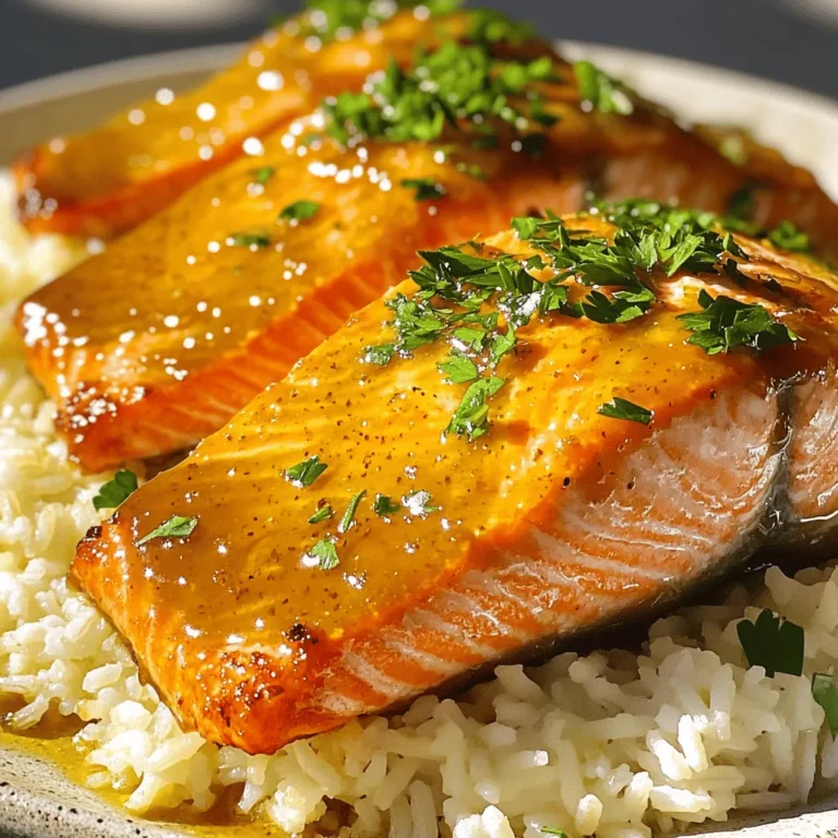 To make brown sugar glazed salmon, gather these key ingredients: - 4 salmon fillets - 1/4 cup brown sugar - 2 tablespoons soy sauce - 2 tablespoons Dijon mustard - 1 tablespoon olive oil - 2 cloves garlic, minced - 1 teaspoon fresh ginger, grated - Salt and pepper to taste These ingredients blend well to create a sweet glaze that pairs perfectly with salmon. The brown sugar adds a rich sweetness, while soy sauce brings depth. Dijon mustard adds a hint of tang, and garlic and ginger give it a fresh kick. You can enhance your dish with these garnishes: - Fresh parsley, chopped - Lemon wedges Chopped parsley adds color and freshness to the dish. Lemon wedges can brighten the flavors even more. They make the meal look fantastic and taste even better. Here are the tools you will need: - Skillet - Mixing bowl - Whisk - Spatula A skillet helps you cook the salmon evenly and achieve that nice glaze. A mixing bowl and whisk are vital for mixing the glaze smoothly. A spatula will help you flip the salmon with ease. For the full recipe, check [Full Recipe]. To make the brown sugar glaze, start by gathering your ingredients. You need brown sugar, soy sauce, Dijon mustard, olive oil, garlic, and fresh ginger. In a small bowl, combine these ingredients. Whisk them together until they mix well. The glaze will be thick and sweet. This is the key to the dish's flavor. Set the glaze aside while you prepare the salmon. Next, season the salmon fillets. Sprinkle salt and pepper on both sides. This adds flavor to the fish. Heat a skillet over medium heat and add a little olive oil. Once the skillet is hot, place the salmon fillets skin-side down. Cook them for about 4-5 minutes. You want the skin to get crispy. After that, flip the fillets carefully. Pour the brown sugar glaze over the salmon. Cook for another 3-4 minutes. The glaze will bubble and caramelize, creating a delicious coating. When the salmon is ready, take it off the heat. Let it rest for a minute. This helps the juices stay inside. For a nice touch, garnish your dish with fresh parsley. You can serve the salmon over steamed rice or with roasted vegetables. Drizzle some extra glaze on top for a beautiful shine. For the full recipe, check the section above. Enjoy your meal! To get that glossy finish, the key is heat. Start by mixing the brown sugar, soy sauce, Dijon mustard, olive oil, garlic, and ginger until smooth. Pour this mixture over the salmon while it cooks. The heat helps the sugar melt and caramelize, creating a shiny coat. Keep an eye on it, so it doesn’t burn. A perfect glaze should be thick but not burnt. To know when your salmon is ready, use a fork. Gently press down on the thickest part. If it flakes easily, it’s done! Salmon cooks best at medium heat for even cooking. Aim for an internal temperature of 145°F. This keeps it moist and juicy. Remember, salmon continues to cook after you take it off the heat. Want to jazz up the flavor? You can add fresh herbs like dill or cilantro. A squeeze of lemon juice brightens the dish too. If you like heat, add a pinch of red pepper flakes to the glaze. For a sweeter touch, mix in a little honey or maple syrup. These tweaks make your brown sugar glazed salmon even more special. For the full recipe, check out the original guide. {{image_2}} You don’t have to stick to salmon. You can try other fish like trout, cod, or halibut. Each fish has a unique taste and texture, which adds a new twist. For instance, trout has a milder flavor than salmon. Cod is flaky and absorbs the glaze well. Halibut offers a meaty bite that pairs perfectly with the sweet glaze. Adjust cooking times based on the thickness of the fish. You can mix up the glaze if you want something new. Instead of brown sugar, use honey or maple syrup. Each gives a different sweetness and flavor. You can also add chili flakes for a spicy kick or citrus juice for a zesty touch. Experimenting with different mustards can change the flavor too. A spicy mustard adds heat, while a sweet one balances the glaze. You can cook your fish in the oven or in a skillet. The skillet gives a nice crispy skin and caramelizes the glaze well. You cook it on medium heat for about 8–10 minutes. The oven method is simple and hands-off. Preheat the oven to 400°F and bake for about 12–15 minutes. Both methods work great, so choose what fits your style. For the full recipe, check out the details above. To store leftover salmon, let it cool down first. Place the salmon in an airtight container. Seal it tightly to keep air out. Store it in the fridge for up to three days. If you want to keep it longer, consider freezing. When reheating salmon, you want it to stay moist. The best way is to use an oven. Preheat the oven to 350°F (175°C). Place the salmon on a baking sheet. Cover it with foil to keep it from drying out. Heat for about 10-15 minutes until warm. You can freeze brown sugar glazed salmon for later. Wrap each fillet in plastic wrap tightly. Then place the wrapped salmon in a freezer bag. Remove as much air as possible before sealing. Label the bag with the date. It can last up to three months in the freezer. When ready to eat, thaw it in the fridge overnight before reheating. For the full recipe, check the link. You can pair Brown Sugar Glazed Salmon with many tasty sides. I love serving it over a fluffy bed of steamed rice. The rice soaks up the sweet glaze perfectly. Roasted veggies also make a great side. Try broccoli or asparagus for a pop of color and flavor. You can even add a simple salad to brighten the plate. A squeeze of lemon on the salmon adds a fresh touch, too. Yes, you can make the glaze ahead of time. Just mix the brown sugar, soy sauce, Dijon mustard, olive oil, garlic, and ginger in a bowl. Store it in the fridge in an airtight container. It will stay fresh for about three days. When you're ready to cook, just take it out and stir it again. It’s a great way to save time on busy nights! Yes, this recipe can be healthy. Salmon is a great source of protein and omega-3 fatty acids, which are good for your heart. The glaze uses brown sugar, which is better than white sugar in moderation. You control how much glaze you use, so you can make it lighter. Pairing it with fresh veggies boosts nutrients. Overall, it’s a balanced meal that tastes great! In this post, we explored the tasty brown sugar glazed salmon. We covered key ingredients, cooking steps, and helpful tips for perfect results. We also discussed variations for different fish and glaze options. Storing leftovers or reheating salmon can keep your meal fresh. In the end, this dish is easy to make and fun to serve. You can impress anyone with your cooking skills! Enjoy this delightful meal anytime.