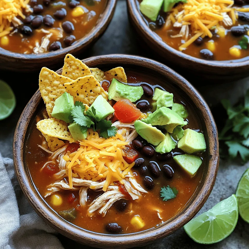 For this delightful Instant Pot Chicken Tortilla Soup, you’ll need the following ingredients: - 1 lb boneless, skinless chicken breasts - 1 can (15 oz) black beans, rinsed and drained - 1 can (15 oz) diced tomatoes with green chilies - 1 medium onion, chopped - 2 cloves garlic, minced - 1 cup corn (fresh, frozen, or canned) - 4 cups chicken broth - 1 teaspoon ground cumin - 1 teaspoon chili powder - 1 teaspoon smoked paprika - Salt and pepper to taste - 1 tablespoon olive oil - Tortilla chips, for serving - Shredded cheese, avocado, cilantro, and lime wedges for garnish When it comes to dietary needs, this soup is naturally gluten-free. You can easily make it dairy-free by skipping the cheese and using avocado as a topping. If you prefer a vegetarian option, swap chicken with cooked lentils or chickpeas. This soup is not only tasty but also full of nutrition. It’s quick to make and perfect for busy days. For the full recipe, check the link above. Enjoy cooking! Start by turning on your Instant Pot and selecting the 'Sauté' function. Pour in one tablespoon of olive oil. Once the oil is hot, add one chopped medium onion. Sauté the onion for about 3 to 4 minutes until it turns translucent. This step builds a solid base for your soup. Next, add two minced garlic cloves to the pot. Stir in one teaspoon of ground cumin, one teaspoon of chili powder, and one teaspoon of smoked paprika. Mix everything together for about one minute. This will release the rich flavors of the spices and make your kitchen smell amazing. Now, it's time to layer the main ingredients. Place one pound of boneless, skinless chicken breasts into the pot. Pour in four cups of chicken broth. Then, add one can of black beans (rinsed and drained), one can of diced tomatoes with green chilies (including the juice), and one cup of corn. Season the mixture with salt and pepper to taste. Close the lid securely and set the steam release valve to sealing. Select the 'Pressure Cook' function and set the timer for 10 minutes. This quick cooking time makes it easy to enjoy a hearty meal. After cooking, carefully perform a quick release of the pressure by turning the steam release valve to venting. Remove the chicken breasts from the pot and shred them using two forks. Return the shredded chicken back into the soup and stir to combine everything. Now, taste your soup and adjust the seasoning if needed. You can add more salt, pepper, or spices based on your preference. When you serve the soup, top it with tortilla chips, shredded cheese, diced avocado, fresh cilantro, and a squeeze of lime juice for a burst of flavor. Enjoy this delicious meal! For the full recipe, refer to the details above. For the best chicken tortilla soup, follow these tips: - Use 1 lb of chicken for a hearty base. - Combine one can of black beans and one can of diced tomatoes. - Add 1 cup of corn to balance flavors. - Keep the spices simple: 1 teaspoon each of cumin, chili powder, and smoked paprika. To enhance the flavor, consider these tricks: - Sauté the onions and garlic until they are soft. This boosts the base flavor. - A squeeze of lime juice brightens the soup. Add it just before serving. - Fresh cilantro adds a nice touch. Toss it in right before you serve. Using the Instant Pot can be easy. Here are best practices: - Always ensure the sealing ring is in place. This keeps the pressure in. - Do not fill the pot more than two-thirds full. This prevents overflow. Avoid common mistakes: - Don’t skip the sauté step. It helps develop deep flavors. - Be careful when releasing steam. Use a kitchen towel to protect your hand. - Double-check the pressure setting. Make sure it’s on ‘sealing’ before cooking. These tips can help you make a wonderful soup that sings with flavor. Check the Full Recipe for more details. {{image_2}} You can easily adapt this Instant Pot Chicken Tortilla Soup to fit different diets. For a gluten-free option, skip any ingredients with gluten. The soup mainly uses whole foods, which are naturally gluten-free. If you want a vegetarian version, swap out the chicken for cooked lentils or chickpeas. Use vegetable broth instead of chicken broth for rich flavor. You can also add more vegetables like bell peppers, zucchini, or carrots. For spice levels, you can adjust the heat. To make it mild, use fewer spices. Skip the green chilies or choose mild diced tomatoes. For a spicy kick, add jalapeños or a pinch of cayenne pepper. Feel free to switch up the ingredients! If you have different veggies on hand, toss them in. Sweet potatoes or butternut squash work well. You can also use shredded rotisserie chicken if you're short on time. Using seasonal ingredients can make your soup even better. In the summer, add fresh corn or peppers. In the fall, try adding pumpkin or butternut squash. Each season brings new flavors to explore. You can find the full recipe for this comforting soup and see how easy it is to make. It’s all about creating something you love! To keep your Instant Pot chicken tortilla soup fresh, first let it cool. Pour it into airtight containers to prevent spills. For the fridge, use clear glass or BPA-free plastic containers. These types help you see what’s inside. You can store the soup in the fridge for up to four days. If you want to save it longer, freeze it. Use freezer-safe bags or containers. This way, you can keep it for up to three months. When using bags, try to squeeze out the air to avoid freezer burn. When it's time to enjoy your leftovers, you have a few options. The best way to reheat chicken tortilla soup is on the stove. Pour the soup into a pot and heat over medium heat. Stir often to keep it from sticking. You can also use the microwave. Place the soup in a microwave-safe bowl and cover it. Heat it in one-minute bursts, stirring each time. This helps it heat evenly. If you froze the soup, let it thaw in the fridge overnight before reheating. Check the soup for flavor and add extra spices if needed. Enjoy your delicious meal! Making Instant Pot Chicken Tortilla Soup takes about 30 minutes in total. This includes 10 minutes for prep and 10 minutes for cooking. The Instant Pot does the rest. It builds pressure and cooks the soup quickly. Yes, you can make this soup on the stove. Use a large pot to sauté the onions and garlic. Then add all the other ingredients. Let it simmer for about 30 to 40 minutes. Make sure the chicken is cooked through before shredding. Toppings make this soup special. I suggest using: - Tortilla chips for crunch - Shredded cheese for creaminess - Diced avocado for richness - Fresh cilantro for flavor - Lime wedges for a zesty kick Yes, you can use frozen chicken in the Instant Pot. Just add a few extra minutes to the cook time. Frozen chicken will cook perfectly and shred easily once done. To wrap up, we explored how to make Instant Pot Chicken Tortilla Soup step by step. We covered ingredients, cooking tips, and variations to suit your needs. Remember, this soup is flexible. You can adjust flavors, try gluten-free options, or pick seasonal veggies. Store any leftovers properly for later enjoyment. I hope you find joy in making this easy, tasty meal. Enjoy your cooking adventure!