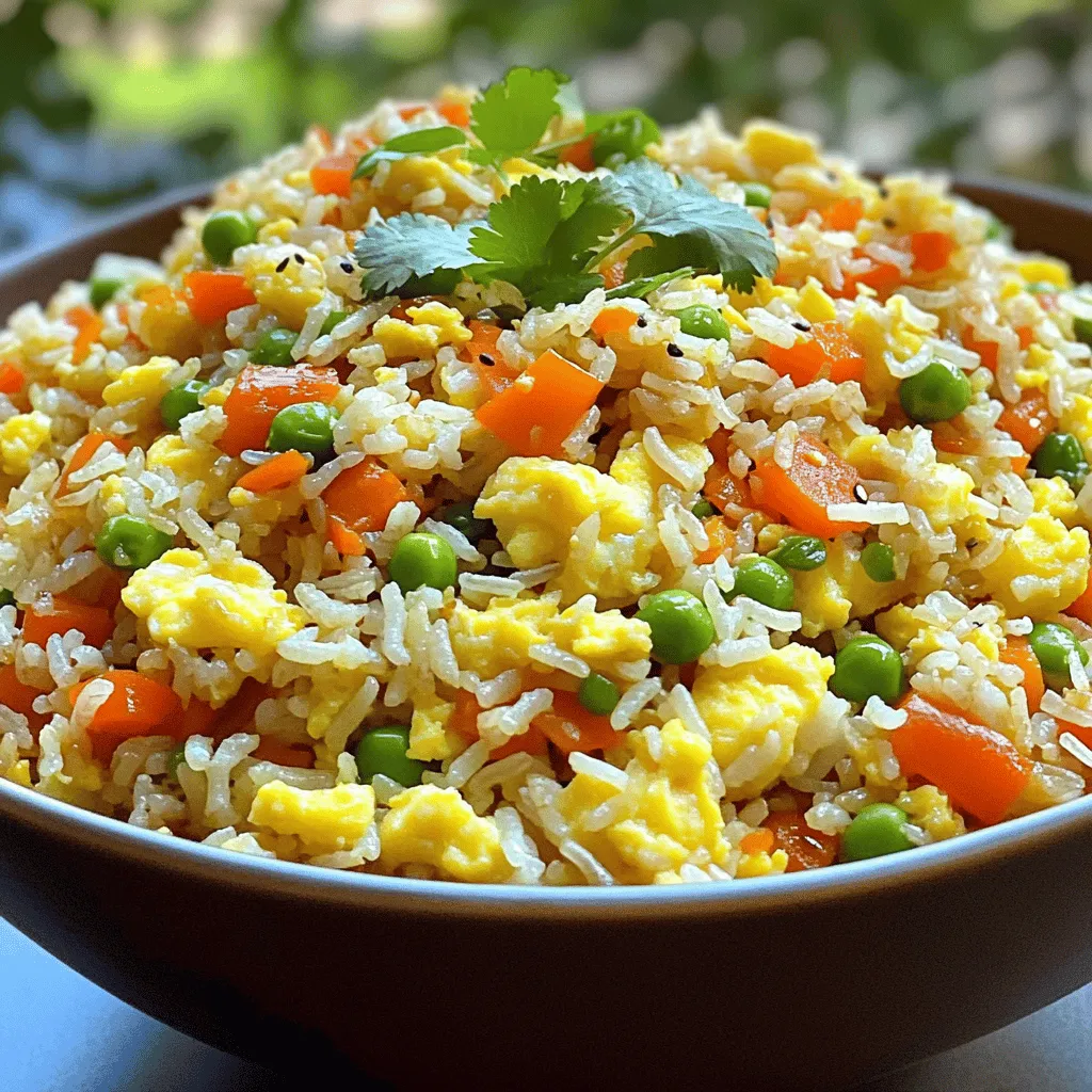To make egg fried rice, you'll need some simple items. Here’s what you’ll need: - 2 cups day-old cooked rice (preferably jasmine or basmati) - 3 large eggs, beaten - 1 cup mixed vegetables (carrots, peas, bell peppers) - 3 green onions, chopped - 2 tablespoons soy sauce - 1 tablespoon sesame oil - 1 tablespoon vegetable oil - Salt and black pepper to taste - Optional: 1 teaspoon sriracha for a spicy kick Day-old rice is best because it is firmer. Fresh rice may be too sticky. The mixed vegetables add color and nutrients. Green onions give a fresh taste to your meal. You can customize your egg fried rice easily. Here are some add-ins to think about: - Cooked chicken, shrimp, or tofu for protein - Garlic or ginger for flavor - Peanuts or cashews for a crunchy finish - A splash of lime juice for brightness These add-ins can make your dish unique. They also let you use what you have at home. If you lack an ingredient, don’t worry! Here are some swaps you can try: - Use leftover quinoa instead of rice. - Swap soy sauce with tamari for a gluten-free option. - Use olive oil instead of sesame oil if that’s what you have. - Replace mixed veggies with any fresh or frozen vegetables. These substitutions keep your egg fried rice simple and tasty. You can still enjoy a great meal with what you have on hand. For the full recipe, check out Full Recipe. To make easy egg fried rice, you need to prepare a few things first. Gather all your ingredients. You will need day-old cooked rice, eggs, mixed vegetables, green onions, soy sauce, sesame oil, and vegetable oil. Having everything ready makes cooking fun and fast. 1. Heat the vegetable oil in a large skillet or wok over medium-high heat. 2. Add the beaten eggs. Scramble them until they are fully cooked. Remove the eggs from the pan and set them aside. 3. In the same skillet, add the mixed vegetables. Sauté them for about 3-4 minutes. They should be tender and colorful. 4. Add the day-old rice to the skillet. Use a spatula to break up any clumps. Stir-fry for 2-3 minutes until it is heated through. 5. Drizzle in the sesame oil and soy sauce. Stir-fry everything together until well mixed and hot. 6. Now, stir in the scrambled eggs and chopped green onions. Season with salt, pepper, and sriracha if you like heat. Cook for another minute to blend all the flavors. 7. Taste your dish. Adjust the seasoning as needed. When ready to serve, place the fried rice in a large bowl. Garnish it with extra green onions on top. A sprig of cilantro adds a fresh look. This dish is not only quick but also a great way to enjoy leftover rice. Check out the Full Recipe for more details. To get the best texture, use day-old rice. Fresh rice has too much moisture. It clumps and turns mushy. Spread fresh rice on a tray and cool it. This helps dry it out. Before cooking, break up any clumps with your hands. This keeps each grain separate. Stir-frying over high heat also helps. This creates a nice, crispy texture. To boost flavor, try adding different seasonings. Soy sauce is a must, but you can mix it up. Add oyster sauce for a rich taste. A dash of sesame oil adds nuttiness. You might like to try minced garlic or ginger for warmth. If you enjoy spice, sriracha works well. Just a teaspoon can add heat without overpowering. Always taste as you go. This helps find your perfect balance. Avoid overcooking the eggs. Soft, fluffy eggs add great texture. If you cook them too long, they become dry. Another mistake is using too much sauce. Start with a small amount; you can always add more. Also, don’t overcrowd the pan. This can lead to steaming instead of frying. Finally, remember to let the rice cool before cooking. This is key for the best fried rice. For the full recipe, check out Egg-citing Fried Rice. {{image_2}} You can add protein to your egg fried rice. Chicken is a great choice. Just cut it into small pieces. Cook it in the pan before adding rice. Shrimp also works well. Toss in shrimp when the veggies are almost done. Tofu is perfect for a vegetarian twist. Use firm tofu and cut it into cubes. Sauté it until golden before mixing it in. If you want a vegetarian meal, skip the eggs. Use silken tofu as a substitute. It adds creaminess and protein. You can also use chickpeas for extra protein. They give a nice texture and flavor. Add some nutritional yeast for a cheesy taste. This option keeps your dish hearty and filling. Mixing different veggies can change the flavor of your dish. Carrots, peas, and bell peppers work well. You can try broccoli, snap peas, or corn too. Just chop them small for quick cooking. Add spinach or kale for a boost of greens. Use what you have at home for a tasty meal. Each mix brings its own flair, making every fried rice unique. Store leftover egg fried rice in an airtight container. Make sure it cools down first. You can keep it in the fridge for up to three days. If you want to save it longer, freezing is a great option. Just remember to label your container with the date. To reheat egg fried rice, you have a few choices. The microwave works well. Place the rice in a bowl, cover it with a damp paper towel, and heat for about one to two minutes. Stir halfway through to heat evenly. You can also use a skillet. Heat a bit of oil in the pan, add the rice, and stir-fry for a few minutes until warm. Freezing egg fried rice is simple. First, let it cool completely. Then, scoop it into freezer-safe bags or containers. Spread it out for even freezing. It can last up to three months in the freezer. When ready to eat, just thaw it overnight in the fridge before reheating. You can enjoy this tasty dish again with ease! For the full recipe, check out the previous sections. To make your fried rice less sticky, use day-old rice. Fresh rice has more moisture. This moisture can make your fried rice clump together. If you must use fresh rice, cool it down and spread it out on a sheet. Let it sit for a while before using it. Another tip is to add a little sesame oil while cooking. This adds flavor and helps prevent sticking. You can use fresh rice, but it may not be as good. Fresh rice can stick together and become mushy. If you decide to use it, spread it out on a tray to cool. Let it sit for about 30 minutes before cooking. This helps to firm it up. Keep in mind that day-old rice works best for fried rice. Egg fried rice pairs well with many dishes. You can serve it with stir-fried vegetables for a light meal. It also goes great with grilled chicken or shrimp. For a heartier option, try it with sweet and sour pork. You can even add a fresh salad on the side for a crunchy bite. To discover more ideas, check out the Full Recipe for egg fried rice. In this post, we explored making easy egg fried rice. We discussed key ingredients, handy tips, and common mistakes. I walked you through simple steps to cook perfect fried rice. You learned about tasty variations and how to store leftovers. Fried rice is versatile and fun. Enjoy experimenting with flavors and ingredients. You now have the knowledge to make great dishes at home. Happy cooking!
