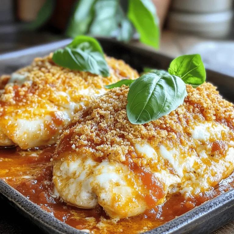 To make Simple Chicken Parmesan, you'll need these main items: - 2 boneless, skinless chicken breasts - 1 cup breadcrumbs (preferably seasoned) - 1/2 cup grated Parmesan cheese - 1 cup marinara sauce - 1 cup shredded mozzarella cheese - 1 teaspoon garlic powder - 1 teaspoon Italian seasoning - 1/2 teaspoon salt - 1/2 teaspoon black pepper - 2 tablespoons olive oil These ingredients work well together. The chicken gets a crispy crust from the breadcrumbs, while the cheese adds a rich flavor. The marinara sauce helps keep the dish moist and adds a nice touch of tomato flavor. You can change up the recipe with these optional items: - Fresh basil leaves for garnish - Red pepper flakes for heat - Spinach or mushrooms for extra veggies - Different types of cheese like provolone or fontina Feel free to mix in your favorites. Customizing your dish makes it unique to your taste! This recipe serves two people. Each serving offers: - Calories: About 600 - Protein: 45g - Fat: 30g - Carbohydrates: 40g - Fiber: 2g The dish provides a good balance of protein and carbs, making it a filling meal. It’s a delightful choice for dinner and pairs well with a side salad or pasta. For more details on how to make this, check the Full Recipe. Start by gathering all your ingredients. You need two boneless, skinless chicken breasts. Then, grab a cup of seasoned breadcrumbs and half a cup of grated Parmesan cheese. Don’t forget the marinara sauce, mozzarella cheese, garlic powder, Italian seasoning, salt, and black pepper. You'll also need two tablespoons of olive oil. Next, preheat your oven to 375°F (190°C). This step is key for getting that perfect melt on your cheese. While the oven heats, mix breadcrumbs, Parmesan cheese, garlic powder, Italian seasoning, salt, and pepper in a shallow bowl. This mixture gives your chicken a tasty crust. Now, take the chicken breasts and flatten them to an even thickness. Use a meat mallet or a rolling pin for this. This helps the chicken cook at the same rate. Heat the olive oil in a large oven-proof skillet over medium heat. Once the oil is hot, dip each chicken breast into the breadcrumb mixture. Make sure to coat both sides well. Add the coated chicken breasts to the skillet. Cook them for about 4 to 5 minutes on each side. You want them to turn golden brown and crispy. This step adds a great texture to your dish. After the chicken is browned, take the skillet off the heat. Spoon marinara sauce generously over each chicken breast. Then, sprinkle shredded mozzarella cheese on top of the sauce. Now, you’re ready to bake! Transfer the skillet to your preheated oven. Bake for 20 to 25 minutes. You want the chicken to be fully cooked and the cheese to be melted and bubbly. Once done, take it out and let it sit for a few minutes. If you want, garnish it with fresh basil leaves for a nice touch. Enjoy your Simple Chicken Parmesan! To cook chicken breasts well, start with even pieces. Use a meat mallet to flatten them. This helps the chicken cook evenly. Heat olive oil on medium heat in a skillet. Add the chicken and cook for 4-5 minutes on each side. You want a nice golden color. Use a meat thermometer to check the center. It should reach 165°F (75°C) for safe eating. A great marinara sauce makes a big difference. You can use store-bought or homemade sauce. If you choose store-bought, look for one with simple ingredients. Brands with no added sugars are best. For a homemade touch, sauté garlic in olive oil. Add crushed tomatoes, salt, and herbs. Simmer for 20 minutes for a fresh taste. While mozzarella is classic, try mixing cheeses for more flavor. Provolone and fontina add a nice twist. For a stronger taste, sprinkle some gorgonzola or goat cheese on top. Always use fresh cheese for the best melt. You can experiment with different cheese blends to find your favorite. This adds more depth to your Simple Chicken Parmesan. For the full recipe, check the complete ingredient list and instructions. {{image_2}} You can make a gluten-free version using almond flour or gluten-free breadcrumbs. These options keep the taste and texture while removing gluten. Simply replace the breadcrumbs in the recipe with your choice. This small change allows everyone to enjoy Chicken Parmesan. For a vegetarian twist, use eggplant or zucchini slices. Slice the veggies into thick rounds and follow the same steps. This gives you a tasty, meat-free dish that still feels hearty. Add a few more spices to bring out the flavors. If you like it spicy, sprinkle in some red pepper flakes. Add a dash to the breadcrumb mix for a kick. You can also use spicy marinara sauce to heat things up. This will make your Chicken Parmesan stand out and satisfy your taste buds. After cooking your Simple Chicken Parmesan, let it cool down. Place it in an airtight container. Store it in the fridge for up to three days. Make sure to keep it covered to prevent drying out. If you want to save some for later, this method works well. To freeze your Chicken Parmesan, first, let it cool completely. Wrap each piece tightly in plastic wrap. Then, place the wrapped chicken in a freezer bag. It can stay frozen for up to two months. When ready to eat, you can thaw it in the fridge overnight. To reheat, place the chicken in a baking dish. Preheat your oven to 350°F (175°C). Bake it for about 20 minutes. This keeps the chicken moist and the cheese bubbly. You can also use a microwave, but it may not crisp the chicken as well. For best results, I recommend the oven method. Enjoy your tasty dish again! Simple Chicken Parmesan takes about 15 minutes to prep. After that, it cooks for about 25 minutes in the oven. So, you can enjoy a tasty meal in about 40 minutes total. This makes it great for busy nights when you need something quick. Yes, you can use frozen chicken! Just make sure to thaw it first. Thaw the chicken in the fridge overnight or use the microwave. This way, the chicken cooks evenly and stays juicy. Cooking from frozen can lead to uneven cooking. You can pair Chicken Parmesan with many sides. Some great options include: - Spaghetti or pasta - Garlic bread - A fresh salad - Roasted vegetables These sides complement the flavors and make your meal more filling. Yes, you can make Chicken Parmesan ahead of time. Prepare the chicken and bake it early in the day. Just reheat it in the oven before serving. This keeps the chicken juicy and the cheese melty. For the best taste, add the sauce and cheese just before baking. Check out the Full Recipe for more tips on prep! In this blog post, we explored how to make Simple Chicken Parmesan. We covered main and optional ingredients, along with important nutritional facts. You learned step-by-step instructions for preparation, cooking, and baking. I shared tips to cook chicken perfectly and select the best marinara sauce. Variations for gluten-free and vegetarian options also featured. Finally, we discussed storage, reheating, and answered common questions. Now, you're ready to create a tasty meal for any occasion. Enjoy your cooking journey!