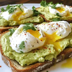 - 2 slices of whole-grain bread - 1 ripe avocado - 2 large eggs - 1 tablespoon lemon juice - Salt and pepper to taste - 1/4 teaspoon red pepper flakes (optional) - Fresh herbs (such as cilantro or chives) - Olive oil for drizzling Gathering the right ingredients is key to making this dish shine. Start with two slices of whole-grain bread. This bread adds fiber and a nutty taste. Next, you need one ripe avocado. Make sure it is soft but not brown. For a touch of brightness, grab a tablespoon of lemon juice. It enhances the flavor and keeps the avocado fresh. Now, let's talk about seasoning. You will need salt and pepper to taste. A pinch of red pepper flakes adds heat if you like spice. To finish, fresh herbs like cilantro or chives add color and flavor. Finally, a drizzle of olive oil gives richness and makes the dish look great. This list gives you everything you need for a delicious avocado toast with poached egg. For the full recipe, check out the details above. First, grab your whole-grain bread. Place it in a toaster or on a grill. Toast the bread until it’s golden brown and crispy. This step adds texture and flavor. You want that perfect crunch to hold the toppings. Now, let’s work on the avocado. Take a ripe avocado and cut it in half. Remove the pit and scoop the flesh into a bowl. Use a fork to mash the avocado. Add one tablespoon of lemon juice to keep it fresh. Season with salt and pepper to taste. Mix well and set this aside. Next, let’s poach the eggs. Fill a small saucepan with water. Heat it until it gently simmers. Do not let it boil. Crack each egg into a small bowl. This makes it easier to add to the water. Stir the water with a spoon to create a gentle whirlpool. Carefully slide one egg into the center of the whirlpool. Repeat with the second egg. Poach them for about 3-4 minutes for a soft yolk. If you like firmer yolks, leave them in a bit longer. Once done, remove the eggs with a slotted spoon. Place them on a paper towel to drain excess water. Now you are ready to assemble your delicious avocado toast. For the full recipe, check out the complete guide. To poach eggs well, avoid common mistakes. First, use fresh eggs. Old eggs spread too much in water. Next, don’t let the water boil. A gentle simmer works best. This keeps the egg whites together. Finally, create a whirlpool before adding the eggs. This helps them shape nicely. Want to boost the taste of your avocado? Here are some easy ideas. Mix in a pinch of garlic powder for a savory kick. You can also add diced tomatoes for freshness. For a zesty twist, consider stirring in lime juice. If you like heat, try adding minced jalapeños. Experiment and find your favorite mix! To make your avocado toast look great, start with even spreads. Use a knife to spread the avocado smoothly on the toast. Place the poached egg right in the center. For color, sprinkle fresh herbs on top. Add a drizzle of olive oil for shine. Serve on a nice plate to impress your guests. {{image_2}} You can make your avocado toast even better with tasty toppings. Here are some ideas: - Tomatoes: Sliced cherry tomatoes add sweetness and color. - Feta cheese: Crumbled feta gives a salty kick. - Smoked salmon: This adds a rich, savory flavor that pairs well with eggs. Try mixing and matching these toppings. They bring new tastes and textures to your dish. If you want a vegan version, skip the eggs. You can add nutritional yeast for a cheesy flavor. Use chickpeas or hemp seeds for protein. For a gluten-free option, choose gluten-free bread. Many brands offer great choices that taste amazing. The bread you use can change your meal. Here are some options: - Sourdough bread: This has a tangy taste and a chewy texture. - Rye bread: Offers a hearty flavor that complements avocado well. - Bagels: For a fun twist, use toasted bagels instead of bread. Explore these bread options to find your favorite base for avocado toast. Each choice brings its unique flavor and feel. To store leftover avocado toast, wrap it tightly in plastic wrap. This keeps it fresh. If you have leftover avocado, place it in an airtight container. Squeeze lemon juice on the surface to slow browning. Store poached eggs in a separate container. They will stay good for one day in the fridge. You can freeze avocado, but it changes the texture. Frozen avocado becomes mushy when thawed. If you want to freeze it, mash it first. Add lemon juice to help keep the color. Use frozen avocado in smoothies or dips, but not for toast. To reheat toast, use an oven or toaster. Preheat the oven to 350°F (175°C). Place the toast on a baking sheet. Heat for about 5 minutes. This keeps the bread crispy. Avoid using a microwave, as it makes the toast soggy. Enjoy your avocado toast fresh! For the full recipe, check out the Avocado Toast Delight with Poached Egg. To check if your eggs are done, look for a few signs. The whites should be set, and the yolk should still jiggle slightly. If you want a firmer yolk, let it cook a bit longer. You can also gently press the egg with a spoon. If it feels soft but firm, it’s ready. Cooking time generally ranges from 3 to 4 minutes for a soft yolk. Yes, you can use many types of bread for your avocado toast. Whole-grain bread is great for its nutty flavor and texture. Sourdough adds a nice tangy taste. Rye bread provides a unique flavor that pairs well with avocado. If you prefer a gluten-free diet, look for gluten-free bread options. Each type brings its own taste and texture. Avocados are packed with nutrients. They are rich in healthy fats, especially monounsaturated fats. These fats can help lower bad cholesterol levels. Avocados also provide fiber, which aids digestion. They contain vitamins like E, K, and C. Eggs also have many benefits, including high-quality protein and essential vitamins. Together, they make avocado toast a healthy meal choice. This avocado toast recipe blends simple ingredients and steps for a tasty meal. You learned about toasting bread, mashing avocado, and poaching eggs. Remember, tweaking toppings can enhance flavors. Feel free to try different breads or dietary swaps. With proper storage and reheating tips, your leftovers will stay fresh. I hope this guide inspires you to create delicious avocado toast at home. Enjoy experimenting and sharing your tasty creations!