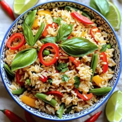 - 2 cups jasmine rice (cooked and cooled) - 2 tablespoons vegetable oil - 3 cloves garlic, minced - 1 small onion, diced - 1 red bell pepper, sliced - 1 cup green beans, trimmed and cut into 1-inch pieces - 1 fresh red chili, thinly sliced - 2 tablespoons soy sauce - 1 tablespoon oyster sauce (optional) - 1 tablespoon fish sauce - 1 cup fresh Thai basil leaves - 2 eggs, lightly beaten - Salt and pepper to taste When making Spicy Thai Basil Fried Rice, start with high-quality ingredients. Jasmine rice gives a nice texture. Using day-old rice helps too. Fresh vegetables add crunch and flavor. If you can’t find jasmine rice, try basmati or long-grain rice. For a twist, swap in other veggies like carrots or peas. If you prefer a gluten-free option, use coconut aminos instead of soy sauce. This recipe is flexible. Feel free to mix and match based on personal taste. You can make it your own while keeping that bold flavor. For the full recipe, check out the details above. - Cooking jasmine rice First, cook the jasmine rice according to the package. For best results, use day-old rice. It helps keep the grains from clumping. - Preparing vegetables and aromatics Dice the onion, slice the bell pepper, and trim the green beans. Also, mince the garlic and slice the fresh chili. These will add great flavor. - Heat oil and sauté aromatics Heat 2 tablespoons of vegetable oil in a large skillet over medium-high heat. When it shimmers, add the garlic and onion. Stir-fry for about 1 minute until the onion becomes soft. - Add vegetables and stir-fry Toss in the sliced bell pepper, green beans, and chili. Stir-fry for about 2 to 3 minutes. You want the veggies to stay crisp and colorful. - Incorporate rice and season Turn the heat to high and add the cooked jasmine rice. Break up any clumps and mix well for about 2 minutes. Pour in the soy sauce, oyster sauce (if you want), and fish sauce. Stir-fry for another minute. - Scrambling eggs Push the rice to one side of the pan. Pour the beaten eggs into the empty side. Scramble until fully cooked, then mix the eggs into the rice. - Mixing in Thai basil Remove the skillet from the heat. Fold in the fresh Thai basil leaves. Stir until they wilt and release their lovely aroma. - Adjusting flavors with salt and pepper Taste the rice. Add salt and pepper as needed. This step enhances the flavors and balances the dish. For the complete recipe, check out the Full Recipe section. Using day-old rice is key for great texture. Freshly cooked rice can be too soft and sticky. When you cool the rice in the fridge, it dries out. This helps the grains stay separate when you fry them. To achieve the perfect stir-fry, keep your heat high. A hot pan helps to sear the rice and veggies. Make sure to stir quickly. This keeps everything from sticking and burning. You want that nice, smoky flavor. If you want more heat, add extra chilies or hot sauce. Just a little goes a long way to spice it up. You can also try other herbs or spices. Fresh cilantro or mint can add a nice twist. Experiment to see what you like best! For effective stir-frying, use a large skillet or wok. A wok lets you cook quickly and evenly. The high sides help keep everything in the pan. If you don’t have a wok, a large non-stick pan works too. Just make sure it’s sturdy and heat-resistant. For the full recipe, check out the complete instructions. Enjoy making your Spicy Thai Basil Fried Rice! {{image_2}} You can customize your Spicy Thai Basil Fried Rice by adding proteins. Chicken, beef, and shrimp are great options. Simply cook your choice of meat before adding it to the rice. For a vegetarian or vegan twist, use tofu or tempeh instead. Both options absorb flavors well and add protein. You can change the flavor of your fried rice by using different sauces. Instead of just soy sauce, try adding teriyaki or hoisin sauce for a sweet touch. You can also add citrus for a bright flavor. Squeeze some lime juice over the finished dish or mix in lime zest. Fresh herbs like cilantro can add a unique twist, too. Making larger batches of Spicy Thai Basil Fried Rice is smart for meal prep. Cook a double batch and store it in the fridge. It holds up well for days. To save even more time, freeze portions in airtight containers. You can simply reheat them later for a quick meal. To keep your Spicy Thai Basil Fried Rice fresh, follow these steps: - Let the rice cool down to room temperature. - Place any leftovers in an airtight container. - Store it in the fridge for the best results. For the best containers, use glass or BPA-free plastic. These types help keep the flavors locked in. When reheating, aim to keep the rice moist and flavorful. Here are the best methods: - Stovetop: Heat a non-stick pan over medium heat. Add a splash of water or oil, then add the rice. Stir until heated. - Microwave: Place the rice in a microwave-safe dish. Add a little water, cover, and heat for 1-2 minutes. Stir halfway through. These methods help avoid dry or rubbery rice. You can keep Spicy Thai Basil Fried Rice in the fridge for about 3-4 days. If you want to store it longer, consider freezing it. In the freezer, it can last up to 1 month. Just remember to seal it well to prevent freezer burn. What is the best rice for fried rice? The best rice for fried rice is jasmine rice. It has a nice texture and flavor. Make sure to use cooked and cooled rice. This helps keep the grains separate when frying. Can I make Spicy Thai Basil Fried Rice ahead of time? Yes, you can make it ahead of time. Cook and cool the rice first. Store it in the fridge for up to three days. Reheat the rice before frying. This keeps it fresh and tasty. How can I make it less spicy? To make it less spicy, use fewer fresh red chilies. You can also remove the seeds from the chili. Another tip is to add more vegetables or rice to balance the heat. Caloric content and macros per serving Each serving of Spicy Thai Basil Fried Rice has around 400 calories. It contains 10 grams of protein and 15 grams of fat. The carbs come to about 60 grams per serving. Is this recipe healthy? Yes, this recipe is healthy. It features fresh vegetables and lean protein from eggs. The use of Thai basil adds great flavor without extra calories. Just watch the sauces, as they can add sodium. What to serve with Spicy Thai Basil Fried Rice You can serve this dish with grilled chicken or shrimp. A fresh salad on the side works well too. For a snack, try spring rolls or dumplings. Drinks pairing with this dish Pair your meal with a cold Thai iced tea. A light beer or sparkling water also complements the dish. If you prefer non-alcoholic options, try coconut water for a refreshing choice. To make Spicy Thai Basil Fried Rice, you need a few key ingredients. You will use jasmine rice, vegetable oil, garlic, onion, bell pepper, green beans, fresh chili, soy sauce, fish sauce, and Thai basil. 1. First, cook the jasmine rice and let it cool. 2. Heat vegetable oil in a skillet. 3. Sauté garlic and onion for a minute. 4. Add bell pepper, green beans, and chili. 5. Stir-fry until the veggies are crisp. 6. Next, add the cooled rice and mix well. 7. Pour in soy sauce and fish sauce. 8. Scramble the eggs in the pan. 9. Finally, fold in the Thai basil leaves. For serving, I recommend placing the fried rice in bowls. You can garnish with extra basil and fresh chili slices. A lime wedge on the side adds a nice touch. Enjoy your Spicy Thai Basil Fried Rice! For the complete recipe, check out the details above. Spicy Thai Basil Fried Rice is a tasty dish that’s easy to make. We went through all the ingredients, from jasmine rice to fresh basil. I shared tips for cooking and storing your rice. You can even switch up proteins and flavors to fit your taste. This dish is perfect for quick meals or impressing friends. Enjoy every bite and keep experimenting with your own twists!