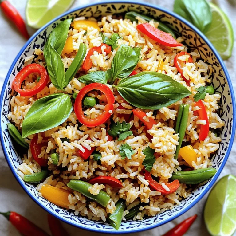 - 2 cups jasmine rice (cooked and cooled) - 2 tablespoons vegetable oil - 3 cloves garlic, minced - 1 small onion, diced - 1 red bell pepper, sliced - 1 cup green beans, trimmed and cut into 1-inch pieces - 1 fresh red chili, thinly sliced - 2 tablespoons soy sauce - 1 tablespoon oyster sauce (optional) - 1 tablespoon fish sauce - 1 cup fresh Thai basil leaves - 2 eggs, lightly beaten - Salt and pepper to taste When making Spicy Thai Basil Fried Rice, start with high-quality ingredients. Jasmine rice gives a nice texture. Using day-old rice helps too. Fresh vegetables add crunch and flavor. If you can’t find jasmine rice, try basmati or long-grain rice. For a twist, swap in other veggies like carrots or peas. If you prefer a gluten-free option, use coconut aminos instead of soy sauce. This recipe is flexible. Feel free to mix and match based on personal taste. You can make it your own while keeping that bold flavor. For the full recipe, check out the details above. - Cooking jasmine rice First, cook the jasmine rice according to the package. For best results, use day-old rice. It helps keep the grains from clumping. - Preparing vegetables and aromatics Dice the onion, slice the bell pepper, and trim the green beans. Also, mince the garlic and slice the fresh chili. These will add great flavor. - Heat oil and sauté aromatics Heat 2 tablespoons of vegetable oil in a large skillet over medium-high heat. When it shimmers, add the garlic and onion. Stir-fry for about 1 minute until the onion becomes soft. - Add vegetables and stir-fry Toss in the sliced bell pepper, green beans, and chili. Stir-fry for about 2 to 3 minutes. You want the veggies to stay crisp and colorful. - Incorporate rice and season Turn the heat to high and add the cooked jasmine rice. Break up any clumps and mix well for about 2 minutes. Pour in the soy sauce, oyster sauce (if you want), and fish sauce. Stir-fry for another minute. - Scrambling eggs Push the rice to one side of the pan. Pour the beaten eggs into the empty side. Scramble until fully cooked, then mix the eggs into the rice. - Mixing in Thai basil Remove the skillet from the heat. Fold in the fresh Thai basil leaves. Stir until they wilt and release their lovely aroma. - Adjusting flavors with salt and pepper Taste the rice. Add salt and pepper as needed. This step enhances the flavors and balances the dish. For the complete recipe, check out the Full Recipe section. Using day-old rice is key for great texture. Freshly cooked rice can be too soft and sticky. When you cool the rice in the fridge, it dries out. This helps the grains stay separate when you fry them. To achieve the perfect stir-fry, keep your heat high. A hot pan helps to sear the rice and veggies. Make sure to stir quickly. This keeps everything from sticking and burning. You want that nice, smoky flavor. If you want more heat, add extra chilies or hot sauce. Just a little goes a long way to spice it up. You can also try other herbs or spices. Fresh cilantro or mint can add a nice twist. Experiment to see what you like best! For effective stir-frying, use a large skillet or wok. A wok lets you cook quickly and evenly. The high sides help keep everything in the pan. If you don’t have a wok, a large non-stick pan works too. Just make sure it’s sturdy and heat-resistant. For the full recipe, check out the complete instructions. Enjoy making your Spicy Thai Basil Fried Rice! {{image_2}} You can customize your Spicy Thai Basil Fried Rice by adding proteins. Chicken, beef, and shrimp are great options. Simply cook your choice of meat before adding it to the rice. For a vegetarian or vegan twist, use tofu or tempeh instead. Both options absorb flavors well and add protein. You can change the flavor of your fried rice by using different sauces. Instead of just soy sauce, try adding teriyaki or hoisin sauce for a sweet touch. You can also add citrus for a bright flavor. Squeeze some lime juice over the finished dish or mix in lime zest. Fresh herbs like cilantro can add a unique twist, too. Making larger batches of Spicy Thai Basil Fried Rice is smart for meal prep. Cook a double batch and store it in the fridge. It holds up well for days. To save even more time, freeze portions in airtight containers. You can simply reheat them later for a quick meal. To keep your Spicy Thai Basil Fried Rice fresh, follow these steps: - Let the rice cool down to room temperature. - Place any leftovers in an airtight container. - Store it in the fridge for the best results. For the best containers, use glass or BPA-free plastic. These types help keep the flavors locked in. When reheating, aim to keep the rice moist and flavorful. Here are the best methods: - Stovetop: Heat a non-stick pan over medium heat. Add a splash of water or oil, then add the rice. Stir until heated. - Microwave: Place the rice in a microwave-safe dish. Add a little water, cover, and heat for 1-2 minutes. Stir halfway through. These methods help avoid dry or rubbery rice. You can keep Spicy Thai Basil Fried Rice in the fridge for about 3-4 days. If you want to store it longer, consider freezing it. In the freezer, it can last up to 1 month. Just remember to seal it well to prevent freezer burn. What is the best rice for fried rice? The best rice for fried rice is jasmine rice. It has a nice texture and flavor. Make sure to use cooked and cooled rice. This helps keep the grains separate when frying. Can I make Spicy Thai Basil Fried Rice ahead of time? Yes, you can make it ahead of time. Cook and cool the rice first. Store it in the fridge for up to three days. Reheat the rice before frying. This keeps it fresh and tasty. How can I make it less spicy? To make it less spicy, use fewer fresh red chilies. You can also remove the seeds from the chili. Another tip is to add more vegetables or rice to balance the heat. Caloric content and macros per serving Each serving of Spicy Thai Basil Fried Rice has around 400 calories. It contains 10 grams of protein and 15 grams of fat. The carbs come to about 60 grams per serving. Is this recipe healthy? Yes, this recipe is healthy. It features fresh vegetables and lean protein from eggs. The use of Thai basil adds great flavor without extra calories. Just watch the sauces, as they can add sodium. What to serve with Spicy Thai Basil Fried Rice You can serve this dish with grilled chicken or shrimp. A fresh salad on the side works well too. For a snack, try spring rolls or dumplings. Drinks pairing with this dish Pair your meal with a cold Thai iced tea. A light beer or sparkling water also complements the dish. If you prefer non-alcoholic options, try coconut water for a refreshing choice. To make Spicy Thai Basil Fried Rice, you need a few key ingredients. You will use jasmine rice, vegetable oil, garlic, onion, bell pepper, green beans, fresh chili, soy sauce, fish sauce, and Thai basil. 1. First, cook the jasmine rice and let it cool. 2. Heat vegetable oil in a skillet. 3. Sauté garlic and onion for a minute. 4. Add bell pepper, green beans, and chili. 5. Stir-fry until the veggies are crisp. 6. Next, add the cooled rice and mix well. 7. Pour in soy sauce and fish sauce. 8. Scramble the eggs in the pan. 9. Finally, fold in the Thai basil leaves. For serving, I recommend placing the fried rice in bowls. You can garnish with extra basil and fresh chili slices. A lime wedge on the side adds a nice touch. Enjoy your Spicy Thai Basil Fried Rice! For the complete recipe, check out the details above. Spicy Thai Basil Fried Rice is a tasty dish that’s easy to make. We went through all the ingredients, from jasmine rice to fresh basil. I shared tips for cooking and storing your rice. You can even switch up proteins and flavors to fit your taste. This dish is perfect for quick meals or impressing friends. Enjoy every bite and keep experimenting with your own twists!