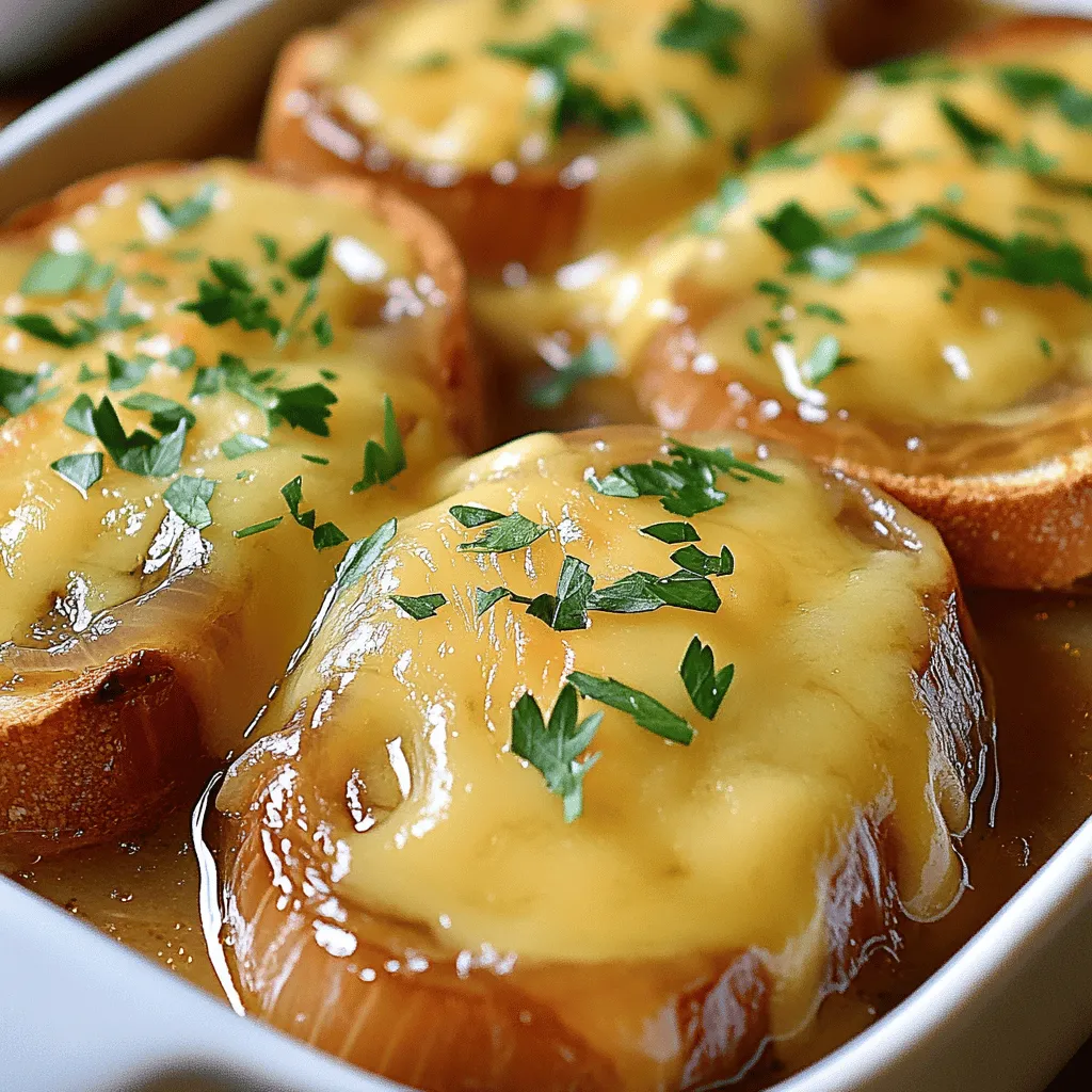 - 4 large yellow onions - 4 tablespoons unsalted butter - 1 tablespoon olive oil - 1 teaspoon sugar - 4 cups beef broth (or vegetable broth) - 1 tablespoon balsamic vinegar - 1 teaspoon dried thyme - Salt and pepper to taste - 8 slices of baguette - 1½ cups shredded Gruyère cheese - Fresh parsley for garnish For a fun twist, try adding 31 cloves of garlic to your soup. This adds a rich depth of flavor. You can also mix in unique herbs and spices like rosemary or bay leaves. These additions make the soup even more special. Experimenting with flavors is part of the fun of cooking. Use your taste buds to guide you. You might just create a new favorite twist on this classic dish. For the full recipe, follow the steps outlined above and enjoy every comforting spoonful of your homemade French onion soup. To start, we need to focus on the onions. Use 4 large yellow onions. Slice them thinly. In a large pot, melt 4 tablespoons of unsalted butter and 1 tablespoon of olive oil over medium heat. Add the onions and stir them often. Cook for about 30-35 minutes. Your goal is to get them soft and golden brown. After 10 minutes, sprinkle in 1 teaspoon of sugar. This helps the onions caramelize nicely. Next, we add flavor. Stir in 1 tablespoon of balsamic vinegar and 1 teaspoon of dried thyme. Cook for another 5 minutes. This mixing allows the flavors to blend well. Now we pour in 4 cups of beef broth or vegetable broth. Bring this mixture to a simmer. Add salt and pepper to taste. Let it simmer for 20 minutes to deepen the flavors. While the soup simmers, let’s prepare the bread. Preheat your oven to 400°F (200°C). Take 8 slices of baguette and arrange them on a baking sheet. Toast them in the oven until golden brown, about 5-7 minutes. Now, it's time to serve. Ladle the soup into oven-safe bowls. Top each bowl with a slice of toasted baguette. Then, sprinkle on 1½ cups of shredded Gruyère cheese. Place the bowls on a baking sheet. Broil them in the oven for 3-5 minutes. You want the cheese to become bubbly and golden brown. Once done, remove them from the oven. Let them cool slightly before adding fresh parsley as a garnish. For the full recipe, check out the earlier section. Enjoy your cozy French onion soup! To enhance the flavors in your French onion soup, consider adding these ingredients: - A splash of red wine for depth - Fresh herbs like rosemary or bay leaf for aroma - A pinch of nutmeg for warmth These additions can elevate the taste and make the soup more complex. For faster prep, you can slice the onions in advance. Use a food processor for quick slicing. This can save you about 10 minutes. Keep your pot on medium heat to caramelize onions well, but don’t rush it. While Gruyère cheese is traditional, you can try these toppings: - Provolone for a different melt - Mozzarella for a lighter option - Vegan cheese for a plant-based twist For serving, use oven-safe bowls. This adds a cozy touch. Place the bowls on a wooden board or a colorful plate. It looks great and keeps the soup warm. Explore different ideas to make your French onion soup unique! {{image_2}} You can easily adapt French onion soup for different diets. For a vegetarian option, swap beef broth for vegetable broth. This change keeps the soup rich while making it plant-based. You can also try a vegan version. Just use a vegan butter substitute and ensure the broth is free from animal products. Cheese plays a big role in flavor. While Gruyère cheese is classic, you can use others. Sharp cheddar gives a different taste that many enjoy. Fontina melts beautifully and adds creaminess. Experiment with combinations for a unique flavor profile. French onion soup can inspire creative twists from around the world. Try adding miso paste for a Japanese touch. It brings a savory depth to the soup. You can also mix in curry powder for an Indian flair. This adds warmth and spice, turning the soup into something new. Another fun idea is to use Mexican flavors. Top your soup with crumbled queso fresco and fresh cilantro. This gives a fresh twist while keeping the comforting feel. Don't hesitate to play with flavors from your favorite cuisines. Each twist can lead to something delicious and surprising. To keep your French onion soup fresh, let it cool first. Then, pour it into airtight containers. This helps keep the flavors locked in. You can store it in the fridge for up to three days. If you want to keep it longer, freezing is a great option. Ladle the cooled soup into freezer-safe containers, leaving some space at the top. This allows the soup to expand as it freezes. It will last for about three months in the freezer. Just label each container with the date, so you know how long it has been. When it's time to enjoy your soup again, you want to keep that rich flavor. The best way to reheat it is on the stove. Pour the soup into a pot and heat it over medium heat. Stir it often to make sure it heats evenly. If the soup seems thick, add a little broth or water to loosen it up. You can also reheat it in the microwave. Place the soup in a microwave-safe bowl, cover it loosely, and heat for about two minutes. Stir, then heat for another minute if needed. Enjoy your cozy soup just like when you first made it! Can I make French onion soup ahead of time? Yes, you can make French onion soup ahead. Cook the soup as directed, then cool it. Store it in the fridge for up to three days. When you’re ready, reheat it on the stove. Add bread and cheese right before serving for the best taste. What kind of bread is best for serving? The best bread for French onion soup is a crusty baguette. Its texture holds up well in the soup. You can also use sourdough or ciabatta for a twist. Toast the bread slices before adding them to the soup. This adds a nice crunch. What can I use instead of Gruyère cheese? You can use Swiss cheese if you want a milder flavor. For a sharper taste, try aged cheddar. Mozzarella works too, but it won’t have the same rich taste. Feel free to mix different cheeses for a unique flavor. Are there lower-sodium options for broth? Yes, you can use low-sodium beef or vegetable broth. This helps control the saltiness of your soup. You can also make your broth at home using fresh vegetables and herbs. This way, you can customize the flavor and sodium levels. Can I make this in a slow cooker? Absolutely! To make French onion soup in a slow cooker, first sauté the onions on the stove until golden. Then, transfer them to the slow cooker. Add the broth, vinegar, thyme, salt, and pepper. Cook on low for 6-8 hours or high for 3-4 hours. How can I make it gluten-free? To make gluten-free French onion soup, use gluten-free bread and broth. Many brands offer gluten-free options. Check the labels to be sure. You can also thicken the soup with cornstarch if needed, to achieve that rich texture. For a full recipe, check out the full recipe section. This blog post covered the key parts of making French onion soup. You learned about the ingredients, from onions to cheese. We explored cooking steps, creative variations, and helpful storage tips. You can now impress your guests with your cooking skills. In the end, remember to experiment. Use the tips shared to make this dish your own. Enjoy each bowl and happy cooking!