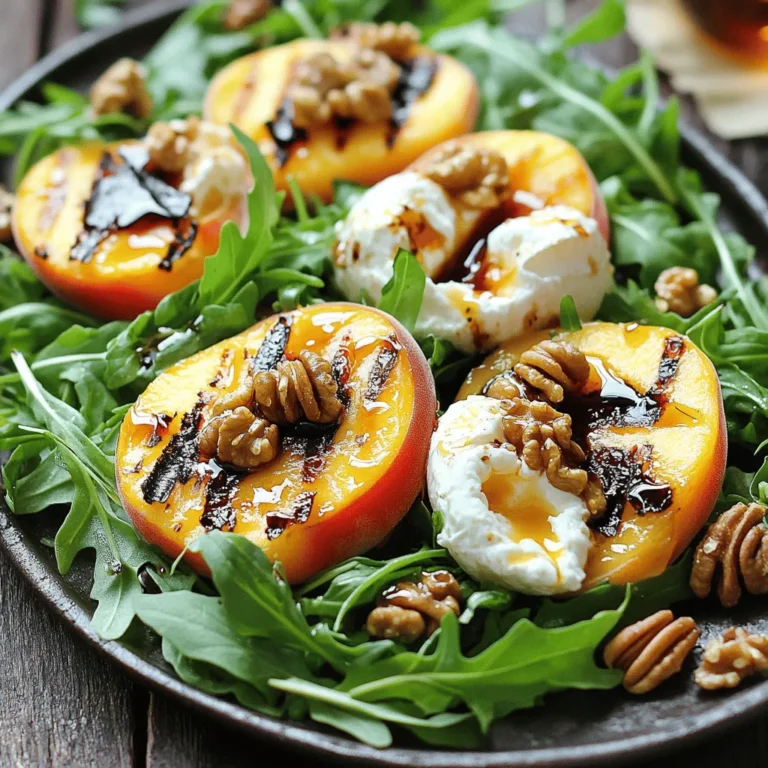 To make the grilled peach burrata salad, you will need: - 2 ripe peaches, halved and pitted - 1 tablespoon olive oil - Salt and pepper to taste - 4 cups arugula or mixed greens - 8 ounces burrata cheese - 1/4 cup walnuts, toasted - 2 tablespoons honey - 1 tablespoon balsamic glaze - Fresh basil leaves for garnish You can customize your salad with these options: - Substitute arugula with spinach or kale for a different taste. - Swap walnuts with pecans or almonds for a unique crunch. - Use feta cheese instead of burrata for a tangy flavor. - Add grilled chicken or shrimp for extra protein. Each serving of this salad has: - Calories: 320 - Protein: 10g - Fat: 25g - Carbohydrates: 16g - Fiber: 3g - Sugar: 10g For the full recipe, check out the Grilled Peach Burrata Salad section. To get started, you need ripe peaches. Choose peaches that yield slightly when you press them. This means they are sweet and juicy. First, cut the peaches in half and remove the pits. Next, brush each half with olive oil. Then, sprinkle a pinch of salt and pepper over them. This step adds flavor and helps create nice grill marks. Now, grab a large bowl. Add four cups of arugula or mixed greens as your base layer. Make sure the greens are fresh and crisp. They provide a nice contrast to the sweet peaches. Tear the grilled peaches into bite-sized pieces after grilling. Scatter them over the greens, making sure they are evenly distributed. Next, add generous portions of burrata cheese on top. Break it apart slightly for a creamy texture. Finally, sprinkle toasted walnuts over everything for a crunchy finish. Drizzle honey and balsamic glaze over the salad. This adds a sweet and tangy flavor. Make sure you cover all the ingredients for maximum taste. Finish with fresh basil leaves for extra aroma. Serve the salad on a large platter or on individual plates. This makes the dish look beautiful. For a special touch, add more basil leaves or an extra drizzle of honey if you like. For the full recipe, check out the details above. Grilling peaches brings out their sweet flavor. Here are some key tips: - Choose firm peaches: They hold up better on the grill. - Preheat your grill: Aim for medium heat to avoid burning. - Use oil before grilling: Brush the peach halves with olive oil. This helps prevent sticking. - Do not overcrowd the grill: Give each peach room to cook evenly. - Watch the time: Grill for 3-4 minutes or until char marks appear. Picking the right peaches is key to this dish. Here’s how: - Look for color: Peaches should have a deep yellow or golden hue. - Check for firmness: They should yield slightly to gentle pressure. - Smell the fruit: Ripe peaches have a sweet, fragrant aroma. - Avoid bruises: Inspect for any soft spots or blemishes. Burrata adds creaminess to your salad. To get it just right: - Let it sit at room temperature: About 30 minutes before serving. - Gently tear it apart: This creates a beautiful, creamy texture. - Serve fresh: Burrata is best enjoyed the same day for optimal flavor. These tips will help you create a stunning Grilled Peach Burrata Salad. For the complete instructions and ingredients, check the Full Recipe. {{image_2}} You can change the flavor with different dressings. A tangy vinaigrette can brighten the dish. Try mixing olive oil with lemon juice for a fresh twist. Another option is a creamy ranch dressing. This adds a rich taste that pairs well with burrata. You can also use a spicy honey mustard for a kick. Each dressing gives a unique flavor to the salad. Feel free to get creative with toppings. Add sliced prosciutto for a salty touch. Crumbled feta cheese can add a sharp flavor. You could also toss in some cherry tomatoes for color and taste. Fresh mint leaves can bring a refreshing note. If you want more crunch, consider adding crispy chickpeas. These toppings enhance the salad and make it your own. For a vegan option, skip the burrata cheese. You can use a nut-based cheese instead. Cashew cheese melts well and has a creamy texture. You could also try avocado slices for creaminess. For the dressing, use a plant-based alternative. Make sure to check for honey in your dressing, as it’s not vegan. These swaps keep the salad fresh and tasty without dairy. Explore the [Full Recipe](#) for detailed steps to create this delightful dish! To keep your grilled peach burrata salad fresh, store leftovers in an airtight container. Use a container that is just the right size. This helps prevent air from getting in. Place the salad in the fridge right after serving. Consume it within two days for the best taste. When storing the ingredients, keep them separate. Store the arugula and peaches apart from the burrata cheese. This will help maintain their textures. If you have extra walnuts, keep them in a cool, dry place. They can last longer that way. Reheating the salad is not ideal. The greens can wilt, and the burrata may lose its creamy texture. If you must, gently warm the salad in the microwave for 15 to 20 seconds. Avoid overheating, or you’ll lose the fresh flavors. For a delicious experience, serve this salad fresh or cold. For the full recipe, check out the Grilled Peach Burrata Salad . Yes, you can prepare some parts of this salad ahead. Grill the peaches and store them in the fridge. They will last for up to two days. You can also wash and dry the greens in advance. Just keep the burrata, walnuts, honey, and balsamic glaze separate until you serve. This way, the salad stays fresh and tasty. I love to serve this salad on a large platter. It looks great for gatherings. Place the arugula as the base layer. Then, add the grilled peaches and burrata on top. This makes a colorful display. You can drizzle honey and balsamic glaze right before serving. Garnish with fresh basil leaves for a nice touch. You can change the flavors to fit your taste. Try different nuts like pecans or almonds for crunch. You can also use mixed greens instead of arugula if you prefer. For a zesty kick, add crumbled feta or goat cheese. To spice it up, add some red pepper flakes. These small changes can make your salad unique. For the complete recipe, check out the Full Recipe. Grilled Peach Burrata Salad is a delightful mix of flavors. Here’s how to make it. - 2 ripe peaches, halved and pitted - 1 tablespoon olive oil - Salt and pepper to taste - 4 cups arugula or mixed greens - 8 ounces burrata cheese - 1/4 cup walnuts, toasted - 2 tablespoons honey - 1 tablespoon balsamic glaze - Fresh basil leaves for garnish 1. Preheat your grill or grill pan over medium heat. Brush the peach halves with olive oil. Sprinkle with salt and pepper. 2. Place the peaches cut side down on the grill. Grill for about 3-4 minutes. Look for char marks and soft peaches. Remove from heat and let cool slightly. 3. In a large serving bowl, add arugula or mixed greens as the base layer. 4. Tear the grilled peaches into bite-sized pieces. Scatter them over the greens. 5. Add generous portions of burrata cheese over the salad. Break it apart for a creamy texture. 6. Sprinkle toasted walnuts over the top for crunch. 7. Drizzle honey and balsamic glaze over the salad for sweetness and acidity. 8. Finish with fresh basil leaves for aroma and flavor. Prep Time: 10 minutes | Total Time: 20 minutes | Servings: 4 Serve the salad on a large platter or individual plates. Make sure the burrata stands out for a striking look. Garnish with extra basil leaves and drizzle more honey if you like. This Grilled Peach Burrata Salad brings fresh flavors to your table. It's perfect for a summer meal or a lovely side dish. Enjoy this vibrant recipe and impress your guests! You learned how to make Grilled Peach Burrata Salad step by step. We covered the key ingredients, tips for grilling peaches, and ways to keep leftovers fresh. Remember, you can customize this dish to match your tastes. Experiment with different dressings and toppings. Enjoy the fresh flavors and creamy burrata! With the right technique, every bite can be perfect. Try it out and make it your own. Happy cooking!