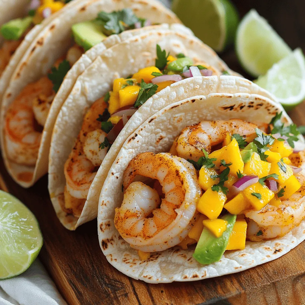 - 1 lb large shrimp, peeled and deveined - 1 tablespoon olive oil - Spices: cumin, paprika, garlic powder, salt, black pepper - 8 small corn tortillas - Avocado and cilantro for garnish - 1 ripe mango, diced - 1/4 red onion, finely chopped - 1 jalapeño, minced (deseeded for less heat) - Juice of 1 lime - Salt to taste The main ingredients for shrimp tacos include fresh shrimp and simple spices. I always choose large shrimp for a juicy bite. You need olive oil to coat the shrimp and help the spices stick. The spices add warmth and flavor. Corn tortillas are the base for your tacos. They add a lovely texture and taste. For garnish, sliced avocado and cilantro brighten your dish and add freshness. For the mango salsa, you need a ripe mango. A ripe mango is sweet and juicy. The red onion adds crunch and a mild bite. The jalapeño gives a kick, which you can adjust. Lime juice adds tang, and salt brings all the flavors together. For the full recipe, you can refer to the Tropical Shrimp Tacos with Mango Salsa. To make the mango salsa, start by combining these ingredients: - 1 ripe mango, diced - 1/4 red onion, finely chopped - 1 jalapeño, minced (deseeded for less heat) - Juice of 1 lime - Salt to taste Mix them in a medium bowl and stir gently. This step is key. Letting the flavors meld for a bit makes the salsa taste amazing. I often let it sit for about 10 minutes. This extra time helps blend the flavors. Next, we need to season the shrimp. In a bowl, toss the shrimp with: - 1 tablespoon olive oil - 1 teaspoon cumin - 1 teaspoon paprika - 1/2 teaspoon garlic powder - 1/2 teaspoon salt - 1/4 teaspoon black pepper Make sure each shrimp gets coated well. This spice mix brings a wonderful taste to your tacos. Now, it’s time to cook the shrimp. Heat a large skillet over medium-high heat. Add the seasoned shrimp. Cook for about 2-3 minutes on each side. Look for them to turn pink and opaque. If you have a lot of shrimp, cook in batches. This way, they won’t overcrowd the pan. For the best texture, warm your corn tortillas. You can use a separate pan or a grill. Warm each tortilla for about 30 seconds on each side. This makes them soft and easy to fold. Now comes the fun part. Place a few shrimp in the center of each tortilla. Top with a generous spoonful of mango salsa. Add a few avocado slices for creaminess. For the final touch, sprinkle fresh cilantro on top of the tacos. This adds color and flavor. Serve with lime wedges on the side for that fresh kick. Enjoy your savory shrimp tacos! For the full recipe, check out the details above. - Choosing the best shrimp: Fresh shrimp is great, but frozen works too. Look for shrimp that is firm and has a mild smell. Always buy shrimp that is peeled and deveined for ease. - Adjusting spice levels: If you like heat, keep the seeds in the jalapeño. For milder tacos, remove the seeds. You can also adjust the cumin and paprika to suit your taste. - Additional toppings and sauces: Try adding a dollop of sour cream for creaminess. Pickled red onions can add a nice tang. You can also use hot sauce for extra kick. Fresh lime juice adds brightness and pairs well with the mango salsa. - Best practices for serving and plating: Serve tacos on a colorful plate for visual appeal. Stack the tacos neatly, and don’t be afraid to show off the vibrant colors of the mango salsa. Use fresh cilantro sprigs as a garnish on top. Lime wedges on the side add a lovely touch and invite people to squeeze over their tacos. For a fun twist, serve with a side of tortilla chips. For the full recipe, check out the Tropical Shrimp Tacos with Mango Salsa. {{image_2}} You can swap shrimp for other proteins. Fish, chicken, or tofu work great. For fish, use firm types like tilapia or cod. Chicken can be grilled or sautéed. Tofu is a fantastic option for a vegetarian choice. Just make sure to season it well. Each protein brings its own taste and texture. Mango salsa is delicious, but you can explore other fruits too. Pineapple salsa adds a sweet-tart punch. Just chop fresh pineapple and mix it with onion and lime juice. Peach salsa is another bright option. The juicy sweetness of peaches pairs well with shrimp. Feel free to mix and match flavors to find your favorite. If you need gluten-free options, look for corn tortillas. They are naturally gluten-free and hold up well. Check the labels to ensure they are certified gluten-free. You can also use lettuce wraps for a fresh twist. They add crunch and are very low in calories. Enjoy your tasty tacos without worry! To keep your shrimp tacos fresh, store shrimp and tortillas separately. Wrap the shrimp in plastic wrap or place them in an airtight container. This keeps them moist. For tortillas, stack them and wrap in foil or place them in a bag. Store both in the fridge. They should last up to three days. This way, you can enjoy your tacos again without losing flavor. You can freeze shrimp and salsa for later use. To freeze shrimp, place them in a freezer-safe bag. Remove as much air as you can before sealing. For the mango salsa, use a separate container. Leave some space at the top as it may expand. Both can be frozen for up to three months. When you’re ready to eat, thaw them in the fridge overnight. To reheat shrimp tacos, use a skillet over medium heat. Add a little olive oil to prevent sticking. Heat the shrimp for about five minutes until warm. For the tortillas, warm them in a dry skillet for about 30 seconds on each side. This keeps them soft and tasty. Avoid using the microwave as it can make them chewy. Enjoy your tacos just as fresh as when you made them! Leftover shrimp tacos and mango salsa can last about 2 to 3 days in the fridge. Make sure to store them in airtight containers. Keep the shrimp and salsa separate to maintain freshness. Shrimp may lose its texture if mixed with salsa too early. Always check for any off smells or changes in color before eating. Yes, you can make mango salsa ahead of time! It tastes even better after the flavors blend. I recommend making it up to a day in advance. Just store it in a covered bowl in the fridge. Stir it gently before serving to mix the flavors again. For a complete meal, consider these side dishes: - Mexican street corn (elote) - Cilantro lime rice - Black bean salad - Fresh tortilla chips with salsa These sides add flavor and balance to your shrimp tacos. Enjoy the vibrant tastes together! In this blog post, I shared my favorite shrimp taco recipe. You learned about the key ingredients, like shrimp, spices, and mango salsa. I walked you through easy steps to prepare, cook, and assemble the tacos. I also offered tips for perfecting your dish and a few tasty variations. These shrimp tacos are fun to make and eat. With fresh flavors and simple steps, you can enjoy this dish any time. Now, you’re ready to wow your friends and family with your new cooking skills!