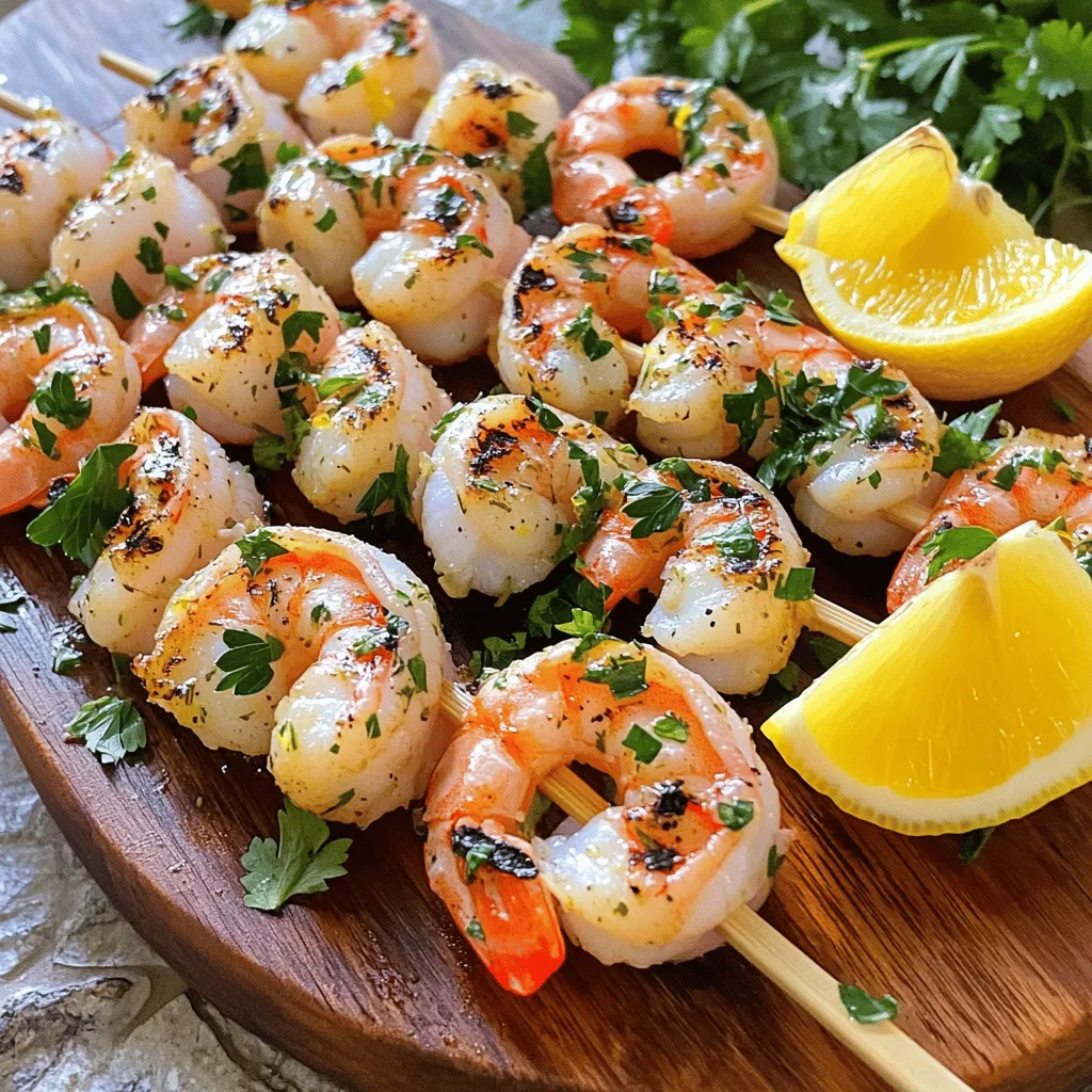 - 1 pound large shrimp, peeled and deveined - 3 tablespoons olive oil - Juice of 2 lemons - Zest of 1 lemon - 3 cloves garlic, minced - 1 tablespoon fresh parsley, finely chopped - 1 tablespoon fresh cilantro, finely chopped - 1 teaspoon dried oregano - 1/2 teaspoon red pepper flakes (optional) - Salt and black pepper to taste The main star of this dish is the shrimp. Make sure to choose large, fresh shrimp for the best taste. Peel and devein them to keep things tidy. The marinade is what makes this dish special. It includes olive oil, lemon juice, and lemon zest for a bright flavor. Garlic gives it a lovely aroma, while fresh herbs like parsley and cilantro add a burst of freshness. Dried oregano brings depth, and a pinch of red pepper flakes adds a slight kick. - Dried oregano and red pepper flakes - Additional herbs for garnish For extra flavor, consider adding more herbs. Fresh basil or chives work well here. You can also increase the red pepper flakes for a spicier dish. These optional ingredients can take your grilled shrimp to the next level. - Pairing options: grilled vegetables, fresh salad, or rice When serving your grilled lemon herb shrimp, think about balance. Grilled vegetables add color and flavor. A fresh salad offers a crisp contrast. You can also serve the shrimp over rice for a filling meal. Each of these options complements the zesty shrimp beautifully. If you want the full recipe, check it out for detailed steps! Start by whisking together the marinade ingredients in a bowl. You will need olive oil, lemon juice, lemon zest, minced garlic, parsley, cilantro, oregano, red pepper flakes, salt, and black pepper. Each of these items adds a burst of flavor, making the shrimp taste fresh and bright. Marinating the shrimp is crucial. It allows the flavors to soak in. I recommend letting the shrimp sit in the marinade for 20-30 minutes. This time helps the shrimp absorb all those tasty notes. Don’t rush this step; it makes a big difference! Next, preheat your grill to medium-high heat. Make sure to oil the grill grates lightly. This step helps prevent sticking. Once the grill is hot, remove the shrimp from the marinade. Discard the leftover marinade to avoid any contamination. Now, thread the shrimp onto skewers. If you use wooden skewers, soak them in water for 30 minutes. This prevents them from burning. Grill the shrimp for about 2-3 minutes per side. You’ll know they are perfectly cooked when they turn opaque and have nice grill marks. Once the shrimp are grilled, let them rest for a minute. This resting time helps keep them juicy. For serving, arrange the grilled shrimp on a platter. Garnish with fresh lemon wedges and a sprinkle of herbs. You can pair this dish with grilled veggies or a fresh salad for a complete meal. For the full recipe, check out the detailed instructions provided. Enjoy your flavorful summer delight! For the best flavor, marinate your shrimp for 20-30 minutes. This time gives the shrimp a chance to soak up all the tasty ingredients. If you marinate for too long, the shrimp can become mushy. Using fresh herbs makes a big difference. Fresh parsley and cilantro add brightness. If you only have dried herbs, that's fine too. Just remember, dried herbs are stronger. Use less than you would with fresh herbs. To prevent shrimp from sticking to the grill, oil the grill grates before heating. A paper towel soaked in oil works well. This small step helps your shrimp slide right off. Set your grill to medium-high heat. This is the perfect spot for cooking shrimp. If the grill is too hot, the shrimp may burn. Cook them for about 2-3 minutes on each side. Look for a nice pink color and grill marks. Grilled shrimp pairs well with many sides. Try serving them with grilled vegetables or a fresh salad. Both bring color and crunch to your plate. For a great wine pairing, choose a crisp white wine. A Sauvignon Blanc or Pinot Grigio works perfectly. The wine’s acidity balances the shrimp's rich flavors. For more details, check out the Full Recipe. {{image_2}} You can switch up the flavor of your shrimp by using different citrus fruits. Lime adds a zesty punch, while orange gives a sweet twist. Both work well with the other marinade ingredients. Try adding spices to give the shrimp an extra kick. A pinch of cumin or smoked paprika can change the game. Experiment with what you have on hand. You can grill or broil the shrimp. Grilling gives a smoky flavor, while broiling is faster. When broiling, place the shrimp close to the heat for best results. If you don’t have a grill, you can cook the shrimp on the stovetop. Use a non-stick pan with a splash of oil. Cook for about two to three minutes on each side. This method is easy and quick. You can make this recipe gluten-free by checking your marinade ingredients. Most items are safe, but read labels to be sure. If you're watching carbs, skip the sugar in store-bought marinades. This dish can easily fit a low-carb diet. For vegan options, use tofu or tempeh instead of shrimp. Marinate them just like the shrimp. They soak up the flavors well and make a tasty dish too. Check out the Full Recipe for more details on how to make your own delicious grilled lemon herb shrimp! To keep leftover grilled shrimp fresh, refrigerate them right away. Place them in an airtight container. This helps prevent moisture loss and keeps them tasty. If you plan to eat them within a few days, this method works well. Remember to consume the shrimp within three days for best flavor. If you want to keep your grilled shrimp longer, freezing is a great option. First, let the shrimp cool completely. Next, place them in a freezer-safe bag. Remove as much air as possible before sealing. This helps prevent freezer burn. When you're ready to eat them, thaw the shrimp overnight in the fridge. To reheat, gently warm them in a skillet. This method keeps the shrimp juicy and flavorful. Cooked shrimp can last in the fridge for about three days. After that, they may spoil. If you freeze them, they can last for up to six months. Always check for signs of spoilage, like an off smell or slimy texture. Eating shrimp that has gone bad can make you sick, so it’s better to be safe. Yes, you can use frozen shrimp. First, thaw them properly. Place the shrimp in a bowl of cold water for about 15-20 minutes. This method helps keep the shrimp firm. Avoid using hot water, as it can cook the shrimp unevenly. Once thawed, rinse them under cold water and pat dry before marinating. Cooked shrimp should turn a nice pink color. They will also curl into a C shape. The flesh should be opaque and firm, not rubbery. If you see these signs, your shrimp are ready to eat. Overcooking can make shrimp tough, so keep an eye on them while grilling. If you don't have a grill, you can still enjoy this dish! Use a grill pan on your stovetop. Heat it over medium-high heat and follow the same cooking times. Alternatively, you can broil the shrimp in the oven. Place them on a broiler pan and cook for about 2-3 minutes on each side. Yes, you can make the marinade ahead of time. Store it in the fridge for up to 24 hours. Just remember to add the shrimp when you are ready to cook. Marinating shrimp for too long can change their texture, so keep that in mind. You can find the full recipe for Grilled Lemon Herb Shrimp right here. It has all the steps and tips you need to make this dish a summer delight! Grilled Lemon Herb Shrimp is simple and tasty. We covered the main ingredients, marinade, and grilling tips. Remember to marinate your shrimp well for great flavor. Pair it with grilled veggies or a fresh salad for a complete meal. You can even try different fruits and cooking methods. Storing leftovers properly keeps them fresh. Enjoy this dish with family and friends, and feel free to experiment. Cooking should be fun and delicious!