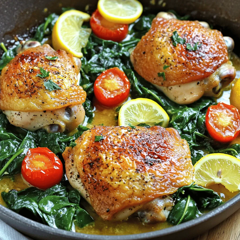 - 4 boneless, skinless chicken thighs - 2 tablespoons olive oil - 4 cloves garlic, minced - Zest and juice of 1 large lemon - 1 teaspoon dried oregano - 1 teaspoon paprika - 1 teaspoon thyme - Salt and pepper to taste - 1 cup chicken broth - 2 cups fresh spinach - 1 cup cherry tomatoes, halved - Lemon slices for garnish To make this dish great, use fresh chicken thighs. They stay juicy and tender. If you want to, you can swap chicken thighs for breasts. Just remember that they may cook faster. - 1 cup sliced mushrooms - 1 bell pepper, chopped - 1 cup green beans Adding these ingredients can enhance flavor and nutrition. Mushrooms bring an earthy taste. Bell peppers add sweetness and color. Green beans offer crunch and freshness. You can change the recipe with what's in season. Try zucchini in summer or root veggies in winter. Each option gives a unique twist! Start by prepping the chicken and marinade. First, mix olive oil, minced garlic, lemon zest, lemon juice, oregano, paprika, thyme, salt, and pepper in a large bowl. Then, add 4 boneless, skinless chicken thighs. Toss them well to coat every piece with the marinade. Let the chicken sit for a few minutes. This helps the flavors soak in. Next, preheat your oven to 400°F (200°C). While the oven heats, prepare your skillet. Use a large oven-safe skillet for this dish. Place it on the stove and let it warm up over medium-high heat. Now it’s time to sear the chicken thighs. Add a bit more olive oil to the skillet. Once the oil is hot, place the marinated chicken thighs in the pan. Sear them for 4-5 minutes on each side. You want them to have a nice golden crust. This step locks in the juices and flavor. After browning the chicken, it's time to deglaze the pan. Pour in 1 cup of chicken broth. Use a wooden spoon to scrape any brown bits off the bottom of the skillet. These bits add great flavor. Now, stir in 2 cups of fresh spinach and 1 cup of halved cherry tomatoes. Spread the veggies around the chicken. Let everything simmer for about 2-3 minutes. This helps combine the flavors. Carefully transfer the skillet to your preheated oven. Bake for 20-25 minutes. The chicken should reach an internal temperature of 165°F (75°C). This ensures it is fully cooked. To check for doneness, use a meat thermometer. Insert it into the thickest part of the chicken. If it reads 165°F (75°C), you are good to go. Once cooked, remove the skillet from the oven. Garnish with lemon slices right before serving. Let it rest for 5 minutes for the best flavor. Enjoy your One-Pan Lemon Garlic Chicken! For the full recipe, check the entire article. To cook chicken perfectly, follow these steps. First, use chicken thighs. They stay juicy and tender. Sear the chicken on medium-high heat for 4-5 minutes per side. This creates a nice crust. The ideal oven temperature is 400°F (200°C). Bake the chicken for 20-25 minutes. Always check for a safe internal temperature of 165°F (75°C). This ensures your meal is safe and tasty. Pair your One-Pan Lemon Garlic Chicken with fresh sides. Consider serving rice or a light salad. Roasted vegetables also work well. For presentation, serve directly from the skillet. This adds a rustic charm. Garnish with fresh herbs and lemon slices for extra color. It makes your dish look appetizing and inviting. {{image_2}} You can change the flavor of One-Pan Lemon Garlic Chicken in fun ways. Try different herbs or spices to suit your taste. For a spicy kick, add red pepper flakes or smoked paprika. If you love fresh herbs, basil or rosemary works well too. You can also toss in add-ins like mushrooms or bell peppers. These veggies add color and flavor. Sauté them briefly before adding the chicken. This step helps them absorb all the delicious flavors. You can mix and match based on what you have at home. Making this dish fit your diet is easy. For gluten-free options, ensure that your chicken broth is gluten-free. Most brands offer this. If you're low-carb, skip the tomatoes. You can add more spinach or zucchini instead. If you need a dairy-free version, you can skip any cheese or creamy sauces. The lemon and garlic will still shine through. You can modify this recipe to meet your needs without losing flavor. Check the [Full Recipe] for more ideas. To keep your One-Pan Lemon Garlic Chicken fresh, store leftovers properly. First, let the chicken cool down to room temperature. Then, place it in an airtight container. This helps prevent moisture loss and keeps flavors intact. You can refrigerate it for up to three days. If you want to keep it longer, freeze it. For freezing, wrap the chicken tightly in plastic wrap before placing it in a freezer-safe container. This will help keep it fresh for up to three months. Use freezer bags for easy storage and organization. When you want to enjoy your leftovers, reheating is key. The best methods include using an oven or a stovetop. For the oven, preheat it to 350°F (175°C). Place the chicken in an oven-safe dish, cover it with foil, and heat for about 20 minutes. This method keeps the chicken juicy. If you prefer the stovetop, heat a skillet over medium heat. Add a splash of chicken broth to the pan and place the chicken in. Cook for about 5-7 minutes, flipping it halfway through. This keeps the chicken moist and flavorful. Avoid using a microwave, as it can dry out the chicken and change its texture. What can I serve with One-Pan Lemon Garlic Chicken? You can serve this dish with rice, quinoa, or a fresh salad. These sides add balance and flavor. For a heartier meal, try garlic bread or roasted potatoes. Each option pairs well with the chicken's bright flavors. How do I know when the chicken is fully cooked? The chicken is done when it reaches an internal temperature of 165°F (75°C). You can use a meat thermometer to check. If you don't have one, cut into the thickest part of the chicken. The meat should be white, not pink, and the juices should run clear. Can I use chicken breasts instead of thighs? Yes, you can use chicken breasts. They will cook faster, so check for doneness earlier. Breasts tend to be drier than thighs. Consider marinating them longer for moisture and flavor. How do I prevent sticking in the pan? To avoid sticking, use a well-oiled pan. Preheat the skillet before adding the chicken. Searing the chicken properly also helps create a crust that prevents sticking. Make sure to scrape any bits off the bottom while deglazing. What can I use instead of spinach? You can use kale, Swiss chard, or arugula as alternatives. Each provides a different flavor and texture. Just add them when you would add spinach, as they cook quickly, too. Can I replace fresh lemon with bottled lemon juice? Yes, you can use bottled lemon juice. However, fresh lemon juice offers a brighter taste. If using bottled juice, use the same amount. Adjust to your taste, as some brands can vary in strength. This blog post covered all you need to make One-Pan Lemon Garlic Chicken. We discussed the main and optional ingredients, cooking steps, and helpful tips. I shared variations to fit different diets and provided storage and reheating advice. Cooking this dish can be fun and easy. Enjoy experimenting with flavors and tweaks to fit your taste. With practice, you'll impress everyone with your skills. Just remember, cooking is all about trying new things and enjoying the process.