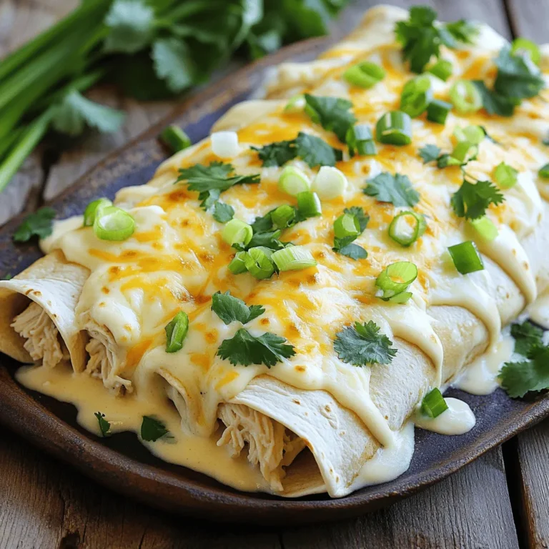 To make Chicken and Cheese Enchiladas Alfredo, you need a few key ingredients. Here’s what you'll need: - 2 cups cooked chicken, shredded - 1 cup cream cheese, softened - 1 cup shredded mozzarella cheese - 1/2 cup grated Parmesan cheese - 1 cup Alfredo sauce - 8 small flour tortillas - 1/2 cup diced green onions - 1/2 teaspoon garlic powder - 1/2 teaspoon onion powder - Salt and pepper to taste - Fresh cilantro for garnish (optional) These ingredients work together to create a rich and creamy dish. The chicken adds protein, while the cheeses bring a gooey texture that everyone loves. Once the enchiladas are baked, you can make them even better with toppings. Here are some fun options: - Diced tomatoes - Sliced jalapeños for heat - Avocado slices for creaminess - Extra green onions for crunch - Sour cream for tang These toppings let you customize the dish to your taste. Add them based on what you like or have at home. If you don't have some ingredients, don’t worry! Here are some easy swaps: - Use rotisserie chicken instead of cooking your own. - Swap cream cheese for ricotta or cottage cheese. - Try cheddar cheese instead of mozzarella for a sharper flavor. - Use any kind of sauce if you don't have Alfredo. These substitutes keep the dish simple and tasty. You can still enjoy Chicken and Cheese Enchiladas Alfredo with what you have on hand. For the complete recipe, check out the [Full Recipe]. First, gather all your ingredients. You will need: - 2 cups cooked chicken, shredded - 1 cup cream cheese, softened - 1 cup shredded mozzarella cheese - 1/2 cup grated Parmesan cheese - 1 cup Alfredo sauce - 8 small flour tortillas - 1/2 cup diced green onions - 1/2 teaspoon garlic powder - 1/2 teaspoon onion powder - Salt and pepper to taste - Fresh cilantro for garnish (optional) Next, preheat your oven to 350°F (175°C). In a large bowl, mix the shredded chicken, cream cheese, half of the mozzarella cheese, Parmesan cheese, garlic powder, onion powder, salt, and pepper. Stir well until everything is blended. Now it’s time to build the enchiladas. Take a tortilla and add about 1/4 cup of the chicken mixture in the center. Roll it up tightly. Place the rolled tortilla seam-side down in a greased 9x13 inch baking dish. Repeat this step for the rest of the tortillas until the dish is full. Once all the enchiladas are in the dish, pour the Alfredo sauce evenly over them. Sprinkle the remaining mozzarella cheese on top. This will create a creamy, cheesy layer that is hard to resist. Put the baking dish in the preheated oven. Bake for about 25 to 30 minutes. You want the cheese to melt and turn golden brown. Keep an eye on it. When it's done, remove it from the oven. Let it cool for a few minutes. Top with diced green onions and fresh cilantro if you want. Enjoy your Chicken and Cheese Enchiladas Alfredo! For the full recipe, check the section above. To get that wonderful cheese melt, use fresh cheese. Grate it yourself for the best results. Mix mozzarella with Parmesan for great flavor. When you bake, cover the dish with foil for the first half of cooking. This keeps moisture in and helps the cheese melt nicely. Remove the foil later to brown the top. One common mistake is overfilling the tortillas. Only use about 1/4 cup of filling. This helps with rolling and keeps everything neat. Another mistake is baking at too high a temperature. Stick to 350°F (175°C) for even cooking. Letting the dish cool for a few minutes after baking helps set the cheese. These enchiladas pair well with many sides. Try a simple green salad for freshness. Fresh avocado adds creaminess and flavor. You can also serve them with rice or beans for a heartier meal. A dollop of sour cream or guacamole on top adds a nice touch too. For a full meal, check out the [Full Recipe]. {{image_2}} For a vegetarian twist, swap the chicken for black beans or roasted veggies. You can use zucchini, bell peppers, or even spinach. Mix these with cream cheese and cheese for a creamy blend. The flavors will still shine through, making it a great dish for all. If you love heat, add sliced jalapeños to your filling. Mix them in with the chicken and cheese. You can also top the enchiladas with more jalapeños before baking. This adds a flavorful kick that heats things up. Adjust the amount based on your spice preference. To make this dish gluten-free, use corn tortillas instead of flour. They hold up well and add a nice flavor. Make sure your Alfredo sauce is gluten-free too. With this simple swap, you can enjoy enchiladas without worrying about gluten. For the full recipe and details, check out the [Full Recipe]. To keep your leftover enchiladas fresh, place them in an airtight container. Make sure to let them cool first. Store them in the fridge for up to three days. This way, you can enjoy them later without losing flavor. If you want to save enchiladas for later, freezing works great. Wrap each enchilada in plastic wrap and then in aluminum foil. This helps avoid freezer burn. You can freeze them for about three months. Just label them so you know what's inside! When you're ready to eat, reheating is easy. For best results, use an oven. Preheat it to 350°F (175°C). Place the enchiladas in a baking dish. Cover with foil to keep them moist. Heat for about 20-25 minutes. You can also use a microwave if you’re in a hurry. Just heat for a few minutes, checking often to avoid drying out. Enjoy your creamy chicken and cheese enchiladas Alfredo! For the full recipe, check out the main section. You can serve many sides with Chicken and Cheese Enchiladas Alfredo. I love a fresh salad with greens. A simple avocado salad pairs well too. You can also add rice or beans for a heartier meal. Chips with salsa or guacamole make a great crunchy side. Corn on the cob adds sweetness and color to the plate. Try topping your enchiladas with sour cream or more green onions for extra flavor. To spice up your Chicken and Cheese Enchiladas Alfredo, add jalapeños. You can mix diced jalapeños into the chicken filling. Another option is to use a spicier Alfredo sauce. Look for brands that offer a spicy version. You can also sprinkle chili powder or cayenne pepper into the filling. If you love heat, add hot sauce on top before serving. This will give each bite a nice kick! Yes, you can use different cheeses in this recipe. Cheddar cheese adds a sharp flavor that many people enjoy. Pepper jack cheese gives a spicy twist. For a creamier texture, try using Monterey Jack cheese. You can even mix different cheeses for a unique taste. Just make sure to keep the cheese meltable for the best results. You learned how to make Chicken and Cheese Enchiladas Alfredo. We covered the main ingredients, preparation steps, and tips for a great dish. You can try different variations and know how to store leftovers. Remember, cooking is about fun and creativity. Don’t be afraid to experiment with flavors. Enjoy your cooking and share these enchiladas with friends and family!