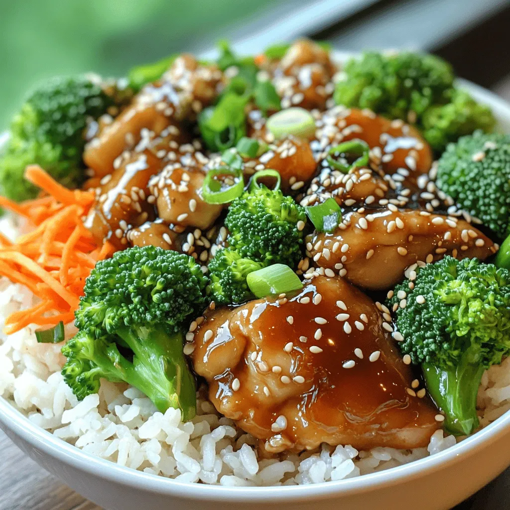 - 1 lb boneless, skinless chicken thighs - 1 cup jasmine rice - 1/4 cup soy sauce - 1/4 cup honey - 2 tablespoons rice vinegar - 2 cloves garlic, minced - 1 tablespoon fresh ginger, grated - 1 tablespoon sesame oil - 1 cup broccoli florets - 1/2 cup shredded carrots - 2 green onions, chopped - Sesame seeds, for garnish When I make my teriyaki chicken and rice bowl, I love to keep things simple yet delicious. The main ingredients start with boneless, skinless chicken thighs. They stay juicy and cook up tender. I also use jasmine rice, which has a lovely aroma and texture. The soy sauce and honey create that classic teriyaki flavor. The soy sauce gives a nice salty kick, while the honey adds sweetness. This balance makes the dish pop. I never skip the additional ingredients. Rice vinegar brightens the sauce and adds depth. Fresh garlic and ginger give it a savory punch. Sesame oil makes everything richer and more flavorful. In this dish, I love to include vibrant veggies. Broccoli florets add color and crunch. Shredded carrots bring a hint of sweetness. Finally, I top it off with chopped green onions and sesame seeds for a nice finish. For the full recipe, you’ll see how these ingredients come together to create a flavorful dinner meal. - Start by rinsing the jasmine rice. Place it in a fine-mesh strainer and run cold water over it. Do this until the water runs clear. This step helps remove excess starch and keeps the rice fluffy. - Next, cook the rice. Use 1 cup of jasmine rice and 1.5 cups of water. Bring the water to a boil in a pot. Once boiling, lower the heat and cover the pot. Let it simmer for about 15 minutes until all the water is absorbed. - In a medium bowl, mix the sauce ingredients. Combine 1/4 cup soy sauce, 1/4 cup honey, 2 tablespoons rice vinegar, 2 minced garlic cloves, and 1 tablespoon grated ginger. Whisk these together until well blended. Set this teriyaki sauce aside for later use. - Heat a large skillet over medium-high heat. Add 1 tablespoon of sesame oil. Let it warm for a minute. - Add the bite-sized chicken pieces to the skillet. Cook them for about 5 to 7 minutes. You want the chicken to be browned and fully cooked through. - Now, toss in the broccoli and carrots. Add 1 cup of broccoli florets and 1/2 cup of shredded carrots to the skillet. Stir-fry these for about 3 to 4 minutes. This keeps the vegetables tender-crisp and full of flavor. - Pour the teriyaki sauce over the chicken and vegetables. Stir everything well to coat the chicken and veggies in the sauce. Cook for an additional 2 to 3 minutes, allowing the sauce to thicken slightly. - To serve, place a generous scoop of jasmine rice in a bowl. Top it with the teriyaki chicken and vegetable mixture. - For the finishing touch, sprinkle chopped green onions and sesame seeds on top. This adds a nice crunch and flavor to your meal. Enjoy your flavorful teriyaki chicken and rice bowl! For the full recipe, check out the details above. To make a great teriyaki sauce, balance sweetness and saltiness. Start with soy sauce for saltiness. Add honey for sweetness. You want it to be rich but not too sweet. Taste as you go. If it’s too salty, add a touch more honey. If it’s too sweet, add more soy sauce. This balance makes the sauce shine. When cooking chicken, ensure it’s fully cooked. Use boneless, skinless chicken thighs for juicy bites. Heat your skillet over medium-high heat. Cook the chicken pieces for 5-7 minutes. Look for a golden-brown color. The chicken should reach an internal temperature of 165°F. This means it’s safe to eat. For the vegetables, maintain crunchiness for texture. I love using broccoli and carrots in this dish. Add them to the skillet after the chicken is cooked. Stir-fry them for 3-4 minutes. This keeps them vibrant and crisp. Overcooking will make them mushy. You want that nice snap in every bite. {{image_2}} You can change the protein in your bowl. If you prefer, use chicken breast instead of thighs. Chicken breast is leaner, offering a different texture. For a plant-based option, try tofu. Cut the tofu into cubes and cook it like chicken. It soaks up the teriyaki sauce well, adding flavor to your meal. Feel free to get creative with vegetables! Bell peppers add a sweet crunch. Snap peas bring a fresh snap that brightens the dish. You can also try adding mushrooms or zucchini. These vegetables blend well with the teriyaki sauce. Switching grains can change the vibe of your meal. Quinoa is a great option. It offers protein and a nutty flavor. Cauliflower rice is another fun swap. It's low in carbs and lightens the dish. Both options provide a tasty base for your teriyaki chicken and veggies. For the full recipe, refer to the previous sections to create your own teriyaki chicken and rice bowl. Store your teriyaki chicken and rice bowl in an airtight container. Make sure the dish cools down before sealing it. Keep it in the fridge for up to three days. This way, the chicken stays juicy, and the veggies remain crisp. If you have extra sauce, store it separately to keep the rice from becoming soggy. When it's time to enjoy the leftovers, use the microwave or stovetop. If using a microwave, place the bowl on a microwave-safe plate. Heat for about 1-2 minutes, stirring halfway. On the stovetop, warm it in a skillet over low heat. Add a splash of water if it seems dry. Stir occasionally until everything is hot. You can freeze this dish for up to three months. First, let it cool completely. Then, place it in a freezer-safe container. When you're ready to eat, thaw it overnight in the fridge. To reheat, follow the instructions above. This method helps keep the flavors fresh and tasty. You can find the full recipe in the article for more details. You can use shrimp or tofu instead of chicken. Shrimp cooks quickly and adds a nice flavor. Tofu is great for a vegetarian option. Use firm tofu for the best texture. Just make sure to adjust the cooking time accordingly. Yes, you can use store-bought teriyaki sauce. It saves time and can be tasty. Look for one that has clean ingredients. Some sauces can be too sweet or salty, so taste it first. You may want to add more garlic or ginger for extra flavor. To make this dish gluten-free, swap soy sauce for tamari. Tamari is a gluten-free soy sauce. Check that your rice vinegar is gluten-free too. Also, ensure that any additional ingredients are gluten-free. This way, you can enjoy the meal without worry. The total time to cook this dish is about 30 minutes. You spend 10 minutes prepping the ingredients. Cooking the rice and chicken takes around 20 minutes. It’s quick and easy, perfect for a weeknight meal. Absolutely! You can add bell peppers, snap peas, or zucchini. These veggies add color and crunch. Just remember to stir-fry them for a few minutes. This keeps them crisp and fresh. Feel free to get creative with your favorites! This blog post shared a simple and tasty teriyaki chicken recipe. We covered key ingredients like chicken, jasmine rice, and fresh veggies. You learned step-by-step instructions on cooking rice, making teriyaki sauce, and assembling your bowl. Tips and tricks helped you improve flavor and texture. We even explored variations and storage tips for leftovers. Follow these steps to create a delicious meal that's fun and easy. Enjoy your cooking journey and make it your own!