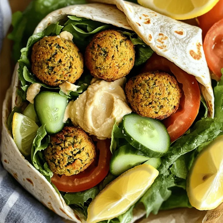 - Chickpeas: These are the star of the dish. They add protein and fiber. You can use canned or cooked dry chickpeas. - Herbs and spices: Fresh parsley and cilantro give great flavor. Ground cumin and coriander add warmth and depth. - Wraps: Choose whole wheat or spinach wraps for a healthy base. They hold the falafel well and add extra nutrients. - Substitutions: For gluten-free options, use corn or rice wraps. If you're avoiding chickpeas, try black beans or lentils. - Toppings and sauces: Hummus and tzatziki are great spreads. They add creaminess and flavor. You can also add hot sauce for some heat. - Vegetables: Feel free to get creative. Add sliced bell peppers, shredded carrots, or avocado for extra crunch and nutrition. - Caloric content: Each wrap has about 300 calories, depending on your toppings. This makes for a filling yet light meal. - Nutritional benefits: Baked falafel wraps are rich in protein, fiber, and healthy fats. They keep you satisfied and energized. - Vitamins and minerals: This dish is high in vitamin A from the greens and vitamin C from tomatoes. It also provides iron and calcium, making it a balanced meal. For the complete recipe, check out the [Full Recipe]. First, preheat your oven to 375°F (190°C). This helps the falafel to cook evenly. Next, prepare your baking sheet by lining it with parchment paper. This step makes cleaning easy and keeps the falafel from sticking. When using a food processor, add the chickpeas, herbs, and spices in batches. Pulse until mixed but still chunky. This texture gives the falafel a nice bite. Avoid over-blending, as it can make the mixture too smooth. Bake the falafel for 25 to 30 minutes. This timing ensures they turn golden brown and crispy. Flip them halfway through for even browning. Use a spatula to gently turn them. This simple action makes a big difference in texture. Now it’s time to assemble your wraps. Start by spreading hummus or tzatziki sauce on each wrap. This adds great flavor and moisture. Next, layer a few falafel pieces, mixed greens, tomato slices, and cucumber slices. For rolling, tuck in the sides of the wrap as you roll it tightly. This method keeps everything inside. You can cut the wrap in half for a nice presentation. Enjoy your tasty baked falafel wraps! For the full recipe, refer to the complete instructions above. To get the right consistency for falafel, keep these tips in mind: - Use canned chickpeas for ease but dry ones give a firmer texture. - Rinse and drain chickpeas well to avoid excess moisture. - Pulse the mixture until it is slightly chunky; this helps the falafel hold together. When it comes to seasoning, balance is key. I recommend: - Start with ground cumin and coriander for a warm, earthy flavor. - Add salt gradually; taste as you go. - Fresh herbs like parsley and cilantro brighten the taste. Baked falafel wraps shine when paired with the right sides. Here are some favorites: - Serve with a light salad of mixed greens. - Pick a refreshing side like cucumber yogurt or a zesty tabbouleh. - A side of sweet potato fries adds a tasty crunch. To store leftovers, follow these tips for maximum freshness: - Keep falafel in an airtight container in the fridge. - Wrap the remaining wraps in foil or plastic wrap. - Consume within three days for the best taste. Avoid these common pitfalls for perfect baked falafel: - Overcooking makes falafel dry. Aim for a golden brown color. - Undercooking can leave them soggy. They should be firm to the touch. - For wrap assembly, layer ingredients evenly. This helps them stay together. - Don’t overstuff the wraps; it makes rolling tricky. By avoiding these mistakes, you can create delicious, flavorful baked falafel wraps every time. For a full recipe, check out the [Full Recipe]. {{image_2}} You can spice up your baked falafel wraps for a kick. Add chopped jalapeños or a dash of cayenne pepper to your falafel mix. This will give your wraps a nice heat. You can also play with global flavors. Try adding curry powder for an Indian twist or smoked paprika for a smoky taste. These wraps are very adaptable. They can easily fit various diets. To make them vegan, use only plant-based ingredients. For gluten-free options, swap out regular wraps for gluten-free ones. If you want low-carb, try using lettuce leaves instead of wraps. This keeps your meal fresh and light. Want to switch things up? Try making salad bowls instead of wraps. Just pile your falafel and veggies on a bed of greens. This keeps it healthy and colorful. You can also get creative with sauces. Try a spicy harissa or a creamy avocado sauce to elevate your dish. These will add extra flavor and fun! For the full recipe, check out the detailed instructions above. To keep your baked falafel fresh, follow these simple steps. First, let the falafel cool completely before storing. This prevents moisture buildup. Place them in an airtight container lined with paper towels. The paper absorbs extra moisture. Store the container in the fridge. Baked falafel lasts about 3 to 4 days in the fridge. If you want to keep them longer, freeze the falafel. Place them in a single layer on a baking sheet. Freeze until solid, then transfer to a freezer bag. They can last up to 3 months in the freezer. Remember to label the bag with the date. Reheating baked falafel keeps them crispy and tasty. Use an oven or a toaster oven for the best results. Preheat to 375°F (190°C) and place falafel on a baking sheet. Heat for about 10 to 15 minutes. This method helps them stay crunchy. To refresh your wraps, warm them slightly in the oven or on a skillet. Spread some extra hummus or tzatziki to bring back moisture. You can also add fresh veggies for a nice crunch before serving. Enjoy your delicious wraps just like when they were fresh! For the full recipe, check out the complete guide above. You can tell when falafel is done by looking for a golden brown color. The outside should feel crispy, while the inside remains soft. If you poke one, it should feel firm, not mushy. Yes, you can make falafel ahead of time. Shape the balls or patties and place them on a baking sheet. Freeze them until firm, then transfer to a bag. When ready, bake from frozen for a quick meal. If you don’t have tahini, you can use peanut butter or sunflower seed butter. Both give a similar creamy texture. You can also try yogurt for a different flavor. To make baked falafel gluten-free, use gluten-free wraps. You can find options made from rice or corn. Also, check the baking powder to ensure it is gluten-free. Baked falafel wraps are much healthier than fried versions. They use less oil and keep the nutrients in the chickpeas. Plus, they are packed with fiber and protein, making them a great choice for a balanced meal. Enjoy the full recipe for a delicious meal! Baked falafel wraps are a tasty and healthy choice. You learned about key ingredients, preparation, and baking tips in this guide. We covered flavor variations and how to store leftovers effectively. Remember, practice makes perfect when assembling wraps. With the right techniques, you can easily enjoy this dish at home. Keep experimenting with flavors and ingredients to find your favorite version. Eating well can be simple and fun. Enjoy your cooking journey with baked falafel!