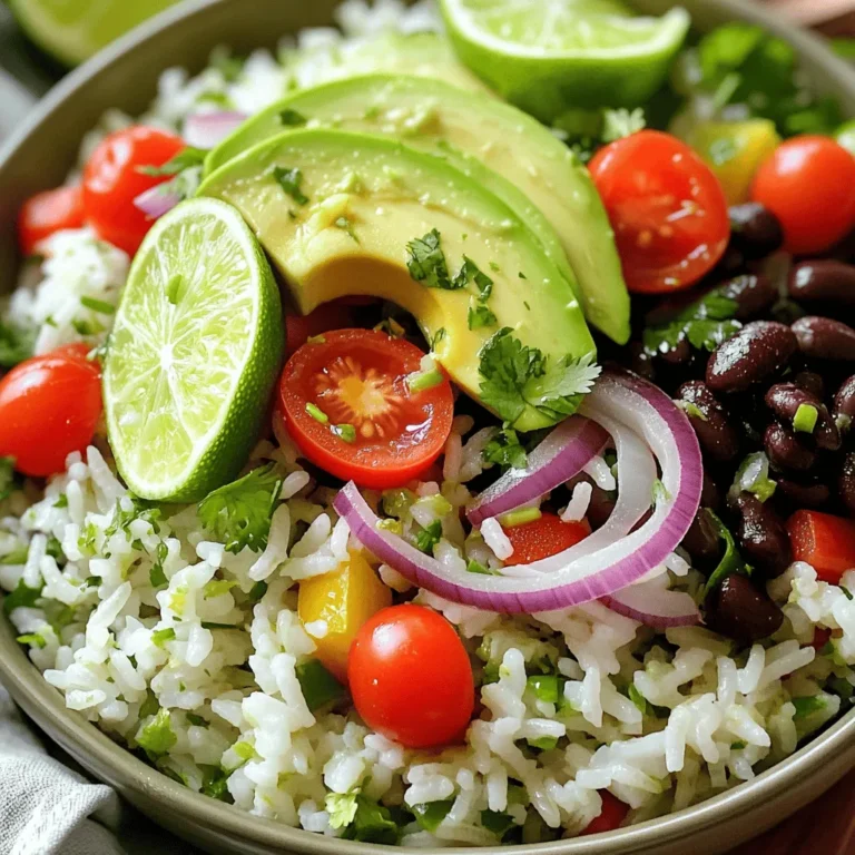 - 1 cup jasmine rice - 2 cups vegetable broth - 1/4 cup fresh cilantro, chopped - 1 tablespoon lime juice - Zest of 1 lime - 1 small red onion, diced - 1 bell pepper (any color), diced - 1 cup black beans, rinsed and drained - 1 avocado, sliced - Salt and pepper to taste The base of this dish is jasmine rice. It gives a lovely texture and flavor. We cook the rice in vegetable broth. This adds depth to the flavor and makes it special. The fresh cilantro, lime juice, and lime zest bring brightness to the bowl. Next, we have our vegetables. I like using red onion and bell pepper. They provide color and crunch, making the dish vibrant. Black beans add protein and fiber, making this meal hearty. - Cherry tomatoes - Radishes - Crumbled feta cheese For toppings, you can get creative. Cherry tomatoes add sweetness, while radishes offer a peppery bite. Crumbled feta brings creaminess and tang. Feel free to mix and match based on your taste. - Approximately 350 calories per serving - Good source of fiber and protein This bowl is not just tasty; it’s also nutritious. Each serving has about 350 calories. It’s rich in fiber from the beans and rice. Plus, it offers protein, making it filling. If you're watching your diet, this dish is a great choice. It fits well into many meal plans. You can easily adjust the toppings to fit your needs. For the full recipe, check out the details above. Enjoy making your Cilantro Lime Rice Bowl! Rinsing and Preparing Rice Start by rinsing 1 cup of jasmine rice. Use cold water until it runs clear. This step removes excess starch. It helps make the rice fluffy. Cooking Method Next, bring 2 cups of vegetable broth to a boil in a medium saucepan. Add the rinsed rice, reduce heat to low, and cover. Cook for about 15 minutes. The rice should be tender, and the liquid must absorb. After cooking, let it sit for 5 minutes. Then, fluff it with a fork. Mix in 1 tablespoon of lime juice, the zest of 1 lime, and 1/4 cup of chopped cilantro. Add salt and pepper to taste. Timing and Technique In a large skillet, heat a dash of olive oil on medium heat. Add 1 small diced red onion and 1 diced bell pepper. Sauté for about 5-7 minutes. The goal is to make the onion translucent and soften the peppers. Adding Black Beans After the veggies are ready, stir in 1 cup of black beans. Cook for an additional 2-3 minutes until heated through. This adds a nice protein boost to your bowl. Layering Ingredients Now, it’s time to build your bowl. Start with a generous scoop of cilantro lime rice at the bottom. Then, top it with the sautéed veggie and bean mixture. Presentation Tips For a pretty look, add sliced avocado. You can also include optional toppings like cherry tomatoes, radishes, or crumbled feta cheese. Serve in deep bowls to create a cozy feel. Arrange the toppings for a nice color gradient. Garnish with extra cilantro and a lime wedge for extra freshness. This dish is not only easy to make but also colorful and nutritious. Enjoy your Cilantro Lime Rice Bowl! For the complete recipe, check out the Full Recipe. - Overcooking Rice: Cook jasmine rice for about 15 minutes. If you cook it too long, it will turn mushy. Check it a little early to avoid this. - Sautéing Vegetables: Sauté your onions and peppers until soft. But don’t let them brown too much. This keeps the flavor fresh and bright. - Importance of Fresh Ingredients: Use fresh cilantro and lime. These bring the most flavor. Fresh herbs can make a big difference in taste. - Adjusting Seasoning: Taste your dish as you cook. Add salt and pepper slowly. This lets you control the flavor. - Recommended Kitchen Equipment: You need a medium saucepan for rice. A large skillet works best for veggies. A good knife is key for chopping. - Serving Utensils: Use deep bowls for serving. This makes it easy to layer your ingredients. A spoon or serving fork helps dish out each part evenly. For the complete process, refer to the Full Recipe. {{image_2}} Options for Meat Eaters If you like meat, you can add chicken, shrimp, or beef to your bowl. Cook the meat first, then mix it with the veggies. Grilled chicken thighs add great flavor. Shrimp cooks quickly and pairs well with lime. Beef strips can bring a hearty taste to your dish. Vegetarian Protein Sources For a vegetarian option, try chickpeas or tofu. Chickpeas are rich in protein and have a nutty taste. Just rinse them and toss them in with the veggies. Tofu is another great choice. Marinate it in lime juice and then sauté until golden. It absorbs flavors well and adds texture. Exploring Alternatives While jasmine rice is lovely, you can use other kinds too. Brown rice gives a nutty flavor and more fiber. Quinoa is gluten-free and packs a protein punch. Cauliflower rice is a great low-carb option. It has a mild taste and adds a nice crunch. Cooking Adjustments Each rice type needs specific cooking times. Brown rice takes longer, about 40-45 minutes. Quinoa cooks faster, around 15 minutes. Cauliflower rice only needs a few minutes in the pan. Adjust the liquid and cooking times as needed for each type. Spice Options For added spice, sprinkle in cumin, chili powder, or paprika. Cumin gives a warm, earthy note. Chili powder can add heat, while paprika brings a sweet smokiness. You can also try a dash of cayenne if you want more kick. Alternative Dressing Suggestions Besides lime juice, you can try different dressings. A splash of vinegar adds tang. You can also use a drizzle of sesame oil for a nutty flavor. A bit of sriracha mixed with yogurt can create a creamy, spicy sauce. Experiment to find your favorite! For the full recipe, check out [Full Recipe]. To keep your cilantro lime rice bowl fresh, use proper storage methods. - Refrigeration Tips: Place leftovers in an airtight container. This keeps moisture in and other smells out. Store the rice bowl in the fridge for up to three days. If parts are separate, store them in different containers. This helps maintain the best taste and texture. - Freezing Guidelines: You can freeze the rice bowl for longer storage. Use a freezer-safe container or bag. It lasts up to three months in the freezer. Make sure to label it with the date. You want to enjoy your rice bowl at its best. Follow these steps for reheating. - Best Methods for Quality: The microwave is quick. Use a microwave-safe dish. Heat for one minute, stir, then heat again in 30-second bursts until warm. For the stove, add a splash of broth or water to a skillet. Heat on low, stirring until warm. - Avoiding Texture Changes: If reheating in the microwave, cover the bowl with a damp paper towel. This keeps moisture in. When using the stove, avoid high heat to prevent the rice from becoming mushy. Knowing how long your meal lasts is key. Here’s what you need to know. - How Long Does It Last?: In the fridge, it stays good for about three days. In the freezer, it can last up to three months. - Signs of Spoilage: Check for any strange smells or colors. If the rice looks dry or hard, it’s best to throw it out. Always trust your senses! Yes, you can make cilantro lime rice in advance. It saves time during busy days. Here are some meal prep tips: - Cook the rice and let it cool completely. - Store it in an airtight container in the fridge. For storage duration: - Refrigerated rice lasts up to 4 days. - Frozen rice can stay good for up to 3 months. To spice up your cilantro lime rice, try these options: - Add diced jalapeños or serrano peppers. - Mix in red pepper flakes or cayenne pepper for heat. For adjustment techniques: - Start with a small amount. - Taste as you go to find your perfect spice level. You have many tasty options to pair with your rice bowl: - Grilled chicken or shrimp for protein. - Roasted vegetables for a healthy side. Complementary dishes include: - Fresh salsa or pico de gallo for a zesty kick. - Corn tortillas for a fun crunch. For the full recipe, check out the complete guide to making this dish. You can create a tasty cilantro lime rice bowl with simple steps. Start with rice and broth, add fresh veggies and seasonings, then top it as you like. Remember to avoid common mistakes like overcooking your rice. Store leftovers properly to enjoy later. With these tips, you can experiment with flavors and ingredients to make it your own. Enjoy a delicious meal that’s easy to make and share. Trust me, your taste buds will thank you!