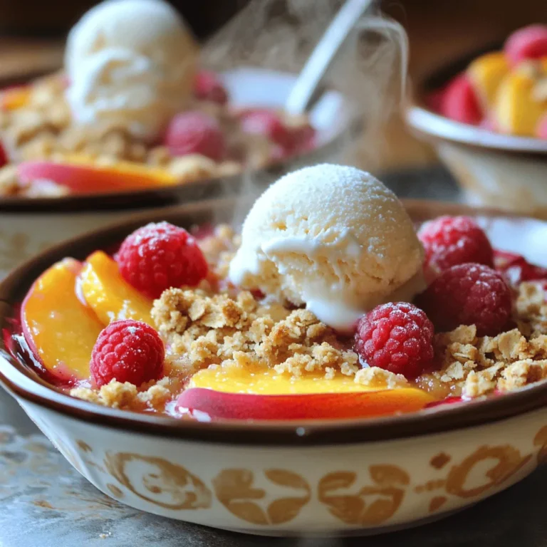 - 4 cups fresh peaches, peeled and sliced - 2 cups fresh raspberries - 1 cup granulated sugar - 1 tablespoon lemon juice - 1 teaspoon vanilla extract - 1 cup all-purpose flour - 1 cup rolled oats - 1/2 cup brown sugar, packed - 1 teaspoon ground cinnamon - 1/2 cup unsalted butter, melted - A pinch of salt To make a great Peach Raspberry Crisp, you need fresh, juicy fruits. For this recipe, use ripe peaches and sweet raspberries. The flavors blend well and create a lovely taste. You also need basic pantry items. Granulated sugar sweetens the fruit and helps form a nice crust. Lemon juice adds brightness. Vanilla extract enhances the flavor, while flour and oats create the crispy topping. Brown sugar gives a rich taste. Ground cinnamon adds warmth, and a pinch of salt balances everything. Using these fresh ingredients and pantry staples makes the crisp delicious and easy to prepare. You can find the full recipe to guide you through each step. - Preheat the oven to 350°F (175°C). - Prepare the baking dish by greasing it with butter or oil. - Combine 4 cups of fresh peaches, peeled and sliced, with 2 cups of fresh raspberries in a large bowl. - Add 1 cup of granulated sugar, 1 tablespoon of lemon juice, and 1 teaspoon of vanilla extract. - Toss gently until the fruits are well coated. This step makes the fruit sweet and tangy. - In another bowl, mix together 1 cup of all-purpose flour, 1 cup of rolled oats, 1/2 cup of brown sugar, 1 teaspoon of ground cinnamon, and a pinch of salt. - Pour 1/2 cup of melted unsalted butter over the dry ingredients. - Stir until the mixture is crumbly and well combined. This creates a crunchy topping that contrasts nicely with the soft fruit. - Pour the fruit mixture into your greased baking dish and spread it out evenly. - Sprinkle the oat mixture evenly over the fruit layer. - Bake in the preheated oven for 30-35 minutes, or until the top is golden brown and the fruit is bubbling. - Remove from the oven and let it cool for about 10 minutes before serving. For the full recipe, you can check the detailed instructions above. Enjoy this delightful summer dessert! - Use ripe, juicy peaches for the best flavor. These peaches will be soft and sweet. When you bite into them, you'll taste summer! - Let it cool for a few minutes before serving for better consistency. This helps the juices thicken and makes each bite perfect. - Serve warm with vanilla ice cream or whipped cream. The cold cream contrasts with the warm crisp, making a delicious treat. - Garnish with fresh raspberries for added flavor. Not only do they taste great, but they also add a lovely pop of color to your dish. For the full recipe, check out the details above. Enjoy every bite of this tasty Peach Raspberry Crisp! {{image_2}} You can easily switch up the fruits in your crisp. If you don't have peaches, try nectarines or apples. Both fruits work well in this dessert and add a nice twist. You can also mix in other berries. Blueberries or blackberries create a berry medley. This gives your crisp a burst of color and flavor. Each fruit brings its own taste, making it fun to experiment. If you want a healthier version, consider using whole wheat flour. This gives your topping a heartier texture and adds more fiber. You can also reduce the sugar. Cutting back on the sugar makes the crisp less sweet but still tasty. Your fruit will shine through without being overpowered. These simple changes let you enjoy the dish while keeping it light. Make sure to check the [Full Recipe] for exact details and measurements. To keep your Peach Raspberry Crisp fresh, store leftovers in the refrigerator. Let it cool completely before covering it. Use an airtight container to lock in moisture. This way, the crisp stays tasty for up to three days. If you prefer, you can wrap it tightly with plastic wrap. Just make sure it is sealed well. For the best taste, reheat your Peach Raspberry Crisp in the oven. Preheat it to 350°F (175°C). Place the crisp in an oven-safe dish and cover it with foil. Heat for about 15 minutes. This helps the topping stay crispy. If you need a quick option, use the microwave. Place a serving in a microwave-safe bowl. Heat it for 30 seconds to 1 minute. Check to see if it’s warm enough. Remember, the topping may soften in the microwave. Enjoy your delicious dessert again! Can I use frozen fruit instead of fresh for Peach Raspberry Crisp? Yes, you can use frozen fruit. Just thaw it and drain the excess liquid. This keeps your crisp from being too watery. You might need to adjust the sugar, as frozen fruit can be sweeter. How do I know when the crisp is done baking? The crisp is done when the top is golden brown, and the fruit is bubbling. You can also check with a fork. It should be soft and tender. Each serving of Peach Raspberry Crisp has about: - Calories: 300 - Fat: 12g - Carbohydrates: 45g - Protein: 3g This dessert can be a sweet treat, so enjoy it in moderation. Can I prepare the crisp in advance? What is the best way to do this? Yes, you can prepare it ahead of time. Assemble the crisp but do not bake it. Cover it and store it in the fridge for up to a day. When ready, bake it straight from the fridge. Just add a few extra minutes to the baking time. For the complete version, check out the Peach Raspberry Crisp recipe [here](#). Making a Peach Raspberry Crisp is fun and easy. We covered fresh and pantry ingredients, step-by-step prep, and tips for the best results. You learned how to store and reheat leftovers too. This tasty dessert is perfect for gatherings or a cozy night in. Use ripe fruit and try new flavors to make it your own! Enjoy every bite as you share this treat with family or friends.