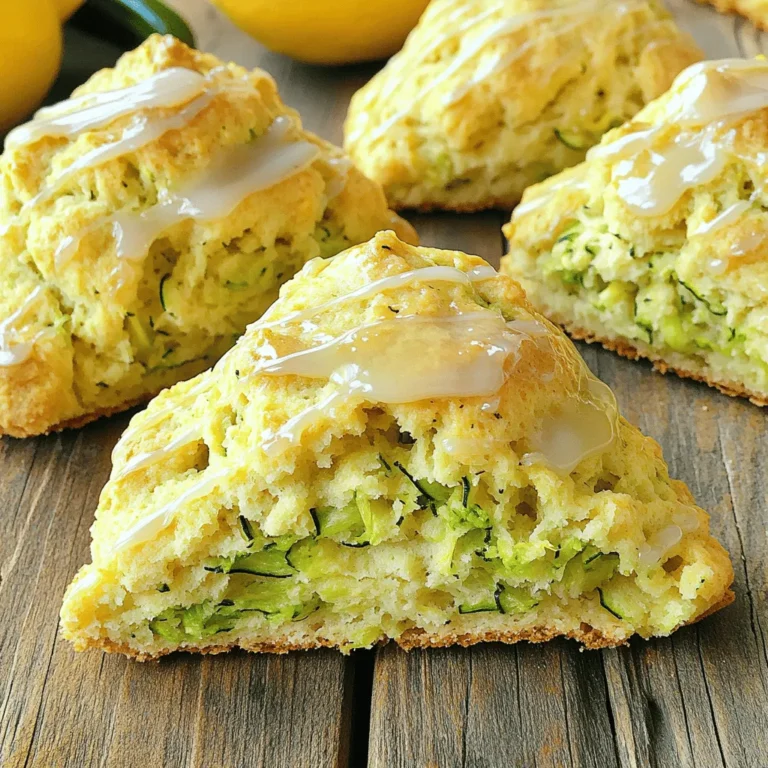 Lemon Zucchini Scones are bright and tasty. They mix sweet and savory in every bite. You can enjoy them for breakfast, brunch, or even dessert. With fresh lemon and tender zucchini, these scones are a must-try. For the complete recipe, check out the [Full Recipe]. Here’s what you need to make these delicious scones: - 1 medium zucchini, grated and excess moisture squeezed out - 1 cup all-purpose flour - 1 cup whole wheat flour - 2 tablespoons baking powder - 1/2 teaspoon baking soda - 1/4 teaspoon salt - 1/3 cup sugar - Zest of 1 lemon - 1/2 cup cold unsalted butter, cubed - 1/2 cup buttermilk (or milk with a splash of lemon juice) - 1 large egg - 1 teaspoon vanilla extract - 1/2 cup lemon glaze (powdered sugar mixed with lemon juice for drizzling) You can easily switch out some ingredients if needed. Here are some ideas: - Zucchini: You can use yellow squash instead. It tastes just as good. - Flours: Try using gluten-free flour as a substitute. It works well for a gluten-free option. - Buttermilk: If you don’t have buttermilk, mix regular milk with a little lemon juice. - Sugar: You can use coconut sugar for a healthier choice. - Butter: Swap butter with coconut oil for a dairy-free version. These swaps keep the flavor but cater to different diets! To start, gather your ingredients for Lemon Zucchini Scones. You'll need: - 1 medium zucchini, grated and excess moisture squeezed out - 1 cup all-purpose flour - 1 cup whole wheat flour - 2 tablespoons baking powder - 1/2 teaspoon baking soda - 1/4 teaspoon salt - 1/3 cup sugar - Zest of 1 lemon - 1/2 cup cold unsalted butter, cubed - 1/2 cup buttermilk (or milk with a splash of lemon juice) - 1 large egg - 1 teaspoon vanilla extract - 1/2 cup lemon glaze First, preheat your oven to 400°F (200°C). Line a baking sheet with parchment paper. Next, grate the zucchini and squeeze out any extra moisture. This step helps keep your scones from being too wet. In a large bowl, mix the dry ingredients. Combine the grated zucchini, all-purpose flour, whole wheat flour, baking powder, baking soda, salt, sugar, and lemon zest. Stir until everything is mixed well. In another bowl, combine the wet ingredients. Whisk together the buttermilk, egg, and vanilla extract. Make sure it’s well mixed so that the egg breaks up and blends nicely with the liquids. Now, add the cold butter to the dry mixture. Use a pastry cutter or your fingers to mix the butter in. Keep mixing until the dough looks like coarse crumbs. Then, pour the wet mixture into the dry mixture. Stir gently until just combined. Don’t over-mix! Turn the dough out onto a floured surface. Gently knead it a few times to bring it together. Shape the dough into a circle about 1 inch thick. Next, cut the circle into wedges like a pizza. You can also use a biscuit cutter if you prefer round scones. Place the cut pieces on the prepared baking sheet. Bake the scones for 15-18 minutes. They should turn golden brown on top and a toothpick should come out clean when tested. Once done, allow them to cool slightly. Drizzle with the lemon glaze before serving. Enjoy your fresh Lemon Zucchini Scones! To make scones that are light and fluffy, you must handle the dough gently. Over-mixing can lead to tough scones. Mix until just combined. Use cold butter. It helps create flaky layers. The butter should be in small cubes. When you bake, it melts and leaves tiny pockets. These pockets make your scones airy. Also, do not skip the chilling step. Letting the dough rest in the fridge for 15 minutes can help it firm up. This gives you a better rise when baking. Store your scones in an airtight container. They stay fresh for up to three days at room temperature. If you want to keep them longer, freeze them. Wrap each scone in plastic wrap, then place them in a freezer bag. They can last up to three months in the freezer. To reheat, place them in the oven at 350°F (175°C) for about 10 minutes. This restores their warmth and crispness. You can also microwave them for 15-20 seconds, but they will be softer. Lemon zucchini scones are great with many drinks. Try them with a cup of tea or coffee. They also pair well with fresh fruit. A side of berries adds a nice touch. For a sweeter option, a dollop of clotted cream works wonders. You can drizzle honey over them for added flavor. If you want something savory, serve them with cheese. Goat cheese or cream cheese enhances the taste. These pairings make the scones perfect for breakfast, brunch, or any gathering. For the full recipe, check out the section above. {{image_2}} You can add more flavors to your Lemon Zucchini Scones. Fresh herbs like basil or dill work well. Just chop them finely and mix them in with the dry ingredients. You can also try spices like cinnamon or nutmeg. These spices bring warmth and depth to the scones. A pinch of black pepper can add a fun kick! Experiment and find your favorite mix. If you need gluten-free scones, it’s easy to adapt the recipe. Use gluten-free all-purpose flour instead of regular flour. Look for one that has xanthan gum included. This helps mimic the structure of wheat flour. Also, check your baking powder to ensure it's gluten-free. The texture might change slightly, but they will still be delicious! While the lemon glaze is tasty, you have other options too. A simple icing made from milk and powdered sugar is great. You can add a splash of vanilla for flavor. If you want fruity notes, try a berry glaze. Just mash some berries with powdered sugar and a bit of lemon juice. This gives a lovely color and taste. Each glaze adds a unique twist to your scones! To store leftover scones, let them cool completely. Place them in an airtight container. You can keep them at room temperature for up to two days. If you want them to last longer, the fridge is a good option. Just remember, they may dry out a bit in the fridge. If you want to keep them fresh, wrap them well in plastic wrap before placing them in the container. Freezing scones is easy and smart. You can freeze them before or after baking. To freeze before baking, cut the dough into shapes and place them on a baking sheet. Freeze them for about 30 minutes. Then, transfer them to a freezer bag. They will stay fresh for up to three months. If you freeze baked scones, let them cool first. Wrap each scone tightly in plastic wrap. Then, store them in a freezer bag. Thawing your scones is simple. For scones frozen before baking, just take them out and bake them straight from the freezer. Add a couple of extra minutes to the baking time. If you froze baked scones, move them to the fridge overnight. The next day, warm them in the oven for a few minutes. This will help them regain their fresh taste and texture. Enjoy your Lemon Zucchini Scones anytime! For the full recipe, check the section above. Yes, you can use other types of squash like yellow squash. The flavor will change a bit but will still be tasty. Make sure to grate it and squeeze out any extra moisture. This keeps your scones from getting too wet. You can also mix different types of squash for a unique flavor twist. You know the scones are done when they turn golden brown on top. A toothpick inserted into the center should come out clean. Watch them closely in the last few minutes of baking. They can go from perfect to overbaked quickly. These scones pair well with many things. Here are some great ideas: - Fresh fruit like berries or sliced peaches - A dollop of whipped cream or clotted cream - Your favorite jam or lemon curd - A cup of tea or coffee Feel free to mix and match! The zesty lemon flavor shines with many sides. Enjoy your Lemon Zucchini Scones at breakfast or as a snack. For the full recipe, check out the Full Recipe section above. In this post, we covered how to make delicious lemon zucchini scones. You learned about the ingredients, step-by-step cooking, and helpful tips for the best texture. I also shared variations and storage advice to keep your scones fresh. Remember, you can customize your scones to fit your taste. I hope you feel inspired to try this recipe. Happy baking!