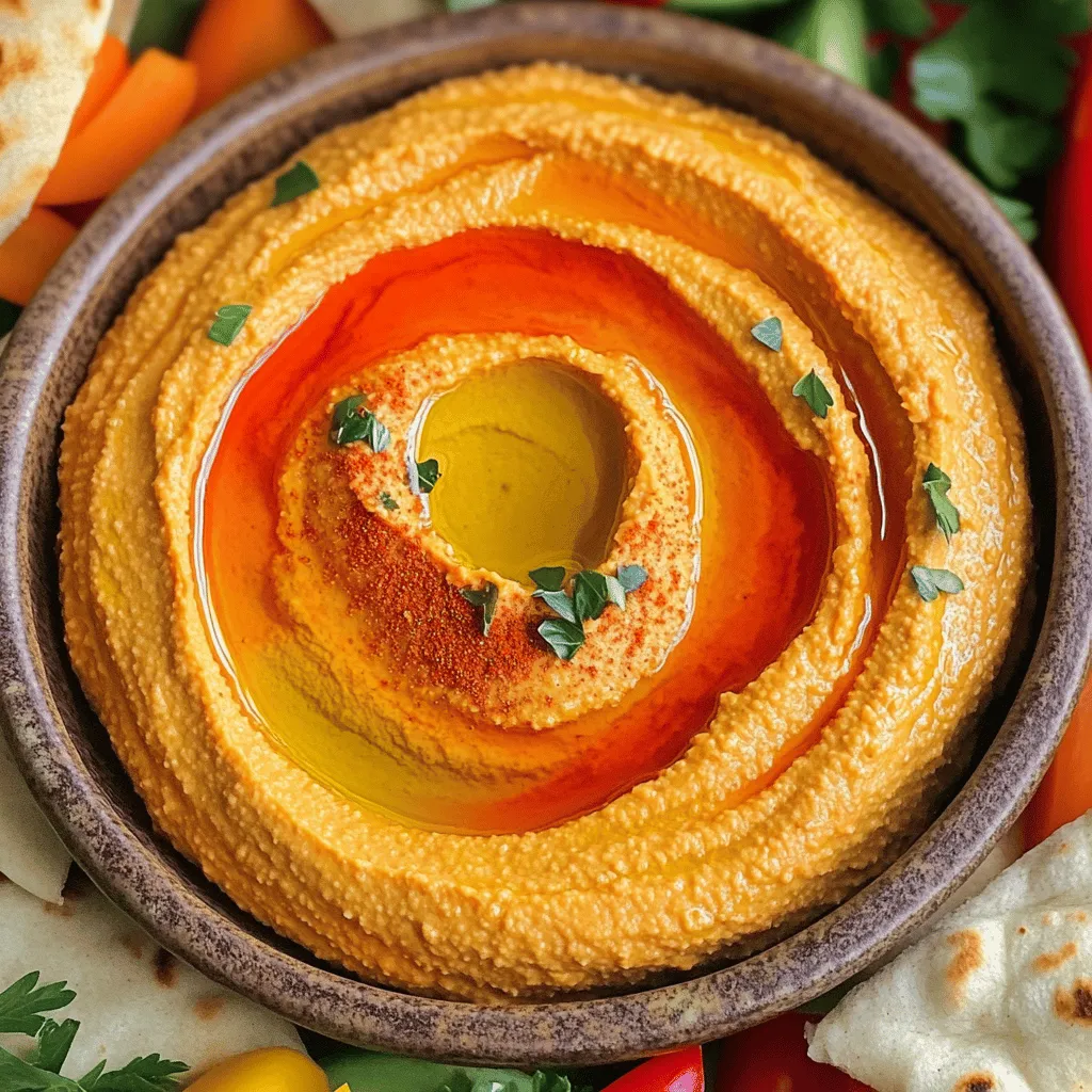 - 1 can (15 oz) chickpeas, drained and rinsed - 1 large roasted red pepper, jarred or homemade - 3 tablespoons tahini - 2 tablespoons olive oil - 2 tablespoons lemon juice - 1 garlic clove, minced - 1 teaspoon ground cumin - Salt to taste - 2-3 tablespoons water, as needed for consistency To make roasted red pepper hummus, you need a few key ingredients. Chickpeas are the base of this dish. They add creaminess and protein. The roasted red pepper gives it a sweet and smoky flavor. Tahini adds richness and a nutty taste. Olive oil brings a smooth texture, while lemon juice adds brightness. Garlic gives a nice kick, and cumin adds warmth. Adding salt enhances the flavors. - Paprika - Fresh parsley Adding a sprinkle of paprika gives the hummus a pop of color. Fresh parsley adds a nice touch and a hint of freshness. These garnishes make your hummus look beautiful on the table. - Food processor - Serving bowl You will need a food processor to blend the hummus until it's smooth. A serving bowl helps present the hummus nicely. Having these tools makes the process easy and fun. For the full recipe, check out the instructions and enjoy making your own hummus at home! To start, you need to drain and rinse your chickpeas. This step removes some salt and keeps your hummus fresh. Open the can, pour it into a strainer, and rinse under cold water. If you prefer homemade roasted red peppers, you can roast them in your oven. Set your oven to 450°F (230°C). Place whole peppers on a baking sheet and roast for about 20 minutes. Turn them halfway through. They are done when the skin is blackened. After roasting, let them cool. Then, peel off the skin and remove the seeds. Now it’s time to blend! In a food processor, add the drained chickpeas, roasted red pepper, tahini, olive oil, lemon juice, minced garlic, ground cumin, and salt. Blend on high until the mixture is smooth. If the hummus is too thick, add 2 to 3 tablespoons of cold water. Blend after each tablespoon until you reach your desired creaminess. Taste the hummus. Adjust with more salt or lemon juice if needed. Once blended, transfer the hummus to a serving bowl. Use the back of a spoon to make a small well in the center. Drizzle a bit of olive oil into this well. Top with a sprinkle of paprika and chopped fresh parsley for color and taste. Serve your hummus with pita bread, fresh veggies, or crunchy crackers. You can find the full recipe above! Enjoy your tasty and healthy snack. To make your hummus pop, add spices. A little smoked paprika or cayenne gives warmth. You can also try adding a pinch of black pepper or a squeeze of lemon. Each spice changes the flavor a bit. For the right texture, blend until smooth. If it feels too thick, add water slowly. Start with one tablespoon and mix again. Keep adding until it’s creamy but not runny. Store hummus in an airtight container. This keeps it fresh and tasty. If you add a layer of olive oil on top, it helps too. Always label your container with the date. Homemade hummus lasts about five days in the fridge. To keep it fresh longer, divide it into smaller portions. This way, you only open what you need. Freezing works too! Just thaw it in the fridge before using. Hummus pairs well with pita bread, fresh veggies, or crunchy crackers. Cut carrots, cucumbers, and bell peppers for dippers. You can also spread it on sandwiches or wraps for added flavor. For gatherings, serve hummus in a bowl with a drizzle of olive oil. Add some paprika and fresh parsley on top. Use a fun platter with colorful dippers for a festive touch. For the full recipe, check out the Roasted Red Pepper Hummus Delight 🥙. Enjoy! {{image_2}} You can make roasted red pepper hummus even more exciting with flavors. - Spicy Roasted Red Pepper Hummus: Add a pinch of cayenne pepper. This brings heat and depth. You can also mix in some diced jalapeños for extra kick. - Garlic and Herb Variations: Try adding fresh herbs. Basil or cilantro work well. You can also increase the garlic for a bold taste. Some people have special dietary needs. You can easily adjust this recipe. - Making Hummus Nut-Free: This recipe is already nut-free. So, you can enjoy it without worry. Just make sure your tahini is made from sesame seeds only. - Vegan Considerations: This hummus is vegan as is. You can feel good sharing it with everyone, no matter their diet. You don’t have to only use chickpeas for hummus. - Alternatives to Chickpeas: White beans create a smooth and tasty hummus. You can also use lentils for a twist. Each option brings a new flavor. - Incorporating Different Roasted Vegetables: Try adding roasted carrots or beets. These veggies add sweetness and color. Mixing in different roasted vegetables will keep your hummus fresh and fun. Check out the Full Recipe to get started on these tasty variations! Each serving of roasted red pepper hummus has about 120 calories. This tasty dip packs essential nutrients. Here’s a quick look at the macronutrients: - Protein: 4 grams - Fat: 7 grams - Carbohydrates: 11 grams These numbers show that hummus provides a good balance of protein, fats, and carbs. Chickpeas are the main star in this dish. They are high in protein and fiber. This helps you feel full and supports gut health. They also help lower cholesterol. Tahini, made from sesame seeds, adds healthy fats to hummus. It also brings a rich, nutty flavor. Olive oil is another great fat source. It contains antioxidants and can help reduce inflammation. Roasted red pepper hummus is both gluten-free and vegan-friendly. This makes it a great snack for many diets. If you're watching carbs, hummus can fit in your meal plan. Just enjoy it in moderation. You can find the Full Recipe to make this nutritious dip at home. To make your hummus creamy, start with smooth ingredients. Use a high-quality food processor. This helps blend the chickpeas and peppers well. Here are some tips for a smooth texture: - Add water slowly: If your hummus is thick, add cold water one tablespoon at a time. - Use room temperature ingredients: Chill can make it harder to blend. - Blend longer: Give your food processor time to work. Blend until you see a creamy mix. These steps will help you achieve a dreamy, creamy hummus. You can find roasted red pepper hummus in many stores. Look in the deli or refrigerated section. Here are some recommended brands: - Sabra: A popular choice with a great flavor. - Hope Foods: Known for using fresh ingredients. - Trader Joe's: Their hummus has a nice taste and price. Check your local grocery store or health food store for these brands. Homemade hummus can last up to a week in the fridge. Store it in a sealed container. Here are signs your hummus has gone bad: - Change in smell: If it smells sour, toss it. - Change in color: If it looks brown or dull, it’s time to say goodbye. - Texture change: If it separates or gets too watery, it may not be safe. Keep an eye on your hummus to enjoy it fresh! Making hummus is simple and fun. We explored essential ingredients like chickpeas, tahini, and olive oil. You learned how to blend everything smoothly in a food processor. Also, I shared tips on storing and serving it with dippers. Remember, variations can change the flavor, making it your own. Whether adding spices or using other beans, the choices are endless. Enjoy making delicious hummus that suits your taste and keeps you healthy.