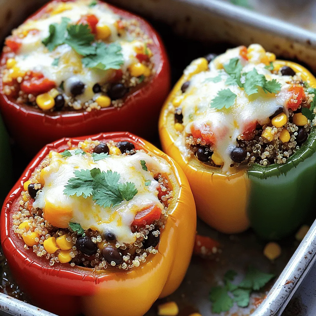 - 4 large bell peppers (any color) - 1 cup quinoa, rinsed - 2 cups vegetable broth - 1 can (15 oz) black beans, drained and rinsed - 1 cup corn (fresh, frozen, or canned) - 1 cup diced tomatoes (fresh or canned) - 1 teaspoon cumin - 1 teaspoon smoked paprika - 1/2 teaspoon chili powder - Salt and pepper to taste - 1 cup shredded cheese (cheddar or mozzarella) - Fresh cilantro or parsley for garnish - Ground meat (turkey, beef, or chicken) - Additional vegetables (zucchini, mushrooms, or spinach) Stuffed bell peppers are not just tasty; they are also good for you. Each serving has about: - 300 calories - 12 grams of protein - 45 grams of carbs - 10 grams of fat These ingredients come together to make a meal that is filling and colorful. You can use any color bell pepper for a fun look. Quinoa adds protein and fiber, while beans and corn contribute to a hearty texture. If you want extra flavor or protein, consider adding ground meat or more veggies. This option keeps the meal healthy and interesting. For the full recipe, check the details above. First, preheat your oven to 375°F (190°C). This helps the peppers cook evenly. Next, prepare a baking dish by lightly greasing it with cooking spray or olive oil. Now, grab your bell peppers. Cut the tops off and remove all seeds and membranes. This step is key to making space for the filling. In a medium saucepan, combine 1 cup of rinsed quinoa with 2 cups of vegetable broth. Bring this mixture to a boil over medium heat. Once it boils, reduce the heat to low. Cover the pot and let it simmer for about 15 minutes. This time allows the quinoa to absorb the liquid and become fluffy. Fluff it with a fork after cooking for the best texture. In a large mixing bowl, mix the cooked quinoa with black beans, corn, diced tomatoes, cumin, smoked paprika, chili powder, salt, and pepper. Stir until all ingredients blend well. Now it’s time to stuff the bell peppers! Pack the quinoa mixture into each pepper gently. Place the stuffed peppers upright in your greased baking dish. Cover the dish with aluminum foil and bake for 25 minutes. After 25 minutes, take off the foil and sprinkle shredded cheese on each pepper. Bake for another 10-15 minutes until the cheese melts and bubbles. Remove the dish from the oven and let it cool slightly. Garnish your stuffed peppers with fresh cilantro or parsley for a pop of color. For the full recipe, check it out [here](#). 1. Overcooking the quinoa: Quinoa cooks in about 15 minutes. If you cook it too long, it turns mushy. Watch it closely to ensure it stays fluffy. 2. Not packing the filling properly: When you stuff the bell peppers, press down gently. This way, the filling stays in place and the flavors meld better. - Adding spices for extra kick: Feel free to adjust the spices to your taste. You might enjoy adding more chili powder or even some cayenne for heat. Herbs like oregano or basil can also add depth. - Suggestions for sauces or garnishes: Consider topping your stuffed peppers with a drizzle of sour cream or a zesty salsa. Fresh cilantro or parsley adds a nice touch too. - Best side dishes to pair with stuffed peppers: A fresh salad or some roasted vegetables work well. They balance the meal and add more nutrients. - Wine or beverage pairing ideas: A light white wine like Sauvignon Blanc pairs nicely. If you prefer non-alcoholic options, try sparkling water with lime for a refreshing drink. These tips will help you create a delicious and enjoyable meal. For the complete recipe, check out the [Full Recipe]. {{image_2}} You can easily make stuffed peppers vegetarian or vegan. Simply swap out cheese for plant-based options like nutritional yeast or vegan cheese. This change keeps the dish creamy and tasty without animal products. For vegan fillings, use various protein sources. Black beans, lentils, and chickpeas all work well. These ingredients add protein and fiber to your meal. You can also add more veggies, like spinach or mushrooms, to boost nutrition. If you're watching carbs, consider using cauliflower rice instead of quinoa. Cauliflower rice has low carbs and is a great substitute. It absorbs flavors well, giving you a tasty filling. Other low-carb ideas include using ground meat or a mix of chopped veggies. You can use diced zucchini, eggplant, or even mushrooms for a hearty stuffing. These options provide a satisfying meal without the carbs. You can give your stuffed peppers a fun twist with global flavors. For a Mexican flair, add taco seasoning to your filling. This spice mix brings out bold tastes and makes the dish exciting. For an Italian touch, mix marinara sauce and Italian herbs into the filling. This combo works wonders with the peppers. The rich flavors create a comforting and savory meal that everyone will love. For the full recipe, check out the Cheesy Quinoa & Black Bean Stuffed Bell Peppers. To keep your stuffed bell peppers fresh, place them in an airtight container. Refrigerate them within two hours of cooking. This helps prevent bacteria growth. Enjoy them within three to four days for the best taste. Use glass or plastic containers that seal tightly. They should fit the peppers well to save space. You can reheat your peppers in two ways: microwave or oven. The microwave is quick, but it may make the peppers soggy. Heat them for 1-2 minutes on high. For the oven, preheat it to 350°F (175°C). Place the peppers in a baking dish, cover with foil, and heat for about 15-20 minutes. This keeps the texture nice and firm. If you want to freeze your stuffed peppers, follow these steps: 1. Prepare the peppers but do not bake them. 2. Place each stuffed pepper in a freezer-safe bag. Squeeze out excess air and seal tightly. 3. Label the bags with the date and freeze them. To reheat frozen peppers, take them out of the freezer the day before. Let them thaw in the fridge overnight. Then, bake them at 350°F (175°C) for 30-40 minutes until hot. This way, you can enjoy a tasty meal later! Yes, you can prep stuffed bell peppers ahead of time. To do this, prepare the filling and stuff the peppers. Then, cover them tightly with foil or plastic wrap. Store them in the fridge for up to two days. When you're ready to bake, preheat your oven and cook them as directed in the Full Recipe. This way, you save time on busy days. If you want a different grain, try brown rice or farro. You can also use couscous or bulgur wheat. For a low-carb option, consider cauliflower rice. Each option gives a nice texture and flavor. Feel free to mix and match these grains based on what you like best. Stuffed bell peppers are a healthy choice. They are full of fiber, protein, and vitamins. The bell peppers add vitamin C, while quinoa or beans provide protein. You can also pack them with veggies for extra nutrients. This dish is great for many diets, including vegetarian and gluten-free. Stuffed peppers last about three to four days in the fridge. Keep them in an airtight container to stay fresh. If you see any mold or off-smells, it's best to throw them out. Always check for safety before eating leftovers. In this post, we covered how to make delicious stuffed bell peppers with simple ingredients. You learned about optional add-ins and variations to match your taste. We discussed cooking tips, common mistakes to avoid, and how to store leftovers. This dish is flexible and healthy, making it perfect for a variety of diets. Now, get creative in the kitchen! Enjoy crafting your version of these tasty stuffed peppers.