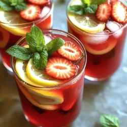 To make a delightful strawberry hibiscus lemonade, you need some simple and fresh ingredients. Here’s your list: - Fresh strawberries - Dried hibiscus flowers - Granulated sugar - Fresh lemon juice - Ice cubes - Garnishes: lemon slices and mint leaves Fresh strawberries add a sweet and juicy flavor. Dried hibiscus flowers give a beautiful color and a tart taste. Granulated sugar balances the tartness. Fresh lemon juice brings out the zesty notes. Ice cubes keep your drink cool. Finally, lemon slices and mint leaves make your drink look pretty and fresh. Using fresh ingredients makes a big difference. Fresh strawberries taste better than frozen ones. Choose bright red strawberries for the best flavor. For hibiscus, look for dried flowers in health stores or online. They are easy to find and use. When picking lemons, go for ones that feel heavy. This means they are juicy. Fresh lemon juice always tastes better than bottled juice. It gives a vibrant kick to your lemonade. Gather these ingredients, and you’ll be ready to make a refreshing summer drink. For the full recipe, check out the section above. 1. Start by combining 2 cups of water and 2 tablespoons of dried hibiscus flowers in a medium saucepan. The water should cover the flowers well. 2. Bring the mixture to a boil over medium heat. Watch it closely as it heats up. 3. Once boiling, reduce the heat and let it simmer for about 10 minutes. This allows the hibiscus to release its color and flavor. 4. After simmering, remove the saucepan from the heat. Strain the mixture through a fine mesh sieve into a bowl. Discard the hibiscus flowers. 1. While the hibiscus tea is still warm, stir in 1/2 cup of granulated sugar. Mix until the sugar dissolves completely. 2. In a large pitcher, combine the cooled hibiscus tea with 1/2 cup of fresh lemon juice. This adds a nice zing to the drink. 3. Now, add in the sliced strawberries. Stir gently to combine everything. 4. Fill the pitcher with ice cubes to chill the lemonade. This makes it super refreshing! 5. Before serving, taste the lemonade. If you want it sweeter, add more sugar to your liking. 6. Serve the strawberry hibiscus lemonade in glasses filled with ice. Garnish with lemon slices and fresh mint leaves for a nice touch. For the full recipe, refer to the ingredients and steps listed above. Enjoy your vibrant and tasty treat! You can sweeten your Strawberry Hibiscus Lemonade in many ways. I often use granulated sugar. It dissolves easily in warm tea. If you prefer natural sweeteners, try honey or agave. They add a nice flavor too. Adjust the sweetness to your taste. Start with half a cup of sugar. After mixing, taste it. Add more if you want it sweeter. Little by little is best. You can always add more, but you can't take it out! To make this drink even better, add more fruits or herbs. You can try raspberries or blueberries for extra flavor. Fresh herbs like mint or basil work well too. They add a fresh twist to the drink. Serving it cold is key. Fill your glasses with ice cubes before pouring the lemonade. For a beautiful touch, garnish with lemon slices and mint leaves. This not only looks nice but adds great flavor. Enjoy your refreshing drink! {{image_2}} You can switch up the fruit in this drink. Adding raspberries or blueberries gives a fun twist. These berries bring their own sweet flavors and bright colors. You can mix them in with the strawberries. Citrus fruits also work great. Try lime or orange juice for a zesty kick. This adds a fresh taste that pairs well with the hibiscus. Herbs can enhance the flavor too. Mint adds a cool note that feels refreshing. You can muddle some mint leaves before mixing them in. Basil is another option, giving a unique taste. Spices are fun to try as well. Think of adding a pinch of cinnamon or ginger. These spices can add warmth and depth to your lemonade. For a full recipe, check out the detailed steps above. To keep your strawberry hibiscus lemonade fresh, store it in the fridge. Use a clean, airtight container. This helps keep the flavors strong and prevents spills. You can also use a pitcher with a lid. Your lemonade will last about 3 to 5 days in the fridge. After that, the taste may fade. Yes, you can freeze the lemonade! Freezing is a great way to save extra lemonade for later. Use freezer-safe containers or ice cube trays. Pour the lemonade into the containers, leaving some space for expansion. If using trays, freeze until solid, then transfer the cubes to a bag. This way, you can add a splash of summer to your drinks anytime! Hibiscus has many health benefits. It is full of antioxidants. Antioxidants help fight free radicals in your body. This can lower your risk of illness. Hibiscus may also help with blood pressure. Some studies show it can lower high blood pressure. Always talk to your doctor if you have health concerns. You can make this drink low-calorie by changing some ingredients. Use a sugar substitute like stevia or monk fruit. These options can keep the sweet taste without extra calories. You can also add more strawberries for natural sweetness. They are low in calories and high in flavor. You can find dried hibiscus flowers in many stores. Look in health food stores or specialty spice shops. Brands like Frontier and McCormick often carry them. You can also buy hibiscus flowers online. Sites like Amazon and specialty food websites have good options. Check the product reviews to ensure quality. This blog post explained how to make a refreshing hibiscus lemonade. We covered the main ingredients, including fresh strawberries and dried hibiscus flowers. You learned step-by-step instructions, along with tips for sweetening and flavoring. We also explored variations, storage options, and answered common questions. In summary, making this drink is easy and fun. Enjoying your homemade hibiscus lemonade can bring a delightful twist to your drinks. It’s a tasty way to stay cool and healthy. Try it out and customize it to your taste!