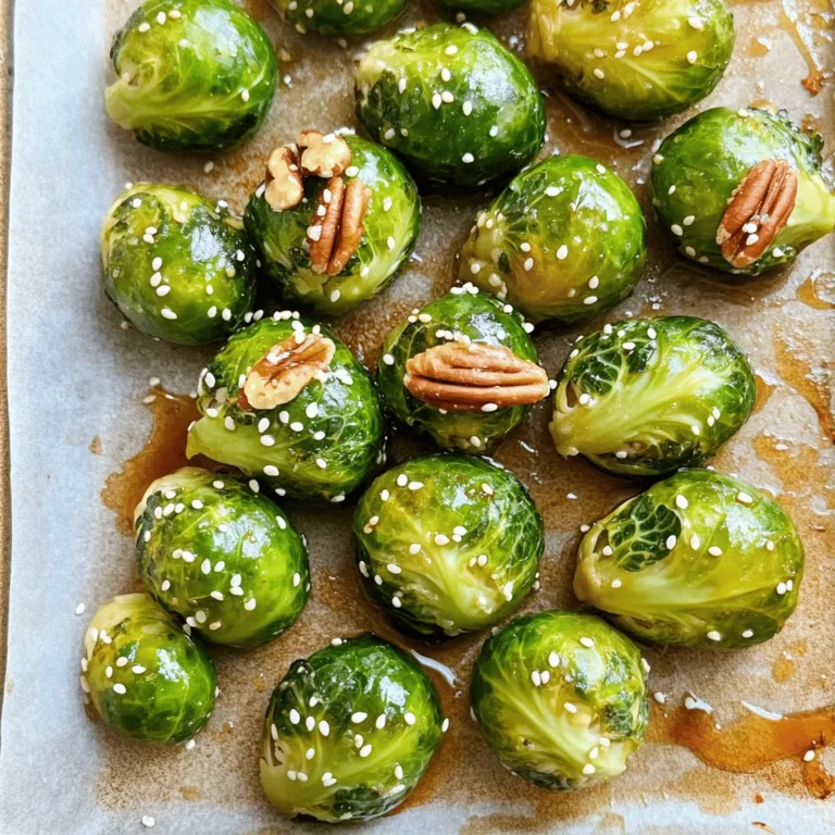 - 1 pound Brussels sprouts, trimmed and halved - 1/4 cup pure maple syrup - 2 tablespoons olive oil - 1 teaspoon Dijon mustard - 1 tablespoon apple cider vinegar - 1/2 teaspoon garlic powder - 1/4 teaspoon salt - 1/4 teaspoon black pepper - 1/4 cup pecans, roughly chopped - 1 tablespoon sesame seeds Gather these ingredients for a delightful side dish. The main ingredients shine through with their rich flavors. Brussels sprouts bring a fresh taste, while maple syrup adds sweetness. Olive oil enhances the dish and helps with roasting. The additional ingredients round out the flavors. Dijon mustard gives a slight tang, and apple cider vinegar adds brightness. Garlic powder, salt, and pepper boost the overall taste. For added crunch, use optional ingredients like pecans and sesame seeds. They add texture and make your dish more exciting. This recipe is simple, yet the flavor is complex and rewarding. Check the [Full Recipe] for precise measurements and steps to create this tasty dish. Enjoy the process of making maple glazed Brussels sprouts! - Preheat the oven to 400°F (200°C). - Line a baking sheet with parchment paper. This step sets you up for success. Preheating the oven ensures even cooking. The parchment paper helps with easy cleanup. - Whisk together maple syrup, olive oil, Dijon mustard, apple cider vinegar, garlic powder, salt, and black pepper. Mixing these ingredients creates a sweet and tangy glaze. The maple syrup adds a rich flavor, while the mustard gives it a nice kick. Whisking well ensures that every bite is packed with taste. - Toss Brussels sprouts in the maple glaze. - Spread on the baking sheet and sprinkle pecans. - Roast for 20-25 minutes, tossing halfway through. Tossing the Brussels sprouts in the glaze coats them evenly. Spreading them out on the baking sheet helps them cook evenly. Tossing halfway through keeps them from getting soggy and adds a lovely caramelization. For the full recipe, check out the instructions above. To make your Brussels sprouts shine, coat them evenly. This step helps the glaze cover every sprout. You want every bite to taste sweet and rich. Using fresh ingredients is key. Fresh Brussels sprouts give the best crunch. Pure maple syrup adds a deep flavor. Don't skip the Dijon mustard; it adds a nice kick. How do you know when Brussels sprouts are done? They should be tender and golden brown. You can poke them with a fork to check. If you want a crispier finish, broil them for a few minutes. Just watch them closely; they can burn quickly. What should you pair with maple-glazed Brussels sprouts? They go well with roasted chicken or pork. You can also serve them with grains like quinoa or rice. Serve them warm for the best taste, but they can be enjoyed chilled too. Cold Brussels sprouts make a nice addition to salads. {{image_2}} You can boost the taste of maple glazed Brussels sprouts in fun ways. Adding fresh herbs like thyme or rosemary gives a bright flavor. Both herbs pair well with the sweet maple. You can also try different nut toppings, such as walnuts. Walnuts add a nice crunch and a unique taste. If you want this dish to fit your diet, you have options! To make it vegan, simply use maple syrup and olive oil. This recipe is already gluten-free, but you can swap out sweeteners if you prefer. Agave syrup works well as a substitute for maple syrup. Maple glazed Brussels sprouts are versatile. You can toss them into salads for a tasty twist. They work great with mixed greens and other veggies. You can also serve them as a side dish with proteins like chicken or fish. Their sweet and savory flavor complements many main dishes. For the full recipe, check out the Maple Blissed Brussels Sprouts. To store leftover maple-glazed Brussels sprouts, place them in an airtight container. This keeps them fresh and prevents odors from mixing. Make sure to let them cool before sealing. In the refrigerator, they stay good for up to three days. Yes, you can freeze maple-glazed Brussels sprouts. First, cool them completely. Then, place them in a freezer-safe bag or container. Squeeze out as much air as possible before sealing. They can last for about three months in the freezer. To thaw, move them to the fridge for several hours or overnight. You can also thaw them in cold water if you're in a hurry. For reheating, the oven is best. Preheat it to 350°F (175°C). Spread the sprouts on a baking sheet and heat for about 10-15 minutes. This keeps them crispy. If you're short on time, the microwave works too. Heat them in short bursts, stirring in between. Be careful, as the microwave can make them soggy. Always aim to keep the texture and flavor intact. To prepare Brussels sprouts, start by trimming them. Cut off the stem ends and remove any yellow leaves. Look for fresh, bright green sprouts with no brown spots. Smaller sprouts tend to be sweeter and more tender. 1. Trim ends: Remove the tough stem. 2. Peel outer leaves: Discard any damaged leaves. 3. Halve if needed: This helps them cook evenly. Yes, you can use frozen Brussels sprouts. However, they may not taste as fresh. Fresh Brussels sprouts have a firmer texture and better flavor. - Pros of frozen: Convenient and quick to use. - Cons of frozen: They can be mushy after cooking and may lack some flavor. You can prep Brussels sprouts ahead of time for this recipe. Here’s how: 1. Trim and halve: Prepare them a day in advance. 2. Store in the fridge: Keep them in an airtight container. 3. Make the glaze: Whisk the glaze ingredients and store separately. When you're ready to cook, toss the sprouts with the glaze. This saves time and keeps your meal stress-free. For the full recipe, check out Maple Blissed Brussels Sprouts. In this article, we explored how to make delicious maple-glazed Brussels sprouts. We discussed the key ingredients and their roles, from olive oil to maple syrup. You learned easy step-by-step instructions for preparation and roasting. I shared helpful tips for perfecting your glaze and offered variations to fit your taste. Finally, we covered proper storage and reheating methods. Now, you can enjoy a tasty and nutritious side dish that impresses! Dive into your kitchen and give this recipe a try.