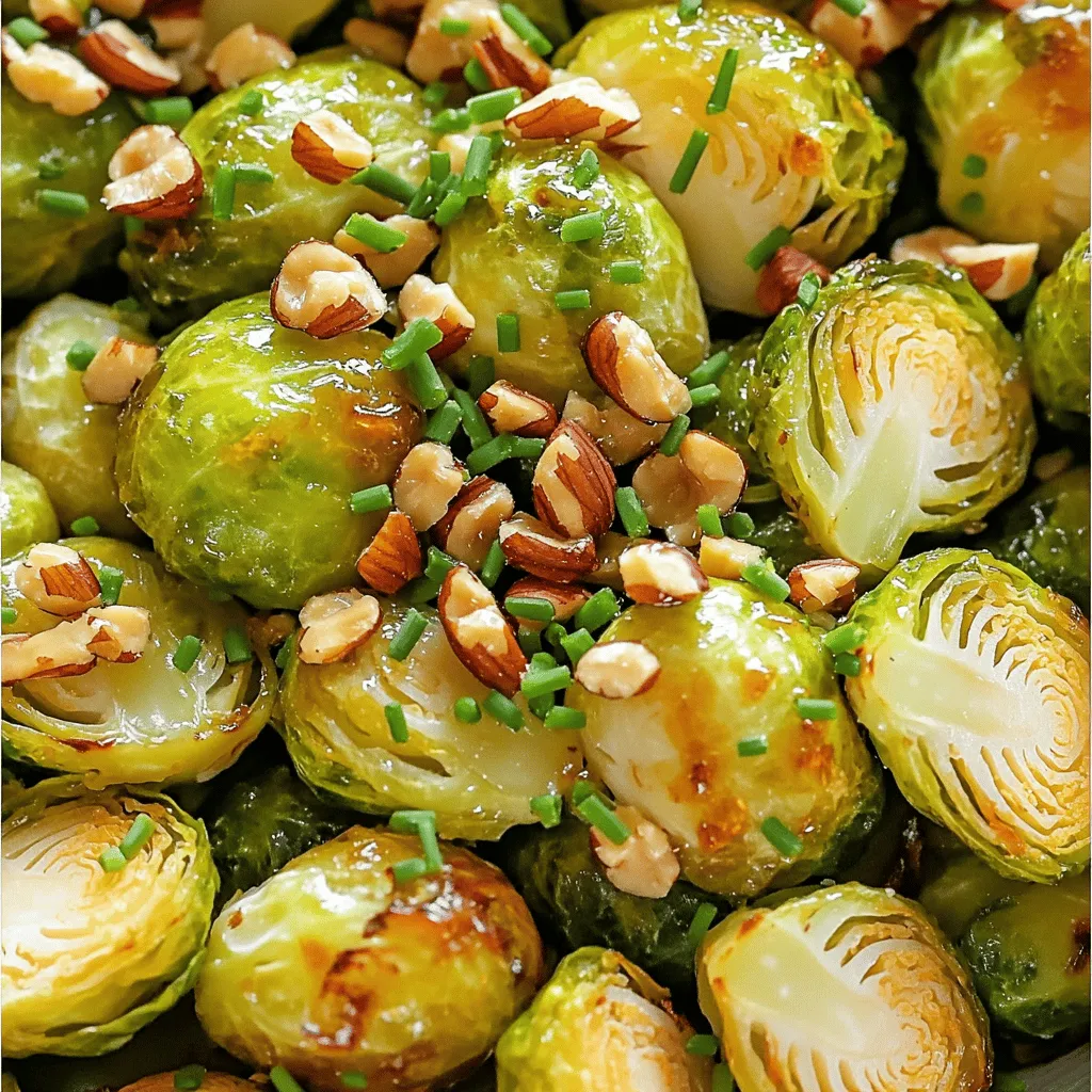 To make maple-glazed Brussels sprouts, you will need: - 1 pound Brussels sprouts, trimmed and halved - 3 tablespoons olive oil - 1/4 cup maple syrup - 1/2 teaspoon sea salt - 1/4 teaspoon black pepper - 1/2 teaspoon smoked paprika - 1/3 cup toasted hazelnuts, roughly chopped - Fresh chives, for garnish (optional) You can adjust the amount of Brussels sprouts based on your needs. If you want a sweeter dish, add more maple syrup. For a crunchier texture, use more hazelnuts. If you don't have smoked paprika, regular paprika works fine. You can also swap olive oil with another oil like avocado oil. This dish is healthy and packed with nutrients. Each serving (about 1 cup) offers: - Calories: 200 - Protein: 4g - Fat: 14g - Carbohydrates: 18g - Fiber: 6g - Sugar: 6g The fiber helps with digestion, while the hazelnuts add good fats. This dish is not only tasty but also nutritious. You can find the full recipe in the earlier section. Start by gathering your ingredients. You will need: - 1 pound Brussels sprouts, trimmed and halved - 3 tablespoons olive oil - 1/4 cup maple syrup - 1/2 teaspoon sea salt - 1/4 teaspoon black pepper - 1/2 teaspoon smoked paprika - 1/3 cup toasted hazelnuts, roughly chopped - Fresh chives, for garnish (optional) Next, preheat your oven to 400°F (200°C). This step helps the Brussels sprouts roast evenly. In a large bowl, mix the halved Brussels sprouts with olive oil, maple syrup, sea salt, black pepper, and smoked paprika. Toss everything well until the sprouts have a nice coat of flavor. Spread the coated Brussels sprouts on a parchment-lined baking sheet. Make sure they are in a single layer. This helps them roast instead of steam. Place the tray in your preheated oven. Set a timer for 20-25 minutes. Halfway through cooking, stir the Brussels sprouts. Once they are golden and tender, take them out of the oven. Now, sprinkle the toasted hazelnuts on top. Toss gently to mix them in. Return the tray to the oven for an extra 5 minutes. This step warms the hazelnuts and boosts their flavor. To get the best results, choose fresh Brussels sprouts. Look for ones that are firm and bright green. If you want extra flavor, add garlic or balsamic vinegar. Avoid overcrowding the baking sheet to ensure even cooking. If you want a crispier texture, let them roast a bit longer. For more details on making this tasty dish, check the Full Recipe. To make the best maple glazed Brussels sprouts, start with fresh sprouts. Trim the stems and cut them in half. This helps them cook evenly. Use a large bowl to mix the sprouts with olive oil and maple syrup. Toss them well, so every piece gets coated. The key is to roast them at 400°F. This high heat gives a nice, crisp finish. Stir them halfway through cooking for even browning. Roast until they are golden and tender, usually around 20 to 25 minutes. One mistake is overcrowding the baking sheet. If you pile the sprouts too close, they will steam instead of roast. Another error is not using enough oil or syrup. This can lead to dry sprouts. Also, don’t skip the hazelnuts. They add a wonderful crunch and flavor. Finally, be careful with the salt. Too much can overpower the dish. Always taste before serving. Maple glazed Brussels sprouts are great on their own, but they shine with other dishes. Serve them as a side with roasted meats or grilled fish. They also pair well with grains like quinoa or farro. For a festive touch, add pomegranate seeds for color and flavor. If you want a creamy contrast, serve with a dollop of yogurt. This dish is perfect for holiday meals or any family gathering. For the complete recipe, check out the Full Recipe. {{image_2}} If you want to change the flavor, use different sweeteners. Honey works great. Agave syrup is another option. Both add a nice touch. You can also try brown sugar. Just mix it in with the olive oil. Adjust the amount to taste. To boost flavor, you have many choices. Try adding garlic for a savory kick. Red pepper flakes offer heat for spice lovers. You might also add balsamic vinegar for tanginess. If you enjoy nuts, try walnuts or pecans. They add crunch and pair well with the maple. This recipe is easy to adapt. It is already vegan if you skip the hazelnuts. For gluten-free needs, this dish is perfect. All the ingredients are gluten-free. Just ensure your maple syrup is pure. These simple swaps keep the dish tasty and friendly for everyone. For the complete recipe, check out the Full Recipe section above. After you enjoy your maple glazed Brussels sprouts, store leftovers in an airtight container. Let them cool to room temperature first. Place the container in the fridge. They will stay fresh for up to three days. If you want to keep them longer, consider freezing. To reheat, preheat your oven to 350°F (175°C). Spread the Brussels sprouts on a baking sheet. Heat for about 10-15 minutes until warm. You can also use a microwave. Place them in a microwave-safe dish and heat for 1-2 minutes. Stir halfway for even heating. To freeze, place cooled Brussels sprouts in a freezer-safe bag. Remove as much air as possible before sealing. They can freeze well for up to two months. When you're ready to eat, thaw them in the fridge overnight. Reheat as mentioned above for best results. Yes, you can use frozen Brussels sprouts. They save time and are easy to find. Just keep in mind they might have more moisture. This can change the texture a bit. Thaw them first and pat them dry. This helps the sprouts roast better and get crispy. If you need a substitute, honey works well. Agave syrup is another option. Both give a nice sweetness. You can also use brown sugar mixed with water for a similar flavor. Adjust the amount to your taste for best results. You can prep the Brussels sprouts a day ahead. Just trim and halve them, then store them in the fridge. Mix the olive oil, maple syrup, and spices in a separate bowl. Keep them both in the fridge. When you’re ready to cook, combine them and roast as usual. This saves time during busy meals. We covered how to make delicious maple glazed Brussels sprouts from start to finish. We discussed the key ingredients, important cooking steps, and tips for success. Always remember to avoid common mistakes for the best results. If you follow these tips and variations, you can enjoy this dish your way. Don't forget to store any leftovers properly, so you savor the taste later. With these insights, you now have all you need to make Brussels sprouts a hit at your table.