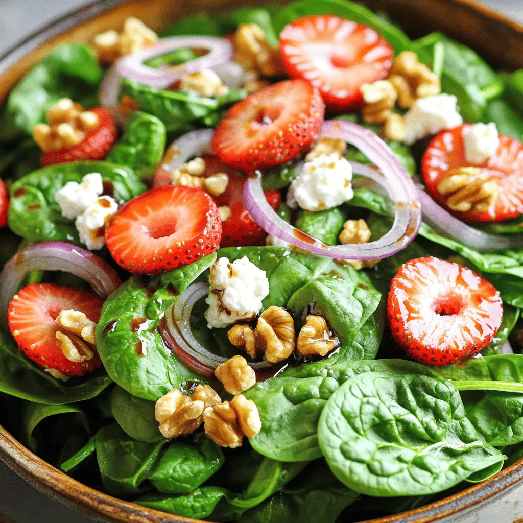 - Fresh spinach leaves - Fresh strawberries - Crumbled goat cheese - Walnuts - Red onion - Balsamic vinegar - Olive oil - Honey - Salt and pepper When you make a Strawberry Spinach Goat Cheese Salad, the ingredients matter a lot. Fresh spinach leaves form a vibrant base. They add a nice crunch and a healthy touch. Then, you need fresh strawberries. These sweet gems balance the salad with their juice and color. You also want crumbled goat cheese. Its creaminess adds depth and richness to every bite. Next, you will need some items from your pantry. Walnuts give a lovely crunch. Toast them for added flavor. A red onion adds a sharp bite, which contrasts the sweet strawberries. Balsamic vinegar brings a tangy note that pulls everything together. The dressing is simple yet delicious. Combine olive oil and honey for a sweet and savory mix. Salt and pepper enhance the flavors. This dressing coats the salad perfectly and makes it shine. For the full recipe and detailed instructions, check out the Full Recipe section. Enjoy making this delightful salad! First, wash and dry your fresh spinach leaves. Make sure they are clean. Next, rinse your strawberries. Hull and slice them into thin pieces. This step is simple but key to good flavor. Now, toast your walnuts. Heat them in a pan over medium heat. Stir them often until they are golden and fragrant. This brings out their nutty taste. Now it’s time to mix your salad. In a large bowl, combine the fresh spinach and sliced strawberries. Make sure to mix them well. Next, sprinkle in the crumbled goat cheese. Then, add the toasted walnuts. Don’t forget to toss in the thinly sliced red onion for some crunch. This creates a lovely blend of colors and textures. For the dressing, grab a small jar or bowl. Whisk together balsamic vinegar, olive oil, honey, salt, and pepper. Mix until it is well combined. This dressing adds a sweet and tangy flavor. Drizzle it over your salad mix. Toss everything gently so the goat cheese stays intact. Taste the salad and adjust the seasoning if needed. Serve immediately to enjoy the fresh flavors. For the complete instructions, check out the Full Recipe. To make your salad shine, you need ripe strawberries. Look for berries that are bright red and firm. Avoid any that have bruises or mold. Ripe strawberries taste sweet and juicy, enhancing the salad's flavor. When it comes to goat cheese, crumbling it can be tricky. Use your fingers to gently break it apart. If it sticks to your hands, wet them slightly. This helps keep the cheese from clumping together. You want nice, fluffy pieces that mix well with the greens. You can change up the dressing for a new twist. Try using lemon juice or yogurt instead of balsamic vinegar. Each adds a fresh taste. If you like it sweeter, add more honey. Just remember to balance the flavors so it isn’t too sweet. Serve the salad in large bowls for family-style dining. For a more elegant touch, use small plates. This makes the dish look fancy. You can also pair it with grilled chicken or fish. Adding slices of avocado gives a creamy texture. {{image_2}} You can change up the cheese if you want. Feta cheese adds a nice salty bite. Blue cheese gives a strong flavor that many love. Try these options to find your favorite. For nuts, walnuts work well, but you can swap them out too. Almonds or pecans add a different crunch. Just toast them for extra flavor. Seasonal fruits can boost your salad. In summer, add juicy peaches or nectarines. Their sweetness pairs well with spinach and cheese. You can also toss in berries like raspberries or blackberries for added taste. Fresh herbs can liven up your salad too. Basil or mint can add a fresh twist. Just chop them finely and mix them in. They bring a new flavor that brightens the dish. This salad can fit many diets. For gluten-free needs, it’s already safe. Just skip any croutons if you decide to add them. If you want a vegan version, swap out the goat cheese. Use avocado or a dairy-free cheese instead. A sprinkle of nutritional yeast can add a cheesy flavor. This way, everyone can enjoy this tasty salad. For the Full Recipe, check the main section above. To keep your salad fresh, store leftovers in an airtight container. This helps seal in flavor. Place the salad in the fridge as soon as you finish eating. Use glass or plastic containers that fit well. Avoid using large bowls, as excess air can make it go bad faster. Can you freeze this salad? No, freezing is not ideal for this dish. Fresh ingredients like spinach and strawberries do not hold up well when frozen. They lose texture and flavor. Instead, make only what you can eat. For best results, prepare the salad fresh each time. Best practices for refreshing the salad include adding new ingredients. If the salad sits too long, it may wilt. Try adding fresh spinach and strawberries to perk it up. You can also drizzle a bit of dressing on top. This keeps the flavors bright. Enjoy your salad fresh for the best taste. For the full recipe, check the link above. This salad lasts about three days in the fridge. Store it in an airtight container. Keep in mind that the spinach can wilt over time. For the best taste, eat it fresh. Yes, you can prep some parts ahead. Wash and slice strawberries and store them separately. You can also chop nuts and make the dressing in advance. Just wait to mix it until you are ready to eat. This keeps everything fresh and crisp. This salad pairs well with grilled chicken or fish. You can also serve it with crusty bread for a light meal. Consider adding a side of fruit for extra flavor and color. For detailed instructions, check the [Full Recipe](#). In this post, we covered how to make a delicious Strawberry Spinach Goat Cheese Salad. We explored fresh ingredients and pantry essentials, plus how to mix and dress the salad. I shared tips for perfecting your dish and offered variations to fit your taste. This salad is simple, fresh, and satisfying. You can enjoy it any time of year. Plus, you can adjust it to meet your needs. With the right storage, leftovers stay tasty too. Enjoy creating this tasty meal!