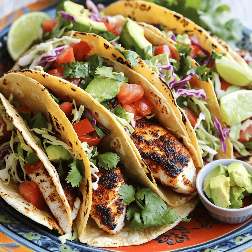 For blackened fish tacos, you need quality fish and spices. Here are the key ingredients: - 1 lb white fish fillets (tilapia, mahi-mahi, or snapper) - 2 tablespoons paprika - 1 tablespoon cayenne pepper - 1 tablespoon garlic powder - 1 tablespoon onion powder - 1 teaspoon dried oregano - 1 teaspoon salt - ½ teaspoon black pepper - 2 tablespoons olive oil The fish is the star. Choose a fresh fillet for the best taste. The spices give the fish a smoky kick. Paprika adds color and flavor. Cayenne brings heat. Garlic and onion powders add depth. Oregano gives a hint of earthiness. Salt and pepper enhance all the flavors. Next, you need tortillas and toppings for your tacos. Here’s what you’ll need: - 8 small corn tortillas - 1 cup shredded cabbage - ½ cup diced tomatoes - ¼ cup chopped fresh cilantro - 1 avocado, sliced - Lime wedges for serving Corn tortillas are traditional for tacos. They hold the fish and toppings well. Shredded cabbage adds crunch. Diced tomatoes bring freshness. Cilantro gives a bright flavor. Sliced avocado adds creaminess. Finally, lime juice adds a zesty touch. Want to kick it up a notch? Consider these optional ingredients: - Hot sauce for drizzling Hot sauce can add more heat. It’s perfect if you love spice. You can drizzle it on top or serve it on the side. For the full recipe, check out the details provided earlier. Enjoy cooking! Start with fresh fish fillets. Rinse them under cold water. This helps remove any residue. Next, pat the fish dry with paper towels. Dry fish cooks better and gets a nice crust. Choose white fish like tilapia, mahi-mahi, or snapper for great flavor. Making the spice mix is simple. In a small bowl, combine paprika, cayenne pepper, garlic powder, onion powder, oregano, salt, and black pepper. This mix adds bold flavor to the fish. Use a whisk or fork to blend the spices well. You can adjust the cayenne for more or less heat. Heat olive oil in a large skillet over medium-high heat. Wait until the oil shimmers but is not smoking. Carefully add the seasoned fish fillets to the hot skillet. Cook for about 3-4 minutes on each side. Look for a dark, crispy crust. The fish should flake easily with a fork. Remove it from the skillet and let it rest. While the fish rests, get your corn tortillas ready. Warm them in a separate pan over medium heat. Heat each side for about 30 seconds. This step makes the tortillas soft and pliable. You can also wrap them in a clean towel to keep warm. Now it’s time to build the tacos! Break the blackened fish into large chunks. Place a few pieces on each warm tortilla. Top with shredded cabbage, diced tomatoes, and avocado slices. Sprinkle fresh cilantro on top for extra flavor. Serve the tacos with fresh lime wedges. Squeeze lime juice over the top for a zesty kick. If you like heat, drizzle with your favorite hot sauce. For a fun presentation, arrange the tacos on a colorful platter. Enjoy your blackened fish tacos with friends and family! For the complete recipe, check out the Full Recipe section. Pick white fish for tacos. Good choices are tilapia, mahi-mahi, or snapper. These fish have a mild taste. They soak up flavors and hold their shape well. Fresh fish is best, but frozen works too. Just make sure to thaw it properly. The spice mix is key to blackened fish tacos. You can adjust it for your taste. If you like heat, add more cayenne. For a milder taste, cut back on it. You can also add herbs like thyme or basil. Feel free to experiment with different spices. A nice presentation makes your tacos stand out. Use a colorful platter to serve them. Arrange tacos neatly and add lime wedges for a pop of color. You can also sprinkle fresh cilantro over the top. A small bowl of hot sauce on the side looks great too. One mistake is overcooking the fish. It should flake easily but not be dry. Another is not warming the tortillas. Warm tortillas make the tacos more enjoyable. Don’t skip the toppings; they add flavor and texture. Lastly, don’t forget to squeeze lime over the tacos before serving. This adds a bright taste. For the full recipe, refer to the previous sections. {{image_2}} You can use many types of fish for blackened tacos. Tilapia, mahi-mahi, and snapper work well. Try salmon or swordfish for a richer flavor. Each fish brings its unique taste and texture. Choose what you like best for a fun twist. To make a vegetarian version, use firm tofu or tempeh. Press the tofu to remove extra water. Then, coat it with the same spice mix. For a vegan option, try jackfruit. The texture mimics fish when cooked. It absorbs the spices well and tastes amazing! Beyond the typical toppings, get creative! Add mango salsa for a sweet kick. Pickled red onions add a tangy crunch. Roasted corn gives a burst of flavor. For heat, jalapeños work great. Mix and match your favorites to create your ideal taco. Sauces can elevate your tacos. A creamy lime sauce adds richness. For spice, try a chipotle mayo. A fresh cilantro sauce brings brightness. You can also make a simple avocado dressing. These sauces can add layers of flavor and make your tacos shine. To keep your blackened fish tacos fresh, store them in an airtight container. Separate the fish and toppings. This helps maintain the taco's crunch. Place the fish in the fridge right after eating. Use the leftovers within two days for the best taste. When you’re ready to eat the leftovers, reheat the fish in a pan. Heat it on medium until warm. This keeps the fish juicy. You can warm the tortillas in a separate pan. This way, they stay soft and pliable. Avoid using the microwave, as it makes them tough. You can freeze blackened fish, but do it right. Wrap the fish tightly in plastic wrap. Then place it in a freezer bag. This prevents freezer burn. Don't freeze the tortillas or toppings. They lose texture and taste when thawed. For best flavor, use frozen fish within three months. Check out the Full Recipe for more tips on enjoying your blackened fish tacos! Blackening seasoning is a mix of spices. It usually includes paprika, cayenne pepper, garlic powder, onion powder, oregano, salt, and black pepper. Each spice brings its own flavor. The paprika adds sweetness, while cayenne gives heat. You can adjust the spices to fit your taste. Yes, you can make blackened fish tacos gluten-free. Just use corn tortillas instead of flour ones. Check the labels on your seasonings to ensure they are gluten-free. Most spices are naturally gluten-free, so you should be safe. If your fish is too salty or spicy, try these tips. Rinse the fish under cold water to remove excess seasoning. Another option is to serve it with a creamy sauce, like sour cream or yogurt. This will help balance out the strong flavors. Blackened fish tacos go well with many sides. Consider serving them with: - Mexican rice - Black beans - Grilled corn - Fresh salsa - A light salad These sides add freshness and help balance the flavors. Yes, you can use frozen fish for this recipe. Just make sure to thaw it first. Thaw the fish in the fridge overnight or place it in cold water for quicker results. Once thawed, pat it dry before seasoning. This helps the spices stick better. For the full recipe, check out the instructions provided earlier! To sum up, this guide covers all you need for tasty blackened fish tacos. We looked at key ingredients, step-by-step cooking, and helpful tips. I shared fun variations and storage advice, too. These tacos are simple to make and customize. Enjoy them with your favorite toppings and side dishes. Dive in and bring the flavors to life!