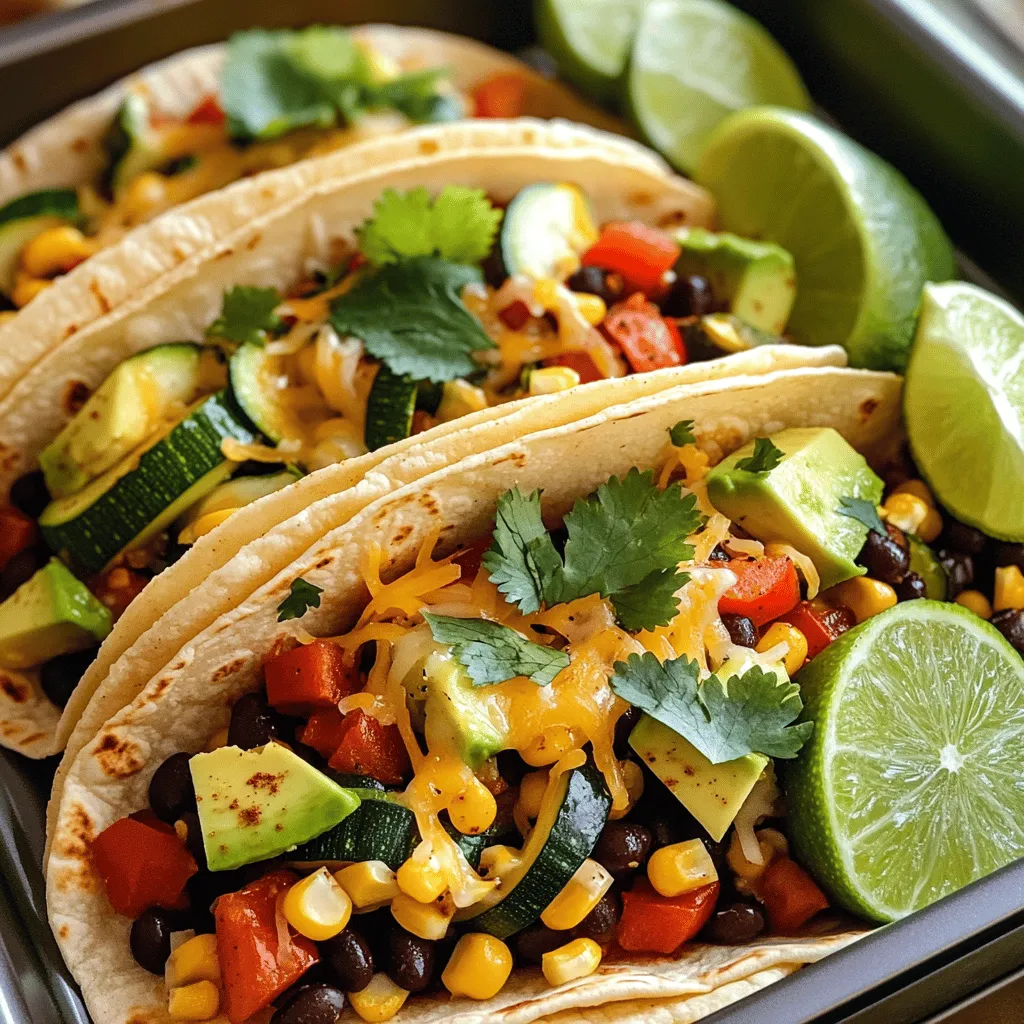 - 1 medium zucchini, diced - 1 red bell pepper, diced - 1 cup corn kernels (fresh or canned) - 1 cup black beans, rinsed and drained - 1 teaspoon cumin powder - 1 teaspoon smoked paprika - Salt and pepper to taste - 1 cup shredded cheese (cheddar or a Mexican blend) - 12 small corn tortillas - 1 tablespoon olive oil - 1 avocado, sliced - Fresh cilantro leaves, for garnish - Lime wedges, for serving These ingredients create a colorful and tasty dish. Fresh veggies bring crunch and flavor. The spices add warmth and depth. You can use canned corn and black beans for easy prep. Choose your cheese for the best taste. I love using a Mexican blend for extra flavor. The small corn tortillas are perfect for holding all that goodness. Warm them up so they’re soft and pliable. Don't forget the avocado and cilantro. They add freshness and a pop of color. Lime wedges are a must for squeezing over the tacos. For the full recipe, check out the detailed steps later. Enjoy making these tacos! - Preheat oven to 400°F (200°C). - Prepare a baking sheet with parchment paper. - Combine diced zucchini, red bell pepper, corn, black beans, cumin, smoked paprika, salt, and pepper in a bowl. - Drizzle with olive oil and toss until coated. - Spread veggie mixture on the baking sheet and bake for 15-20 minutes. - Warm the tortillas in aluminum foil for the last 5 minutes of baking. - Add shredded cheese to the baked veggies and return to the oven for 5 minutes until melted. - Place veggie mixture onto warm tortillas. - Top with sliced avocado and fresh cilantro. Check out the Full Recipe for more details! To get that perfect crunch, bake the veggies until they are tender and slightly caramelized. This slow cooking brings out their natural sweetness and flavor. Make sure to use a baking sheet with a lip. This helps prevent any mess from spills as the veggies cook. Don’t hesitate to experiment with spices! Adding chili powder or garlic powder can really boost the taste. For an extra zesty kick, squeeze some lime juice over the tacos right before you serve them. It brightens up the dish and adds freshness. If you want a dairy-free option, try using vegan cheese or simply skip the cheese. This still keeps your tacos flavorful. You can also mix different types of cheese. Blending cheddar with a Mexican blend gives a nice flavor and texture. For the full recipe, check out the complete guide to Crispy Baked Veggie Tacos! {{image_2}} You can easily boost the protein in your tacos. - Incorporate cooked chicken or tofu for extra protein. - Add quinoa for a hearty twist. These options not only add protein but also change the texture. Cooked chicken offers a tender bite, while tofu gives a soft, chewy taste. Quinoa adds a nutty flavor and a nice crunch. You can switch up the veggies for more flavor. - Substitute yellow squash, red onion, or spinach for variety. - Use seasonal veggies for unique flavors year-round. Using different vegetables keeps your tacos exciting. Yellow squash adds a sweet touch, and red onions bring a nice bite. Spinach adds color and nutrition. Seasonal veggies like bell peppers or fresh corn can brighten your dish. Making your own tortillas is fun and tasty. - Explore making your own corn tortillas for a fresher taste. - Use whole wheat tortillas as a healthier option. Homemade tortillas can elevate your tacos. They taste fresh and soft. Whole wheat tortillas give you more fiber and a heartier flavor. If you want to try making your own, it’s easier than you might think! Just mix masa harina with water, shape them, and cook. For the full recipe, check out the main article. Store leftover tacos in an airtight container for up to 3 days. This helps keep the flavors fresh. To maintain the best taste, keep veggies and tortillas separate. This way, the tortillas won’t get soggy. You can freeze taco filling in a freezer-safe bag for up to 2 months. Make sure to remove as much air as possible to avoid freezer burn. When you’re ready to eat, just reheat it in the oven or stovetop. This method keeps the texture nice and tasty. For a crispy finish, reheat in an oven or air fryer. This method revives the crunch. You can also microwave them, but use a damp paper towel. This keeps the moisture in, so they don’t dry out. Enjoy your tacos just like they were fresh! If you want the full recipe, check out the details above! Yes, you can prepare the veggie mixture and store it until ready to bake. This saves time on busy nights. Just keep it in the fridge. When you’re ready, bake it fresh for a tasty meal. Flour tortillas, lettuce wraps, or other preferred alternatives can be used. Each option gives a different taste and texture. For a lighter version, try lettuce wraps. Yes, if corn tortillas are used, they are gluten-free. Always check labels if you buy store-made tortillas. This dish can fit into many diets, making it a great choice. Add diced jalapeños, chili flakes, or hot sauce to the veggie mixture. These spices add heat without overpowering the flavors. Start with a little, taste, and adjust as needed. Yes, frozen vegetables work well; just adjust baking time as needed. Frozen veggies are often picked at peak freshness. They can save time and still taste great in your tacos. Check out the recipe for details on calories, fats, and other nutrition facts. This will help you track your intake based on the ingredients you use. Making Crispy Baked Veggie Tacos is easy and fun. You’ve learned how to prepare fresh veggies and tasty seasonings. Baking gives them a nice crunch, while toppings add great flavor. Feel free to swap ingredients or add proteins to suit your taste. Store leftovers well, so you enjoy them later. It's a simple meal that brings good nutrition and great taste. Enjoy your cooking and share these delicious tacos with others!