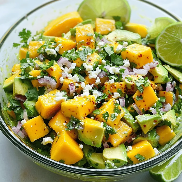 - 1 ripe mango, diced - 2 avocados, diced - 1 small red onion, finely chopped - 1 red chili, deseeded and minced - 2 tablespoons fresh lime juice - 1 tablespoon olive oil - Salt and pepper to taste - 1/4 cup cilantro, chopped - 1/4 cup crumbled feta cheese When I make my Mango Avocado Salad, I start with fresh, ripe mango. This fruit adds a sweet and juicy taste. I choose avocados that are soft, but not too mushy. They bring creaminess and richness. I also include red onion for crunch and a bit of bite. The red chili gives a nice kick without being too hot. For the dressing, I squeeze fresh lime juice. The lime adds brightness to the salad. A drizzle of olive oil gives it a smooth finish. I always season with salt and pepper to enhance the flavors. If I want to add more flair, I toss in chopped cilantro. It adds freshness and a pop of color. Sometimes, I sprinkle crumbled feta cheese on top. This adds a salty, creamy contrast to the sweet mango and rich avocado. You can find the full recipe [here]. 1. Start with the mango. Slice it into thin strips, then dice it into small cubes. A ripe mango is key for great flavor. 2. Next, take the avocados. Cut them in half, remove the pit, and scoop out the flesh. Dice the avocado into similar-sized cubes as the mango. 3. Now, chop the red onion. Use a small knife to finely chop it. Aim for small pieces to blend well in the salad. 4. Lastly, take the red chili. Cut it open, remove the seeds, and mince it finely. This adds a nice kick to the salad. 1. Grab a large mixing bowl. Combine the diced mango and avocados carefully. This avoids mashing the avocados. 2. Next, add the chopped red onion and minced chili to the bowl. This adds crunch and warmth to the mix. 3. In a small bowl, whisk together the fresh lime juice and olive oil. This dressing ties all the flavors together. 4. Drizzle the dressing over the fruit and vegetables in the mixing bowl. 1. Gently toss all the ingredients. Ensure everything gets coated in the dressing. 2. Season the salad with salt and pepper to taste. This brings out the flavors. 3. Fold in the chopped cilantro for freshness. If you like, sprinkle crumbled feta on top for a creamy finish. 4. Let the salad sit for about five minutes. This allows the flavors to meld nicely before serving. Try this Mango Avocado Salad for a fresh and tasty meal. Follow the [Full Recipe] for all details! How to prevent avocado browning: To keep your avocados fresh and green, use lime juice. The acid in lime juice slows browning. Squeeze some lime juice over the cut avocado right away. If you can, store the salad in an airtight container. This helps keep air out and keeps your salad looking bright. Keeping the salad from becoming mushy: Be gentle when mixing. Over-mixing can turn the salad into mush. Toss the ingredients lightly to keep the avocado and mango chunks intact. You can also chill the salad before serving. This keeps it firm and fresh. Best pairings with Mango Avocado Salad: This salad goes great with grilled chicken or fish. The fresh flavors balance well with rich proteins. You can also serve it with tortilla chips for a fun twist. The crunch of the chips adds a nice texture. Creative presentation ideas: Serve the salad in a clear glass bowl. This shows off the bright colors of the mango and avocado. You can also add lime wedges and cilantro on top for a pop of color. Use a large platter for a family-style presentation. Recommended utensils for easy preparation: A good chef's knife is key for dicing mango and avocado. A cutting board makes chopping easy and safe. Use a mixing bowl that’s large enough to toss the salad without spilling. Serving dishes for a beautiful presentation: Choose a wide, shallow bowl for serving. This allows guests to see all the vibrant colors. A wooden serving spoon is perfect for scooping. It adds a rustic touch to your table. For the full recipe, check out the Tropical Twist Mango Avocado Salad. {{image_2}} If you can't find ripe mango, try using peaches or pineapple. Both fruits bring sweetness and a tropical feel. If avocados are not available, you can use creamy tahini or hummus for a similar texture. For a vegan option, skip the feta cheese. Instead, sprinkle some toasted sunflower seeds for crunch and nutrition. To add some spice, mix in chopped jalapeños or a dash of cayenne pepper. Fresh herbs like basil or mint can brighten the salad. If you want to change the cheese, consider goat cheese or even a sprinkle of Parmesan for a unique twist. These options elevate the taste without losing the fresh vibe. In summer, toss in some fresh berries like strawberries or blueberries for a burst of color. In fall, diced apples or pears make a lovely addition. For holiday meals, you can mix in roasted sweet potatoes or pomegranate seeds for a festive touch. These fruits and veggies not only enhance flavor but also make the salad visually appealing. For the full recipe, check out the Tropical Twist Mango Avocado Salad 🥭🥑. To keep your Mango Avocado Salad fresh, store it in an airtight container. This helps prevent air from making the salad brown. Place the container in the fridge. The ideal temperature for the fridge is around 35°F to 38°F (1.6°C to 3.3°C). Use the salad within two days for the best taste. Can you freeze Mango Avocado Salad? I do not recommend freezing this salad. The texture of the avocado and mango changes when frozen. If you freeze it, the salad may become mushy when thawed. It's best to enjoy it fresh. If you have leftovers, store them in the fridge instead. How long can you keep the salad? You can keep it in the fridge for up to two days. Signs that the salad has gone bad include a sour smell, brown avocado, or slimy texture. If you see any of these signs, it’s best to toss the salad. Always trust your senses when checking food freshness. It takes just 15 minutes to make this salad. You spend 10 minutes prepping the ingredients. This includes dicing the mango and avocados, chopping the onion, and mincing the chili. The rest of the time is for mixing everything together. It's quick, fresh, and perfect for busy days. Yes, you can prepare this salad in advance. To keep it fresh, chop the mango and avocado just before serving. You can mix the other ingredients and make the dressing ahead of time. Store them in the fridge. Just combine everything when you are ready to eat. This way, the salad stays bright and tasty. Mango and avocado offer lots of health benefits. Mango is rich in vitamins A and C. It helps your immune system and supports skin health. Avocado is full of healthy fats and fiber. It can help with digestion and heart health. Together, they make a nutritious and delicious addition to your meals. Absolutely! You can add protein to make it more filling. Grilled chicken works well and adds a nice flavor. Shrimp is another great choice, offering a light taste. If you're vegan, try adding tofu for a protein boost. Just cook your protein in a simple way to keep the flavors bright. Check out the Full Recipe for more ideas! This article covers how to make a delicious Mango Avocado Salad. We explored the key ingredients like ripe mango, avocado, and red onion. You learned how to mix the salad and make a tasty dressing. I shared tips to avoid common mistakes and ideas for serving. You can also experiment with variations and learn storage details. Enjoy making this salad as a healthy addition to your meals. It’s easy to prepare, tasty, and good for you. Now, get creative and customize it to fit your taste!