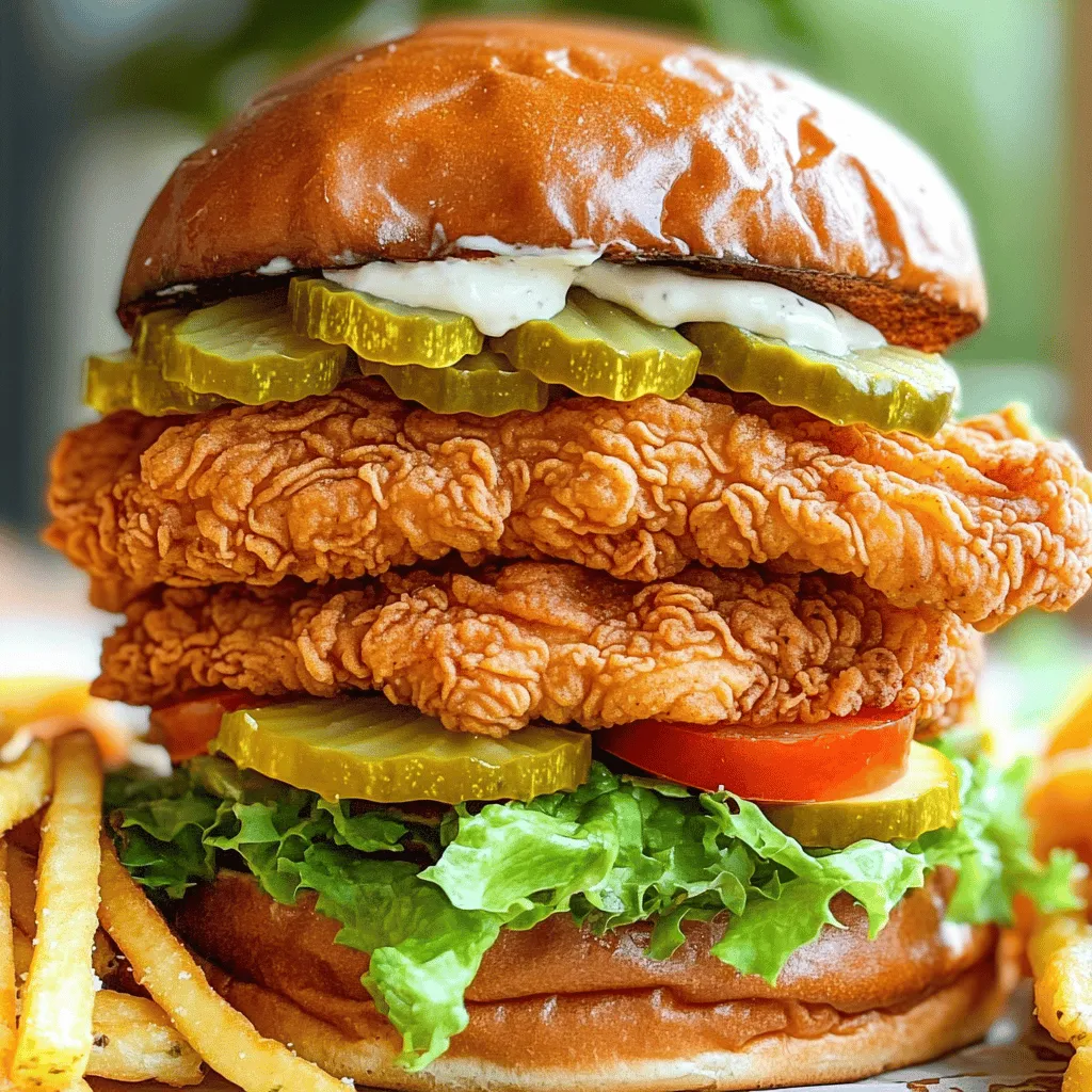 - 2 large chicken breasts - 1 cup buttermilk - 1 cup all-purpose flour - Spices: paprika, garlic powder, onion powder, cayenne pepper - Salt and pepper to taste - 4 burger buns - Lettuce leaves, sliced tomatoes, dill pickles - 2 tablespoons mayonnaise - Vegetable oil for frying The secret to a great crispy fried chicken sandwich lies in your ingredients. First, you need chicken breasts. Use two large ones for the best size and flavor. Next, add buttermilk to make your chicken juicy and tender. For the breading, combine flour with spices. I love paprika, garlic powder, onion powder, and a bit of cayenne for heat. Make sure you add salt and pepper to taste for extra flavor. Lastly, for the sandwich itself, grab four burger buns. Freshness matters! You will also need crunchy lettuce, juicy sliced tomatoes, and tangy dill pickles. Don't forget the mayonnaise; it ties everything together. Vegetable oil is crucial for frying, too. This simple ingredient list will help you create a crispy fried chicken sandwich that is both delightful and satisfying. For the full recipe, check out the detailed instructions. Start by taking your chicken breasts. Place them in a large bowl. Pour in the buttermilk until the chicken is fully submerged. Cover the bowl tightly and put it in the fridge. Let it marinate for at least two hours. For even better flavor, marinate overnight. This makes the chicken tender and juicy. Next, grab a separate bowl. In this bowl, mix the flour, paprika, garlic powder, onion powder, cayenne pepper, salt, and pepper. Stir it well to combine all the flavors. This will be your crispy coating. Make sure everything is evenly mixed. This step is key to achieving that perfect crunch. Now, it’s time to heat the oil. Use a deep skillet or frying pan. Pour in enough vegetable oil to cover about two inches of the bottom. Heat it over medium-high heat until it reaches about 350°F. You can test it by dropping a small bit of flour in the oil. If it sizzles, you’re ready! Take the chicken out of the buttermilk. Let the excess liquid drip off. Dredge each piece in the flour mixture. Press it firmly so that the coating sticks well. Carefully place the chicken in the hot oil. Don’t overcrowd the pan; this ensures even cooking. Fry each side for 5 to 7 minutes until golden brown. Check that the internal temperature reaches 165°F for safety. Once the chicken is cooked, transfer it to a wire rack or a plate lined with paper towels. Let it rest for about 5 minutes to drain the oil. While it rests, toast the burger buns until they are golden brown. Spread mayonnaise on the bottom half of each bun. Layer with lettuce, a fried chicken breast, slices of tomato, and dill pickles. Finally, place the other half of the bun on top. Enjoy your crispy fried chicken sandwich! For the full recipe, check out the detailed instructions. To get that perfect crunch, follow these steps: - Marinate Well: Use buttermilk to tenderize the chicken. The longer, the better. - Dry the Chicken: After marinating, let the chicken dry a bit. This helps the coating stick. - Coat Generously: Press the chicken into the flour mix. Make sure it covers all sides. - Hot Oil: Heat the oil to 350°F. This temperature is key for crispiness. - Don’t Overcrowd: Fry in batches. Too much chicken cools the oil and makes it soggy. You can elevate your sandwich with these tasty ideas: - Toppings: Add avocado slices or crispy bacon for extra flavor. - Sauces: Try hot sauce, sriracha mayo, or honey mustard for a kick. - Cheese: A slice of cheddar or pepper jack adds creaminess and zest. - Pickles: Use spicy pickles for a tangy crunch that boosts flavor. Make your meal special with these serving ideas: - Classic Sides: Serve with crispy fries or coleslaw for a great combo. - Presentation: Stack the sandwich high and place it on a colorful plate. - Garnish: Add fresh herbs like parsley or cilantro for a pop of color. - Extra Dips: Offer a small bowl of ranch or blue cheese dressing for dipping. Try these tips to make your crispy fried chicken sandwich even better! For the complete guide, check the Full Recipe. {{image_2}} You can make your crispy fried chicken sandwich spicy. Just add heat with spices or sauces. Try using extra cayenne pepper in the breading. You can also use spicy sauces like sriracha or hot sauce. Mix these into the mayonnaise for a creamy kick. This adds flavor and a nice zing to your sandwich. If you want a healthier version, consider baking the chicken. Preheat your oven to 400°F (200°C). Coat the chicken with the same spices but use less oil. Place the chicken on a baking sheet lined with parchment paper. Bake for about 20-25 minutes, or until golden and cooked through. You can also use whole wheat buns or swap out the mayonnaise for avocado spread. For a vegan or vegetarian twist, use plant-based chicken alternatives. Brands like Beyond Meat or Gardein offer great options. You can also make a chickpea patty. Mash chickpeas and mix with spices and breadcrumbs. Then, fry or bake until crispy. Serve it just like the chicken sandwich, with all your favorite toppings. This way, everyone can enjoy a tasty sandwich! To store your crispy fried chicken sandwich, place it in an airtight container. You can keep it in the fridge for up to three days. If you separate the components, the chicken stays crispier. Store the chicken, buns, and toppings in different containers. This way, the sandwich won't get soggy. To reheat the chicken, use your oven. Preheat it to 375°F (190°C). Place the chicken on a baking sheet. Bake for 10 to 15 minutes. This method keeps the chicken crispy. You can also use an air fryer for a quicker option. Set it to 350°F (175°C) and heat for about 5 minutes. If you want to freeze the chicken, first let it cool completely. Wrap each piece tightly in plastic wrap. Then, place the wrapped chicken in a freezer bag. It can stay frozen for up to three months. When you’re ready to use it, thaw it in the fridge overnight before reheating. This keeps the chicken juicy and tasty. For the full recipe, check out the Crispy Fried Chicken Sandwich details above. Yes, you can use chicken thighs. Thighs have more fat and flavor. They stay juicy during cooking. Prepare them the same way as the breasts. Just adjust cooking time as thighs may take a bit longer. To check if the chicken is cooked, use a meat thermometer. Insert it into the thickest part of the chicken. It should read 165°F or 75°C. This ensures the chicken is safe to eat. If you don't have a thermometer, cut into the chicken. It should not be pink inside. You can serve crispy fries, coleslaw, or a fresh salad. These sides balance the sandwich's flavors. For drinks, iced tea, lemonade, or beer work well too. They complement the meal nicely. Yes, you can make this sandwich dairy-free. Use a dairy-free milk like almond or soy for marinating. Replace buttermilk with these alternatives. For mayonnaise, choose a dairy-free version. This way, everyone can enjoy the sandwich! In this article, we covered how to make a crispy fried chicken sandwich. You learned about the key ingredients like chicken, the breading mixture, and tasty toppings. I shared step-by-step cooking tips and fun variations, plus how to store leftovers properly. Remember, you can customize this recipe to fit your taste, whether you want spicy or healthier options. Enjoy creating your perfect sandwich!