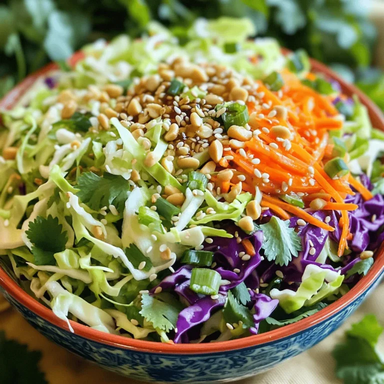 - 4 cups green cabbage, finely shredded - 1 cup purple cabbage, finely shredded - 1 cup carrots, grated - 1 cup red bell pepper, thinly sliced - 1/2 cup green onions, chopped - 1/4 cup fresh cilantro, chopped - 1/2 cup chopped peanuts or cashews - 1/4 cup sesame seeds - 1/4 cup rice vinegar - 2 tablespoons soy sauce (or tamari for gluten-free) - 1 tablespoon sesame oil - 1 tablespoon honey or agave syrup - 1 teaspoon grated ginger - 1 teaspoon garlic powder - Salt and pepper to taste To make the Crunchy Asian Slaw, gather all your fresh vegetables first. You want bright colors and crisp textures. The green and purple cabbages add crunch and a pop of color. Grated carrots bring sweetness, while red bell pepper adds a nice bite. Green onions and cilantro give it that fresh taste. Next, don't forget the crunchy add-ins. You need peanuts or cashews for texture. They will give your slaw a delightful crunch. Sesame seeds are a must as well; they add a nutty flavor. Now, let’s talk about the dressing. This is where the magic happens. Rice vinegar gives it tang, while soy sauce adds saltiness. Sesame oil brings a warm, rich taste. Honey or agave syrup balances the flavors with a touch of sweetness. Grated ginger and garlic powder add depth. Finally, season with salt and pepper to taste. Mixing all these elements creates a fresh and flavorful side dish. You will love how easy it is to make this dish from the [Full Recipe]. - Combine green cabbage, purple cabbage, grated carrots, red bell pepper, green onions, and cilantro. - Toss well to mix all the vegetables evenly. Start by shredding the cabbage into thin strips. Use a sharp knife or a food processor for speed. Next, grate the carrots or buy pre-grated ones to save time. Slice the red bell pepper into thin strips. Chop the green onions and cilantro finely. Mixing various colors makes the slaw eye-catching and tasty. - In a smaller bowl, whisk together rice vinegar, soy sauce, sesame oil, honey, grated ginger, and garlic powder. - Add salt and pepper to taste. For the dressing, grab a small bowl. Add rice vinegar, soy sauce, sesame oil, honey, grated ginger, and garlic powder. Whisk these together until they blend well. Taste and add salt and pepper to make it just right. This dressing brings a burst of flavor to your slaw. - Pour the dressing over the vegetable mixture and toss gently. - Let the slaw sit for 10-15 minutes before serving. Now, pour the dressing over your colorful vegetable mix. Toss gently so that every piece gets coated. Let the slaw sit for 10-15 minutes. This helps the flavors blend and softens the veggies slightly. For added crunch, top with chopped peanuts or cashews and sesame seeds. You can find the full recipe above to guide you through! To make your slaw prep easy, start with the cabbage. Use a sharp knife to slice the cabbage into quarters. Cut out the core first. Then, lay each quarter flat. Slice thin strips for a nice shred. For the carrots, use a box grater or a food processor. This saves time and gives even shreds. When chopping bell peppers, cut off the top and bottom first. Use a knife to slice down the side and open it up. Remove the seeds and white parts. Then, cut into thin strips. For onions, slice off the ends, peel the skin, and cut them in half. Lay each half flat and slice thinly for great texture. To add a punch to your slaw, try spices like chili flakes or crushed garlic. Fresh herbs like mint or basil can also brighten the dish. You can mix in a little sesame seed oil for depth. Remember, balance is key! Taste your dressing before pouring it on. Adjust with more vinegar or honey if needed. This keeps the flavors in harmony. You can change the crunch by adding more nuts or seeds. Peanuts or cashews give a nice bite, while sesame seeds add a delicate crunch. If you want more veggies, try adding radishes or jicama. These add extra crunch and a fresh taste. Just chop them finely to mix well into your slaw. Try these tips to make your Crunchy Asian Slaw shine. For the full recipe, check the link. {{image_2}} You can add protein to your slaw. Chicken, tofu, or shrimp work great. This makes it more filling. You can also try other veggies. Cucumber, snap peas, or radishes add nice crunch. Each of these choices brings new flavors. Feel free to mix and match! Want a little heat? Add sriracha or chili flakes for a spicy kick. It gives the slaw a whole new vibe. For a creamy version, you can mix in mayonnaise or yogurt. This will add a rich texture that some people love. Both options change the taste and feel of the dish. This recipe is easy to adapt. For a gluten-free option, use tamari instead of soy sauce. You can make it vegan by skipping honey and using agave syrup. If you have nut allergies, just leave out the peanuts or cashews. The slaw will still taste great without them. Enjoy customizing it to fit your needs! To keep your crunchy Asian slaw fresh, store it in the fridge. Use an airtight container. This will help keep the veggies crispy and the flavors bright. If you have extra dressing, store it separately. This way, your slaw won’t get soggy. When stored properly, your slaw lasts about three days in the fridge. After that, the veggies may start to lose their crunch. Signs that your slaw has spoiled include a sour smell or a slimy texture. If you see these signs, it’s best to toss it. You can freeze the crunchy slaw if you want to keep it longer. Start by placing it in a freezer bag. Remove as much air as you can before sealing. To thaw, place the bag in the fridge overnight. After thawing, you may want to add fresh dressing to revive the flavor. Crunchy Asian slaw is a fresh salad made with crisp vegetables. It often includes: - 4 cups green cabbage, finely shredded - 1 cup purple cabbage, finely shredded - 1 cup carrots, grated - 1 cup red bell pepper, thinly sliced - 1/2 cup green onions, chopped - 1/4 cup fresh cilantro, chopped - 1/2 cup chopped peanuts or cashews - 1/4 cup sesame seeds The flavor profile is bright and tangy. The rice vinegar and soy sauce add a nice zing. Yes, you can make this slaw a day ahead. For meal prep: - Mix the vegetables and store them in a container. - Keep the dressing separate to maintain crunch. - Combine before serving for the best texture. This slaw pairs well with many dishes. Consider serving it with: - Grilled chicken or fish - Asian-inspired tacos - Stir-fried noodles - BBQ pork or tofu These main dishes balance the slaw's flavors and textures. To tone down the tanginess, adjust the dressing. Try these tips: - Use less rice vinegar, about 2 tablespoons. - Add a bit more honey or agave syrup. - Increase the sesame oil slightly for richness. These changes will create a milder flavor that many enjoy. You can find the full recipe for this Crunchy Asian slaw to experiment further. In this post, we explored how to make Crunchy Asian Slaw. We tackled the ingredients, the step-by-step instructions, and helpful tips. You learned about flavor twists and dietary options to suit all needs. Remember, this slaw is not just a side; it's a vibrant dish full of taste and texture. With simple changes, you can make it your own. Enjoy your crunchy creation and feel free to share it with friends!